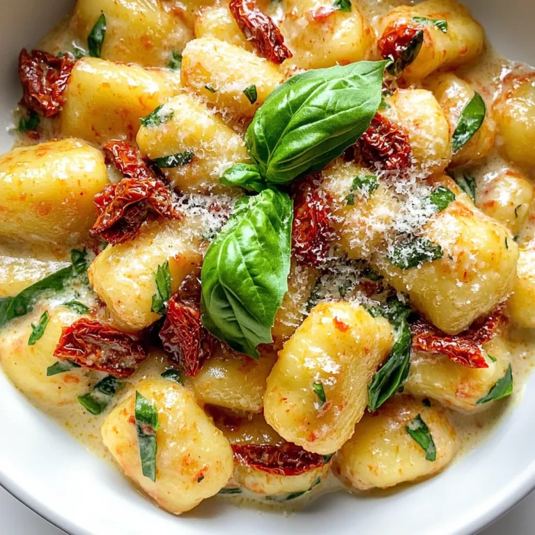 - 1 pound store-bought gnocchi - 1 cup sun-dried tomatoes packed in oil, drained and chopped - 1 cup heavy cream - 1/2 cup grated Parmesan cheese - 2 tablespoons olive oil - 2 cloves garlic, minced - 1 teaspoon dried basil - 1/4 teaspoon red pepper flakes (optional) - Salt and pepper to taste - Large pot - Skillet - Wooden spoon - Strainer Gather these items before you start. Store-bought gnocchi makes this dish simple and quick. Sun-dried tomatoes add a rich flavor. Heavy cream gives it a nice, smooth texture. For tools, a large pot is key for boiling gnocchi. A good skillet helps sauté the garlic and tomatoes. Use a wooden spoon to mix everything gently. A strainer is useful for draining the gnocchi after cooking. With these ingredients and tools ready, you're set for a delicious meal! {{ingredient_image_1}} To cook the gnocchi, start with a large pot of salted water. Bring the water to a boil. When it bubbles, add the gnocchi. They will sink first but will float up when done. This takes about 2 to 3 minutes. Once they float, drain them and set aside. Use a large skillet for this step. Heat olive oil over medium heat. Once hot, add minced garlic. Sauté for about 1 minute. Stir often, so the garlic does not burn. After that, add the chopped sun-dried tomatoes. Cook for another 2 minutes. This lets the tomatoes give their flavor to the oil. Pour heavy cream into the skillet next. Stir well to mix it with the oil and tomatoes. Bring the mixture to a gentle simmer. Add dried basil, red pepper flakes, salt, and pepper for flavor. Let it simmer for 3 to 4 minutes until it thickens a bit. This makes a nice, creamy sauce. Now, add the cooked gnocchi to the skillet. Gently toss them in the creamy sauce. Make sure each gnocchi is covered. Then, stir in grated Parmesan cheese. Keep stirring until it melts and blends well. Taste and adjust seasoning if needed. To serve, use shallow bowls. This makes the dish look nice. Garnish with fresh basil leaves. You can also sprinkle more Parmesan on top. Drizzle a bit of olive oil for extra flavor. Pair it with a simple salad or garlic bread for a complete meal. To avoid mushy gnocchi, cook them quickly. Boil your water and add salt. When the gnocchi float, they are done. Drain them right away. If you cook them too long, they will break apart. If you live at a higher altitude, watch your cooking time. Water boils at a lower temperature. This means gnocchi may need a minute or two less. Always check for doneness by looking for that float! To boost flavor, think about adding fresh herbs. Chopped parsley and thyme add brightness. You can also use rosemary for a more earthy taste. Mix and match to find your favorite! You might want to try different cheeses, too. While Parmesan is great, goat cheese or ricotta can give a nice twist. Each cheese adds its own charm to your dish. One common mistake is overcooking ingredients. Garlic should be fragrant, not burnt. Keep an eye on it while sautéing. If you overdo it, the taste can become bitter. Another mistake is misjudging seasoning. Taste your sauce before serving. You may need more salt or pepper to make it pop. Adjust as needed to suit your taste. Pro Tips Use Fresh Ingredients: Whenever possible, opt for fresh sun-dried tomatoes and high-quality Parmesan cheese to enhance the flavor of your dish. Adjust Creaminess: If you prefer a lighter sauce, you can substitute half of the heavy cream with whole milk or vegetable broth. Customize the Spice Level: Feel free to adjust the amount of red pepper flakes to suit your heat preference or omit them altogether for a milder dish. Garnish Creatively: In addition to fresh basil, consider adding a sprinkle of toasted pine nuts or a squeeze of lemon juice for an extra layer of flavor. {{image_2}} You can add protein to your creamy sun-dried tomato gnocchi. Chicken or shrimp both work well. Cook small pieces of chicken in the skillet before adding garlic. For shrimp, add them just before pouring in the cream. They only need a few minutes to cook. If you prefer a vegetarian dish, try using chickpeas or sautéed mushrooms. They add great texture and flavor. If you need a gluten-free option, use gluten-free gnocchi. Many stores sell it now, and it tastes great! For the cream, you can use coconut cream or almond milk. These options keep your dish creamy and tasty without gluten. You can change the flavors with seasonal vegetables. Try adding spinach or bell peppers for color and nutrients. Just stir them in with the garlic. You can also switch sauces. Instead of cream, consider a tomato-based sauce for a fresh twist. This keeps the dish exciting and highlights different flavors. To keep your creamy sun-dried tomato gnocchi fresh, store it in an airtight container. Let it cool to room temperature before sealing. This helps prevent moisture build-up. You can keep it in the fridge for about 3 to 5 days. Just make sure to check for any signs of spoilage before using. When reheating, you have two good options: stovetop or microwave. I prefer the stovetop for better taste. Heat a pan over medium-low heat, then add the gnocchi. Stir often to warm it evenly. If using a microwave, place it in a bowl and cover it with a damp paper towel. This keeps it from drying out. Heat in short bursts, stirring in between. You can freeze the gnocchi dish for longer storage. To freeze, let it cool completely. Then, transfer it to a freezer-safe container. Make sure to leave some space for expansion. It can last for about 2 to 3 months in the freezer. When ready to eat, thaw the gnocchi in the fridge overnight. Reheat gently on the stovetop or microwave, adding a splash of cream to restore its richness. Yes, you can use homemade gnocchi. Homemade gnocchi offers a fresh taste. It also has a softer texture. Store-bought gnocchi is quick and easy, making it great for busy nights. But if you have time, homemade adds a special touch. If you want a lighter option, use half-and-half or whole milk. You can also try coconut cream for a dairy-free choice. Another option is using cashew cream. These alternatives will change the flavor slightly. But they still work well in the sauce. To avoid curdling, keep the heat low when you add cream. Stir the sauce gently and often. Adding cream slowly helps too. If the sauce gets too hot, it can curdle. Always watch the heat to help keep the sauce smooth. Yes, you can make this recipe vegan. Use vegan gnocchi and swap heavy cream for coconut milk. Nutritional yeast can replace Parmesan cheese for a cheesy flavor. Also, use olive oil instead of butter. With these changes, your meal will still be rich and tasty. This blog post guided you through creating a delicious gnocchi dish. We covered the main ingredients, cooking methods, and tips for perfect texture and flavor. Keep in mind the variations you can make based on your preferences. Don't forget to store your leftovers properly for later enjoyment. With these steps, you’ll impress anyone with your tasty creation. Enjoy every bite of your homemade meal and share it with friends!