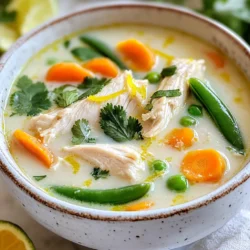 - 1 lb chicken breasts (boneless, skinless) - 1 can coconut milk - 4 cups chicken broth - 1 cup carrots - 1 bell pepper - 1 cup snap peas - 2 tablespoons fresh lime juice - Zest of 1 lime - 1 tablespoon ginger - 2 cloves garlic - 2 tablespoons soy sauce - 1 tablespoon olive oil - Fresh cilantro - Salt and pepper Gathering your ingredients is the first step to making this soup. Start with 1 pound of boneless, skinless chicken breasts. Dice them into bite-sized pieces. This helps them cook evenly. Next, grab a can of coconut milk. This will add a creamy texture and rich flavor. You will also need 4 cups of chicken broth. It forms the soup's base. Chop 1 cup of carrots and 1 bell pepper. You can choose any color for the bell pepper. Both add color and crunch. For a fresh pop, get 1 cup of snap peas. Trim them before adding them to the soup. You will need 2 tablespoons of fresh lime juice and the zest of 1 lime. These add a bright, tangy flavor. To spice up your soup, use 1 tablespoon of minced ginger and 2 cloves of minced garlic. Add 2 tablespoons of soy sauce for depth and umami. Lastly, grab 1 tablespoon of olive oil for sautéing. Don't forget fresh cilantro for garnish. Make sure you have salt and pepper to taste. Adjust these to your liking for the perfect finish. {{ingredient_image_1}} First, heat the olive oil in a large pot over medium heat. Add the minced garlic and ginger. Sauté them for about 1-2 minutes. You want to cook them until they smell good. This mix of garlic and ginger creates a fragrant base. It adds depth and flavor to the soup. A strong aroma makes your soup taste even better. While the aromatics cook, take your chicken breasts. Dice them into small pieces. Once the garlic and ginger are fragrant, add the chicken to the pot. Cook it for 5-7 minutes until it turns white. Make sure the chicken is no longer pink. Checking for doneness is key. You want it safe to eat and tender. Now it’s time to combine the ingredients. Pour in the chicken broth and coconut milk. Stir the mix well. Bring it to a gentle simmer. This helps the flavors meld together. After that, add the sliced carrots and bell pepper. Let it simmer for another 5 minutes. This timing helps the veggies soften just right. Next, stir in the snap peas, lime juice, lime zest, and soy sauce. Allow the soup to simmer for an additional 3-4 minutes. This last step brings everything together. The soup should be hot and ready to enjoy. Season it with salt and pepper to your taste. Feel free to adjust the lime juice or soy sauce as you like. To make your soup shine, adjusting the lime juice and soy sauce is key. Start with the amounts given in the recipe. You can always add more later. If you want a stronger lime taste, squeeze in more juice. For saltiness, add a touch more soy sauce. Taste as you go! Trimming fat can help if you're watching your diet. Use skinless chicken and low-fat coconut milk. This will keep the soup light while still tasting great. If you want to switch things up, there are great alternatives for chicken. You can try shrimp or tofu for a tasty twist. Both options cook quickly and absorb flavors well. Dairy-free options are easy to find. The coconut milk in this recipe is already dairy-free. Just make sure any other ingredients, like broth, are also dairy-free. For garnish, fresh cilantro adds color and flavor. Sprinkle it on top just before serving. Lime wedges on the side are a nice touch too. They allow guests to add more zing! When serving, use warm bowls to keep the soup hot. Adding extra lime zest on top creates a great look. This small detail makes a big difference in presentation. Pro Tips Use Fresh Ingredients: Fresh herbs and vegetables enhance the flavor of the soup significantly, making it more vibrant and delicious. Adjusting Spice Level: If you prefer a spicier soup, add some red pepper flakes or sliced chili peppers for an extra kick. Meal Prep Friendly: This soup can be made in advance and stored in the refrigerator for up to 3 days. Reheat gently on the stove before serving. Serving Suggestions: Consider serving the soup with a side of jasmine rice or crusty bread to soak up the delicious broth. {{image_2}} You can switch out the chicken for shrimp or tofu. Shrimp cooks fast, so add it last. Just toss it in when the soup simmers. Tofu is great for a plant-based dish. Use firm tofu for the best texture. Cut it into cubes and sauté it with garlic and ginger. Feel free to add more veggies to your soup. Zucchini, mushrooms, or spinach work well too. You can mix in seasonal veggies. In summer, try corn or cherry tomatoes. In winter, add root vegetables like parsnips or turnips for a hearty touch. If you like heat, toss in some chilies or hot sauce. Fresh chilies add a bright flavor. You can slice them thin or leave them whole for a milder heat. Hot sauce also works well. Start with a small amount, then adjust to your taste. To keep your Coconut Lime Chicken Soup fresh, follow these steps: - Refrigeration tips: Let the soup cool to room temperature. Then, transfer it to a container. Use an airtight container to keep it fresh. Store it in the fridge for up to four days. - Containers suited for soup: Use glass containers or BPA-free plastic ones. Make sure they have tight-fitting lids. This helps prevent spills and keeps the soup flavorful. You can freeze Coconut Lime Chicken Soup for later use. Here’s how: - How to freeze and reheat: First, let the soup cool completely. Pour the soup into freezer-safe bags or containers. Be sure to leave some space at the top for expansion. To reheat, thaw it in the fridge overnight. Heat on the stove over low heat until warm. - Best practices for preserving flavor: Add a squeeze of fresh lime juice after reheating. This will brighten the flavors. Avoid freezing the soup with garnishes, like cilantro, to keep them fresh. Knowing how long your soup lasts is key: - Timeframes for freshness in fridge/freezer: In the fridge, Coconut Lime Chicken Soup lasts about four days. If you freeze it, it stays good for up to three months. Always check for any off smells or changes in texture before eating. You can pair this soup with several tasty sides. Here are some ideas: - Rice: White or jasmine rice works well. - Naan Bread: Soft and perfect for dipping. - Salad: A light green salad adds freshness. - Spring Rolls: Crisp rolls give a nice crunch. These pairings enhance the soup’s flavors and make your meal more filling. Yes, you can make this soup ahead of time. Here are some meal prep tips: - Cook and Cool: Prepare the soup, then let it cool. - Store in the Fridge: Keep it in an airtight container for up to three days. - Reheat Gently: When ready, reheat on low heat. Stir often to prevent burning. - Add Freshness: Squeeze some lime juice before serving for bright flavor. Making it early saves time and lets flavors meld. Yes, this recipe can be gluten-free. Here’s how: - Soy Sauce Options: Use gluten-free soy sauce or tamari. - Check Labels: Always read labels to ensure no hidden gluten. This way, everyone can enjoy this delicious soup! This coconut lime chicken soup is a blend of simple ingredients and steps. We started with fresh aromatics and flavorful chicken, adding coconut milk and broth for richness. With tips for variations, storage, and pairings, you can easily make it your own. Remember, cooking should be fun. Explore flavors, try new ingredients, and enjoy every bowl. This recipe makes a comforting meal that can warm any day. Happy cooking!