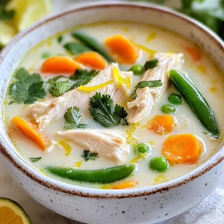 - 1 lb chicken breasts (boneless, skinless) - 1 can coconut milk - 4 cups chicken broth - 1 cup carrots - 1 bell pepper - 1 cup snap peas - 2 tablespoons fresh lime juice - Zest of 1 lime - 1 tablespoon ginger - 2 cloves garlic - 2 tablespoons soy sauce - 1 tablespoon olive oil - Fresh cilantro - Salt and pepper Gathering your ingredients is the first step to making this soup. Start with 1 pound of boneless, skinless chicken breasts. Dice them into bite-sized pieces. This helps them cook evenly. Next, grab a can of coconut milk. This will add a creamy texture and rich flavor. You will also need 4 cups of chicken broth. It forms the soup's base. Chop 1 cup of carrots and 1 bell pepper. You can choose any color for the bell pepper. Both add color and crunch. For a fresh pop, get 1 cup of snap peas. Trim them before adding them to the soup. You will need 2 tablespoons of fresh lime juice and the zest of 1 lime. These add a bright, tangy flavor. To spice up your soup, use 1 tablespoon of minced ginger and 2 cloves of minced garlic. Add 2 tablespoons of soy sauce for depth and umami. Lastly, grab 1 tablespoon of olive oil for sautéing. Don't forget fresh cilantro for garnish. Make sure you have salt and pepper to taste. Adjust these to your liking for the perfect finish. {{ingredient_image_1}} First, heat the olive oil in a large pot over medium heat. Add the minced garlic and ginger. Sauté them for about 1-2 minutes. You want to cook them until they smell good. This mix of garlic and ginger creates a fragrant base. It adds depth and flavor to the soup. A strong aroma makes your soup taste even better. While the aromatics cook, take your chicken breasts. Dice them into small pieces. Once the garlic and ginger are fragrant, add the chicken to the pot. Cook it for 5-7 minutes until it turns white. Make sure the chicken is no longer pink. Checking for doneness is key. You want it safe to eat and tender. Now it’s time to combine the ingredients. Pour in the chicken broth and coconut milk. Stir the mix well. Bring it to a gentle simmer. This helps the flavors meld together. After that, add the sliced carrots and bell pepper. Let it simmer for another 5 minutes. This timing helps the veggies soften just right. Next, stir in the snap peas, lime juice, lime zest, and soy sauce. Allow the soup to simmer for an additional 3-4 minutes. This last step brings everything together. The soup should be hot and ready to enjoy. Season it with salt and pepper to your taste. Feel free to adjust the lime juice or soy sauce as you like. To make your soup shine, adjusting the lime juice and soy sauce is key. Start with the amounts given in the recipe. You can always add more later. If you want a stronger lime taste, squeeze in more juice. For saltiness, add a touch more soy sauce. Taste as you go! Trimming fat can help if you're watching your diet. Use skinless chicken and low-fat coconut milk. This will keep the soup light while still tasting great. If you want to switch things up, there are great alternatives for chicken. You can try shrimp or tofu for a tasty twist. Both options cook quickly and absorb flavors well. Dairy-free options are easy to find. The coconut milk in this recipe is already dairy-free. Just make sure any other ingredients, like broth, are also dairy-free. For garnish, fresh cilantro adds color and flavor. Sprinkle it on top just before serving. Lime wedges on the side are a nice touch too. They allow guests to add more zing! When serving, use warm bowls to keep the soup hot. Adding extra lime zest on top creates a great look. This small detail makes a big difference in presentation. Pro Tips Use Fresh Ingredients: Fresh herbs and vegetables enhance the flavor of the soup significantly, making it more vibrant and delicious. Adjusting Spice Level: If you prefer a spicier soup, add some red pepper flakes or sliced chili peppers for an extra kick. Meal Prep Friendly: This soup can be made in advance and stored in the refrigerator for up to 3 days. Reheat gently on the stove before serving. Serving Suggestions: Consider serving the soup with a side of jasmine rice or crusty bread to soak up the delicious broth. {{image_2}} You can switch out the chicken for shrimp or tofu. Shrimp cooks fast, so add it last. Just toss it in when the soup simmers. Tofu is great for a plant-based dish. Use firm tofu for the best texture. Cut it into cubes and sauté it with garlic and ginger. Feel free to add more veggies to your soup. Zucchini, mushrooms, or spinach work well too. You can mix in seasonal veggies. In summer, try corn or cherry tomatoes. In winter, add root vegetables like parsnips or turnips for a hearty touch. If you like heat, toss in some chilies or hot sauce. Fresh chilies add a bright flavor. You can slice them thin or leave them whole for a milder heat. Hot sauce also works well. Start with a small amount, then adjust to your taste. To keep your Coconut Lime Chicken Soup fresh, follow these steps: - Refrigeration tips: Let the soup cool to room temperature. Then, transfer it to a container. Use an airtight container to keep it fresh. Store it in the fridge for up to four days. - Containers suited for soup: Use glass containers or BPA-free plastic ones. Make sure they have tight-fitting lids. This helps prevent spills and keeps the soup flavorful. You can freeze Coconut Lime Chicken Soup for later use. Here’s how: - How to freeze and reheat: First, let the soup cool completely. Pour the soup into freezer-safe bags or containers. Be sure to leave some space at the top for expansion. To reheat, thaw it in the fridge overnight. Heat on the stove over low heat until warm. - Best practices for preserving flavor: Add a squeeze of fresh lime juice after reheating. This will brighten the flavors. Avoid freezing the soup with garnishes, like cilantro, to keep them fresh. Knowing how long your soup lasts is key: - Timeframes for freshness in fridge/freezer: In the fridge, Coconut Lime Chicken Soup lasts about four days. If you freeze it, it stays good for up to three months. Always check for any off smells or changes in texture before eating. You can pair this soup with several tasty sides. Here are some ideas: - Rice: White or jasmine rice works well. - Naan Bread: Soft and perfect for dipping. - Salad: A light green salad adds freshness. - Spring Rolls: Crisp rolls give a nice crunch. These pairings enhance the soup’s flavors and make your meal more filling. Yes, you can make this soup ahead of time. Here are some meal prep tips: - Cook and Cool: Prepare the soup, then let it cool. - Store in the Fridge: Keep it in an airtight container for up to three days. - Reheat Gently: When ready, reheat on low heat. Stir often to prevent burning. - Add Freshness: Squeeze some lime juice before serving for bright flavor. Making it early saves time and lets flavors meld. Yes, this recipe can be gluten-free. Here’s how: - Soy Sauce Options: Use gluten-free soy sauce or tamari. - Check Labels: Always read labels to ensure no hidden gluten. This way, everyone can enjoy this delicious soup! This coconut lime chicken soup is a blend of simple ingredients and steps. We started with fresh aromatics and flavorful chicken, adding coconut milk and broth for richness. With tips for variations, storage, and pairings, you can easily make it your own. Remember, cooking should be fun. Explore flavors, try new ingredients, and enjoy every bowl. This recipe makes a comforting meal that can warm any day. Happy cooking!