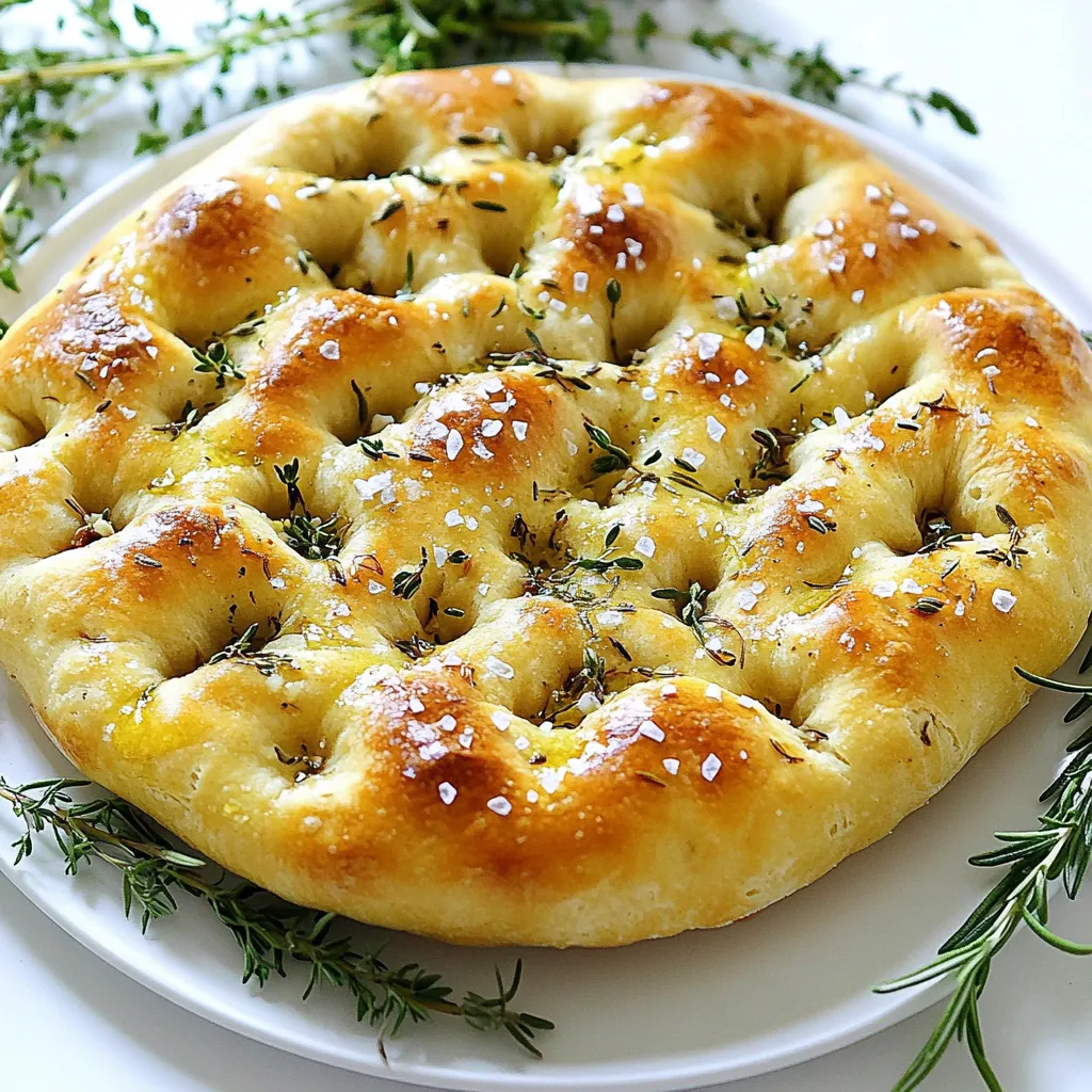 - 4 cups all-purpose flour - 2 teaspoons instant yeast - 2 teaspoons coarse sea salt - 1 teaspoon sugar - 1 ¾ cups warm water (110°F or 43°C) - ¼ cup extra-virgin olive oil (plus more for drizzling) - 4 cloves garlic, minced - 2 tablespoons fresh rosemary, chopped - 2 tablespoons fresh thyme, chopped - Flaky sea salt for topping - Freshly cracked black pepper to taste Gather these ingredients before you start. The flour is the base of your dough. Instant yeast helps it rise. Coarse sea salt adds flavor, and sugar gives the yeast food. Warm water activates the yeast. The olive oil keeps the bread moist. Minced garlic will fill your focaccia with a strong flavor. Fresh herbs like rosemary and thyme bring a lovely aroma. Flaky sea salt and black pepper on top add a nice touch. This simple mix makes your focaccia taste amazing! First, grab a large bowl. In it, add 4 cups of all-purpose flour, 2 teaspoons of instant yeast, 1 teaspoon of sugar, and 2 teaspoons of coarse sea salt. Use a whisk to mix these dry ingredients well. This step is key for your focaccia’s rise. Next, slowly pour in 1 ¾ cups of warm water and ¼ cup of olive oil. Mix with a wooden spoon until a sticky dough forms. Don’t worry if it feels wet; it will come together. Now, turn the dough out onto a lightly floured surface. Knead it for about 5-7 minutes. You want it to be smooth and elastic. This process helps develop the gluten, which gives the bread its structure. Once you achieve the right texture, place the dough in a greased bowl. Cover it with a damp cloth and set it in a warm spot. Let it rise for about 1 hour, or until it doubles in size. This is where the magic happens! After the dough has risen, gently punch it down to release the air. Transfer it to a greased sheet pan. Use your fingers to stretch it out into a rectangular shape, about ½ inch thick. This is the base for your focaccia. In a small bowl, mix together 4 cloves of minced garlic, 2 tablespoons of chopped rosemary, and 2 tablespoons of chopped thyme. Drizzle in a bit of olive oil to combine. Now, use your fingers to create dimples all over the dough. This step is important as it holds the herb mixture. Spread the garlic herb mixture evenly over the focaccia, getting into the dimples. Cover the focaccia with a cloth again and let it rise for another 30 minutes. This second rise will make your bread fluffy. While the dough rises, preheat your oven to 425°F (220°C). When the focaccia has risen, sprinkle flaky sea salt and freshly cracked black pepper on top. Bake it in the oven for 20-25 minutes. It is done when it is golden brown and sounds hollow when tapped. This step makes your focaccia crispy on the outside and soft inside. Remove it from the oven and drizzle with a little more olive oil while it is still warm. Enjoy the delightful aroma and prepare for a tasty treat! To make great focaccia, you need the right dough. When you knead, aim for a smooth and soft texture. This should take about 5-7 minutes. If the dough sticks too much, sprinkle a little flour on your hands. Once you have a nice dough, let it rise. Find a warm spot, cover it with a cloth, and wait for about an hour. The dough should double in size. This step is key for fluffy bread. Want to boost the flavor? Add more herbs! You can mix in fresh basil or oregano for a twist. If you like spicy, try red pepper flakes. For toppings, think outside the box. You can add olives, sun-dried tomatoes, or even cheese. Each option brings a new taste to your focaccia. For the best results, preheat your oven to 425°F (220°C). This high temperature helps create a crispy crust. Bake for about 20-25 minutes. To check if it’s done, tap the bottom. If it sounds hollow, it's ready. Remember to let it cool slightly before slicing. This keeps the inside soft and warm. {{image_2}} You can change the herbs in the recipe. Feel free to swap rosemary and thyme for basil or oregano. Each herb brings its own taste. Basil adds a sweet note, while oregano offers a warm flavor. You can also mix herbs for a unique twist. For a milder taste, try using parsley or chives. Want something bold? Add a bit of sage or dill. You can even infuse flavors by adding lemon zest or red pepper flakes to the mix. If you want a cheesy focaccia, sprinkle mozzarella or parmesan on top before baking. Cheese melts beautifully and adds richness. For veggie lovers, add sliced tomatoes, olives, or bell peppers. These toppings not only boost flavor but also add nutrition. You can even try caramelized onions for a sweet touch. Just make sure to adjust baking time as needed to allow toppings to cook well. To make gluten-free focaccia, you can swap all-purpose flour with a gluten-free blend. Brands like Bob's Red Mill or King Arthur Flour offer great options. You will need to add xanthan gum to help with texture. Use about 1 teaspoon per cup of gluten-free flour. Knead the dough gently, as gluten-free dough can be more delicate. Let it rise longer, about 1 hour or until it doubles in size. Enjoy the same delicious focaccia without the gluten! To keep your focaccia fresh, cool it completely first. Then, wrap it tightly in plastic wrap. This helps prevent air from getting in. You can also use an airtight container. Choose a container that fits the focaccia snugly. This way, the bread stays soft and moist longer. When you want to enjoy your focaccia again, there are easy ways to reheat it. The oven works best for restoring its crisp texture. Preheat your oven to 350°F (175°C). Place the focaccia directly on the rack for about 5-10 minutes. If you prefer, you can wrap it in foil. This keeps it moist while it warms. To prevent dryness, avoid using a microwave. Microwaving can make bread tough and chewy. Instead, stick with the oven for the best results. If you have extra focaccia, freezing is a great option. Wrap it tightly in plastic wrap. Then, place it in a freezer-safe bag. Make sure to remove as much air as possible. This helps prevent freezer burn. You can freeze focaccia for up to three months. When you are ready to eat it, thaw the focaccia in the fridge overnight. For a quicker method, you can leave it at room temperature for a few hours. After thawing, follow the reheating instructions to enjoy it warm and fresh. How long does the focaccia take to rise? The focaccia dough takes about one hour to rise. It should double in size. After you shape it, let it rise again for 30 minutes. This gives it a light and airy texture. Can I use all-purpose flour instead of bread flour? Yes, you can use all-purpose flour. It will make a softer focaccia. Bread flour has more gluten, which gives a chewier texture. Is it possible to make this recipe vegan? You can easily make this recipe vegan. Just use plant-based oil and skip any dairy. This focaccia tastes great without any animal products. What can I substitute for fresh herbs? If you don't have fresh herbs, you can use dried herbs. Use one-third of the amount since dried herbs are stronger. For example, use 1 teaspoon of dried rosemary instead of 1 tablespoon fresh. Can I use dried herbs instead of fresh? Yes, dried herbs work well in this recipe. They have a more concentrated flavor. Just remember to adjust the amount to keep the taste balanced. Where to buy pre-made garlic herb focaccia bread? You can find pre-made focaccia at many grocery stores. Check the bakery section. Some specialty stores also offer fresh focaccia with garlic and herbs. What should I look for in store-bought options? Look for focaccia that is soft and fluffy. It should have a nice golden color. Check for visible herbs and garlic on top for the best flavor. In this post, we explored making delicious focaccia from scratch. We went over key ingredients like flour, yeast, and fresh herbs. You learned step-by-step how to mix, knead, and bake the dough. We also discussed tips for perfecting your focaccia and creative variations to try. Baking focaccia can be fun and rewarding. I encourage you to use fresh herbs and toppings to make it special. Enjoy your baking journey!