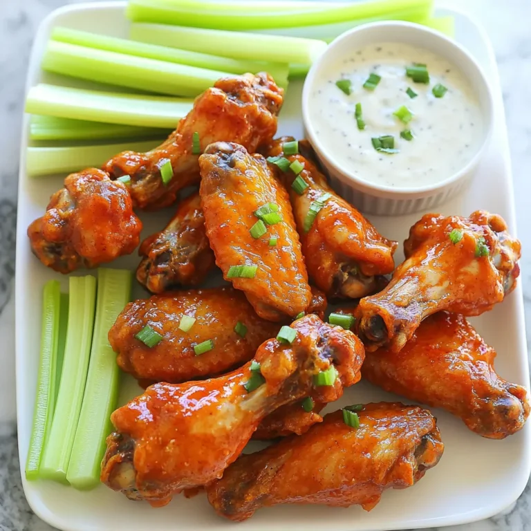 - 2 pounds chicken wings - 1 tablespoon baking powder - 1 teaspoon garlic powder - 1 teaspoon onion powder - 1 teaspoon smoked paprika - 1 teaspoon salt - 1/2 teaspoon black pepper - 1/2 cup buffalo sauce - 2 tablespoons unsalted butter, melted - Celery sticks and ranch dressing for serving You need fresh chicken wings for this recipe. I love using 2 pounds for a good meal. Baking powder is key. It helps the wings get extra crispy. You only need 1 tablespoon. For flavor, use simple seasonings. Garlic powder and onion powder each need 1 teaspoon. Smoked paprika adds a nice touch with 1 teaspoon. Don’t forget salt and black pepper. You’ll want 1 teaspoon of salt and 1/2 teaspoon of black pepper. The sauce is what makes these wings special. You will need 1/2 cup of buffalo sauce. Mixing in 2 tablespoons of melted unsalted butter gives a rich flavor. For serving, I recommend pairing the wings with celery sticks. Ranch dressing is the perfect dip. It cools the spice from the buffalo sauce. Gather these ingredients, and you’re ready to cook. This recipe is simple and full of flavor! {{ingredient_image_1}} 1. Drying the chicken wings Start by patting the chicken wings dry with paper towels. This step is key to getting that crispy skin. Removing excess moisture helps the wings fry better. 2. Seasoning process In a large bowl, mix together the baking powder, garlic powder, onion powder, smoked paprika, salt, and black pepper. Add the wings to the bowl. Toss well until the wings are fully coated with the seasoning. This blend adds great flavor! 1. Preheating instructions Preheat your air fryer to 400°F (200°C). This ensures the wings cook evenly and get crispy. 2. Cooking time and flipping tips Place the wings in a single layer in the air fryer basket. Cook for 25 to 30 minutes. Flip the wings halfway through cooking. This helps them brown and crisp up nicely on both sides. 1. Mixing buffalo sauce with butter While your wings cook, prepare the sauce. In a bowl, combine the buffalo sauce and melted butter. Stir until the mixture is smooth and well blended. 2. Tossing wings in sauce Once the wings are done, transfer them to a large bowl. Pour the buffalo sauce mixture over the wings. Toss until each wing is coated in the sauce. This adds a delicious kick to your wings. 1. Instructions for additional crispiness For extra crispiness, return the sauced wings to the air fryer. Cook them for an additional 5 minutes at 400°F (200°C). This step is great if you love that perfect crunch. To get those wings crispy, start by drying them well. Use paper towels to remove moisture. This step is key for crispiness. Next, mix baking powder with your spices. The baking powder helps create that crunchy texture we all love. When cooking, heat your air fryer to 400°F (200°C). Place the wings in a single layer. This helps them cook evenly. You might need to cook in batches if your fryer is small. Flip the wings halfway through to ensure both sides get golden brown. To make your wings look great, use a large platter. Sprinkle chopped parsley over the wings for a pop of color. Arrange celery sticks around the wings in a fan shape. This adds a nice touch. For dipping sauces, ranch dressing is a classic choice. You can also try blue cheese dressing or a spicy aioli. These add extra flavor and fun to the meal. For crispy wings, I suggest using a quality air fryer. Some top brands are Philips, Ninja, and Cosori. They heat evenly and give great results. Don’t forget some essential tools. A good set of tongs helps you flip the wings easily. A large bowl is useful for mixing the wings with the sauce. These tools make your cooking process smooth and fun! Pro Tips Dry the Wings: Make sure to pat the wings dry thoroughly before seasoning to ensure they become crispy in the air fryer. Don’t Overcrowd: Air fry the wings in batches if necessary. Overcrowding can prevent them from getting that perfect crispy texture. Flavor Booster: Add a dash of cayenne pepper to the seasoning mix for an extra kick of heat if you like your wings spicier. Rest Before Serving: Let the wings rest for a few minutes after air frying before tossing them in sauce. This helps keep them crispy. {{image_2}} You can change the flavor of your buffalo wings easily. Use different types of buffalo sauce. If you like heat, try a spicy sauce. If you prefer mild, use a milder sauce. You can also mix sauces to find your perfect taste. Besides buffalo sauce, you can add other seasonings. Try using lemon pepper or Cajun spice for a twist. You can also use herbs like thyme or rosemary for a fresh taste. Experimenting with flavors keeps your wings exciting. If you want to cook your wings differently, the oven is a great choice. Preheat your oven to 425°F (220°C). Line a baking sheet with foil and place a wire rack on top. Spread the wings on the rack in a single layer. Bake for 40-45 minutes, flipping halfway, until crispy. Grilling wings is another fun way to cook them. Preheat your grill to medium heat. Toss the wings with oil and seasoning, then grill for 20-25 minutes. Turn them often for even cooking and a nice char. To make your wings lighter, skip the butter in your buffalo sauce. You can use hot sauce mixed with vinegar for flavor. This keeps the taste while cutting calories. You can also use skinless chicken wings for fewer calories. Adding fresh veggies as a garnish is a tasty option. Try sliced carrots or bell peppers. You can also swap ranch dressing for Greek yogurt or a lighter dip. These choices help make your wings healthier without losing flavor. To keep your wings fresh, let them cool first. This step is key to keeping them crispy. Place the wings in a single layer on a plate to help them cool down quickly. Once cool, transfer them to an airtight container. I recommend using glass or BPA-free plastic containers. These will keep your wings tasting great for about 3 to 4 days in the fridge. For the best results, reheat your buffalo wings in an air fryer. Set it to 375°F (190°C) and cook for about 5 to 7 minutes. This method keeps them crispy. If you don't have an air fryer, you can use an oven. Preheat to 350°F (175°C) and bake for around 10 to 15 minutes. Make sure to flip them halfway through to keep them evenly heated. Enjoy your delicious wings! Cook chicken wings in an air fryer for 25 to 30 minutes at 400°F (200°C). The exact time depends on wing size. For small wings, 25 minutes should work well. Larger wings may need the full 30 minutes. Always flip the wings halfway to help them cook evenly and get nice and crispy. Yes, you can use frozen chicken wings in an air fryer. Just keep in mind they will take longer to cook. Start by cooking them at 400°F (200°C) for about 30 to 35 minutes. Flip them halfway through. If they are stuck together, you may need to separate them after a few minutes of cooking. This way, they can cook evenly. The best sauce for buffalo wings is classic buffalo sauce. You can easily make this at home! Just mix 1/2 cup of buffalo sauce with 2 tablespoons of melted butter. This mix gives the wings that rich flavor we all love. If you want to try something different, there are many options, like garlic parmesan or honey sriracha. Feel free to get creative! You learned how to make delicious buffalo chicken wings using an air fryer. We covered the ingredients, the cooking steps, and tips for great results. You can enjoy crispy wings with different flavors. Remember to store leftovers properly and reheat them so they stay tasty. With the right techniques, you can impress your friends and family at any gathering. Now, get ready to enjoy your homemade buffalo wings!