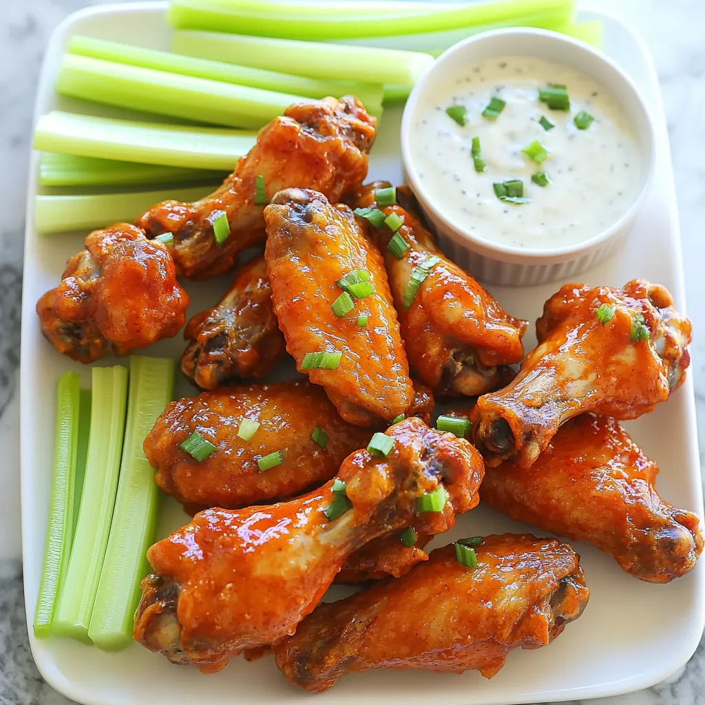 - 2 pounds chicken wings - 1 tablespoon baking powder - 1 teaspoon garlic powder - 1 teaspoon onion powder - 1 teaspoon smoked paprika - 1 teaspoon salt - 1/2 teaspoon black pepper - 1/2 cup buffalo sauce - 2 tablespoons unsalted butter, melted - Celery sticks and ranch dressing for serving You need fresh chicken wings for this recipe. I love using 2 pounds for a good meal. Baking powder is key. It helps the wings get extra crispy. You only need 1 tablespoon. For flavor, use simple seasonings. Garlic powder and onion powder each need 1 teaspoon. Smoked paprika adds a nice touch with 1 teaspoon. Don’t forget salt and black pepper. You’ll want 1 teaspoon of salt and 1/2 teaspoon of black pepper. The sauce is what makes these wings special. You will need 1/2 cup of buffalo sauce. Mixing in 2 tablespoons of melted unsalted butter gives a rich flavor. For serving, I recommend pairing the wings with celery sticks. Ranch dressing is the perfect dip. It cools the spice from the buffalo sauce. Gather these ingredients, and you’re ready to cook. This recipe is simple and full of flavor! {{ingredient_image_1}} 1. Drying the chicken wings Start by patting the chicken wings dry with paper towels. This step is key to getting that crispy skin. Removing excess moisture helps the wings fry better. 2. Seasoning process In a large bowl, mix together the baking powder, garlic powder, onion powder, smoked paprika, salt, and black pepper. Add the wings to the bowl. Toss well until the wings are fully coated with the seasoning. This blend adds great flavor! 1. Preheating instructions Preheat your air fryer to 400°F (200°C). This ensures the wings cook evenly and get crispy. 2. Cooking time and flipping tips Place the wings in a single layer in the air fryer basket. Cook for 25 to 30 minutes. Flip the wings halfway through cooking. This helps them brown and crisp up nicely on both sides. 1. Mixing buffalo sauce with butter While your wings cook, prepare the sauce. In a bowl, combine the buffalo sauce and melted butter. Stir until the mixture is smooth and well blended. 2. Tossing wings in sauce Once the wings are done, transfer them to a large bowl. Pour the buffalo sauce mixture over the wings. Toss until each wing is coated in the sauce. This adds a delicious kick to your wings. 1. Instructions for additional crispiness For extra crispiness, return the sauced wings to the air fryer. Cook them for an additional 5 minutes at 400°F (200°C). This step is great if you love that perfect crunch. To get those wings crispy, start by drying them well. Use paper towels to remove moisture. This step is key for crispiness. Next, mix baking powder with your spices. The baking powder helps create that crunchy texture we all love. When cooking, heat your air fryer to 400°F (200°C). Place the wings in a single layer. This helps them cook evenly. You might need to cook in batches if your fryer is small. Flip the wings halfway through to ensure both sides get golden brown. To make your wings look great, use a large platter. Sprinkle chopped parsley over the wings for a pop of color. Arrange celery sticks around the wings in a fan shape. This adds a nice touch. For dipping sauces, ranch dressing is a classic choice. You can also try blue cheese dressing or a spicy aioli. These add extra flavor and fun to the meal. For crispy wings, I suggest using a quality air fryer. Some top brands are Philips, Ninja, and Cosori. They heat evenly and give great results. Don’t forget some essential tools. A good set of tongs helps you flip the wings easily. A large bowl is useful for mixing the wings with the sauce. These tools make your cooking process smooth and fun! Pro Tips Dry the Wings: Make sure to pat the wings dry thoroughly before seasoning to ensure they become crispy in the air fryer. Don’t Overcrowd: Air fry the wings in batches if necessary. Overcrowding can prevent them from getting that perfect crispy texture. Flavor Booster: Add a dash of cayenne pepper to the seasoning mix for an extra kick of heat if you like your wings spicier. Rest Before Serving: Let the wings rest for a few minutes after air frying before tossing them in sauce. This helps keep them crispy. {{image_2}} You can change the flavor of your buffalo wings easily. Use different types of buffalo sauce. If you like heat, try a spicy sauce. If you prefer mild, use a milder sauce. You can also mix sauces to find your perfect taste. Besides buffalo sauce, you can add other seasonings. Try using lemon pepper or Cajun spice for a twist. You can also use herbs like thyme or rosemary for a fresh taste. Experimenting with flavors keeps your wings exciting. If you want to cook your wings differently, the oven is a great choice. Preheat your oven to 425°F (220°C). Line a baking sheet with foil and place a wire rack on top. Spread the wings on the rack in a single layer. Bake for 40-45 minutes, flipping halfway, until crispy. Grilling wings is another fun way to cook them. Preheat your grill to medium heat. Toss the wings with oil and seasoning, then grill for 20-25 minutes. Turn them often for even cooking and a nice char. To make your wings lighter, skip the butter in your buffalo sauce. You can use hot sauce mixed with vinegar for flavor. This keeps the taste while cutting calories. You can also use skinless chicken wings for fewer calories. Adding fresh veggies as a garnish is a tasty option. Try sliced carrots or bell peppers. You can also swap ranch dressing for Greek yogurt or a lighter dip. These choices help make your wings healthier without losing flavor. To keep your wings fresh, let them cool first. This step is key to keeping them crispy. Place the wings in a single layer on a plate to help them cool down quickly. Once cool, transfer them to an airtight container. I recommend using glass or BPA-free plastic containers. These will keep your wings tasting great for about 3 to 4 days in the fridge. For the best results, reheat your buffalo wings in an air fryer. Set it to 375°F (190°C) and cook for about 5 to 7 minutes. This method keeps them crispy. If you don't have an air fryer, you can use an oven. Preheat to 350°F (175°C) and bake for around 10 to 15 minutes. Make sure to flip them halfway through to keep them evenly heated. Enjoy your delicious wings! Cook chicken wings in an air fryer for 25 to 30 minutes at 400°F (200°C). The exact time depends on wing size. For small wings, 25 minutes should work well. Larger wings may need the full 30 minutes. Always flip the wings halfway to help them cook evenly and get nice and crispy. Yes, you can use frozen chicken wings in an air fryer. Just keep in mind they will take longer to cook. Start by cooking them at 400°F (200°C) for about 30 to 35 minutes. Flip them halfway through. If they are stuck together, you may need to separate them after a few minutes of cooking. This way, they can cook evenly. The best sauce for buffalo wings is classic buffalo sauce. You can easily make this at home! Just mix 1/2 cup of buffalo sauce with 2 tablespoons of melted butter. This mix gives the wings that rich flavor we all love. If you want to try something different, there are many options, like garlic parmesan or honey sriracha. Feel free to get creative! You learned how to make delicious buffalo chicken wings using an air fryer. We covered the ingredients, the cooking steps, and tips for great results. You can enjoy crispy wings with different flavors. Remember to store leftovers properly and reheat them so they stay tasty. With the right techniques, you can impress your friends and family at any gathering. Now, get ready to enjoy your homemade buffalo wings!