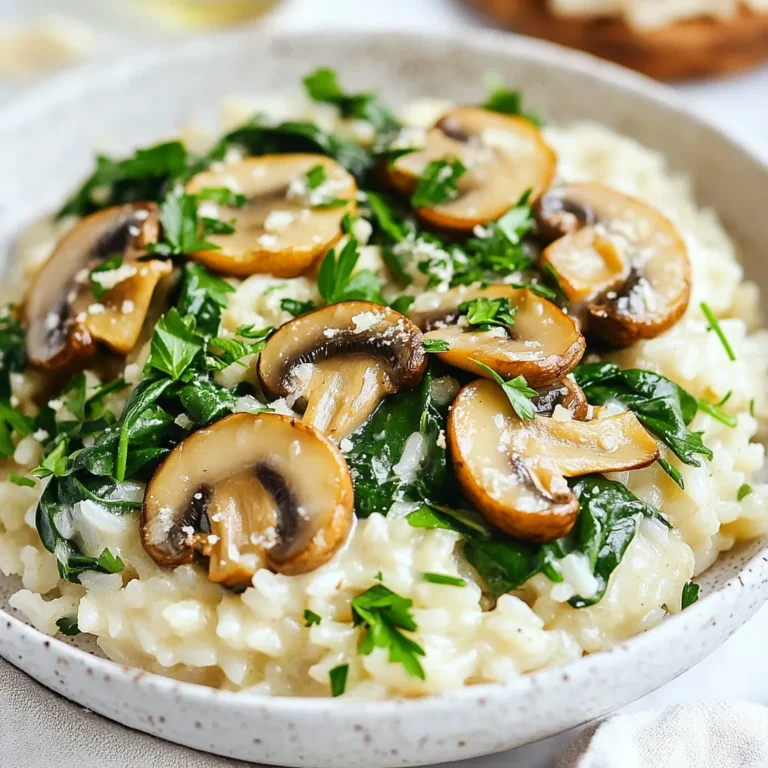 - 1 cup Arborio rice - 2 cups vegetable broth - 1 cup mushrooms, sliced (any variety) - 1 cup fresh spinach - 1 small onion, finely chopped - 3 cloves garlic, minced - 1/2 cup cream cheese (or dairy-free alternative) - 1/4 cup grated Parmesan cheese (optional) - 2 tablespoons olive oil - 1 teaspoon thyme (dried or fresh) - Salt and pepper to taste - Fresh parsley, chopped (for garnish) You can swap cream cheese with a dairy-free version if you need. Try using cashew cream or vegan cream cheese. For mushrooms, feel free to mix different types like shiitake or portobello. Each type adds a unique flavor. If you want to change the grain, use quinoa or farro instead of Arborio rice. These options can also taste great and change the dish's texture. {{ingredient_image_1}} 1. Start by heating 2 tablespoons of olive oil in a large skillet over medium heat. 2. Add 1 finely chopped onion. Sauté for about 3-4 minutes until it turns translucent. 3. Next, add 3 minced garlic cloves and 1 cup of sliced mushrooms. Cook for another 5-6 minutes until the mushrooms soften and become golden. 1. Stir in 1 cup of Arborio rice and 1 teaspoon of thyme. Cook for 2 minutes to coat the rice with the flavors. 2. Pour in 2 cups of vegetable broth and bring to a gentle simmer. Cover the skillet with a lid. Let the rice cook for about 15 minutes. Stir occasionally until most of the liquid absorbs. 3. Lower the heat and add 1/2 cup of cream cheese. Stir until it melts and blends into the rice. If you want extra creaminess, add 1/4 cup of grated Parmesan cheese. 4. Finally, fold in 1 cup of fresh spinach. Cook until just wilted. Season with salt and pepper to taste. - To cook rice properly, always rinse it before using. This helps remove excess starch. - For a creamy texture, make sure the heat is low when adding cheese. It helps it melt smoothly into the dish. - Stir the rice gently. This keeps it fluffy and prevents clumping. To keep your rice creamy, you must monitor the liquid. If the rice starts to get too dry, add a bit more broth. Stir it gently to mix. This helps the rice stay moist and creamy. Cheese plays a big role in this dish. I often use cream cheese for its rich texture. When you stir it in, it makes the rice smooth and velvety. Adding Parmesan cheese boosts the flavor, too. It gives a nice savory taste that complements the mushrooms. Prepping ingredients ahead can save you time. Chop the onion, garlic, and mushrooms the day before. Store them in the fridge in a sealed bag. This way, you’re ready to cook when you want. Using leftover vegetables is smart. If you have extra cooked veggies, toss them in. They add more flavor and nutrition to your dish without extra work. Herbs and spices can change your dish. I love adding thyme to this recipe. It gives a warm, earthy taste. You could also try rosemary or parsley for a different twist. Pairing this dish is fun, too. Serve it with a side salad or grilled chicken. You can even enjoy it with crusty bread. Each option brings new flavors to your meal. Pro Tips Use Quality Broth: For the best flavor, use a high-quality vegetable broth or homemade broth if possible. Don’t Rush the Cooking: Allow the rice to absorb the broth slowly for a creamier texture; stirring occasionally helps achieve this. Add More Vegetables: Feel free to incorporate other vegetables like peas or bell peppers for added nutrition and color. Garnish with Fresh Herbs: Fresh herbs like basil or chives can elevate the dish's flavor and presentation. {{image_2}} To make creamy mushroom rice even more colorful, you can add more vegetables. Try adding bell peppers, zucchini, or even peas. These veggies not only boost flavor but also add great nutrition. You can also use protein-rich options like legumes. Chickpeas or black beans add protein and fiber. They make the dish heartier and more filling. You can give this dish a twist with different cuisines. For an Asian touch, add soy sauce, sesame oil, and green onions. You can also toss in some bok choy or snap peas for crunch. For an Italian flair, add sun-dried tomatoes and basil. A splash of balsamic vinegar can brighten the dish and deepen the flavors. Using seasonal vegetables keeps the dish fresh and exciting. In spring, try asparagus or peas. In summer, add fresh corn or tomatoes. In fall, roasted squash fits well. In winter, root vegetables like carrots or parsnips are perfect. Adjust flavors for each season by using herbs that match. For example, rosemary is great in fall, while mint shines in summer. Store leftovers in an airtight container. This keeps mushrooms and rice fresh. The dish lasts up to three days in the fridge. For best results, let it cool first before sealing. You can freeze creamy mushroom rice for up to two months. Use a freezer-safe container to prevent freezer burn. To reheat, thaw overnight in the fridge. Heat on the stove with a splash of broth. Stir until warmed through for the best taste. Get creative with leftover creamy mushroom rice! Use it in stuffed peppers or as a filling for wraps. You can also turn it into a savory breakfast by adding eggs. Another idea is to mix it into soups for extra creaminess. Yes, you can use other rice types. Here are some great options: - Long-grain rice: This rice has a nice texture. - Brown rice: This adds a nutty flavor and more fiber. - Quinoa: A gluten-free option that cooks fast. - Basmati rice: This has a fragrant aroma and fluffy texture. Each type will change the dish a bit, but it will still taste good. Just adjust the cooking time and liquid needed. Absolutely! You can easily make this dish vegan. Here are some swaps: - Cream cheese: Use a plant-based cream cheese instead. - Parmesan cheese: Try a vegan Parmesan or skip it altogether. - Vegetable broth: Ensure it is labeled vegan. These changes keep the dish creamy and tasty without using any animal products. This dish pairs well with many sides. Here are some ideas: - Grilled vegetables: They add color and flavor. - A side salad: A fresh salad balances the richness. - Roasted chicken: This adds protein and a nice touch. - Crusty bread: Perfect for soaking up the creamy sauce. Feel free to mix and match to create a meal you will love! This article covered how to make creamy mushroom rice. We looked at main ingredients, including Arborio rice, vegetables, and cheese. I shared step-by-step instructions to cook, tips for creaminess, and variations for different diets. You learned about storing leftovers and clever ways to recycle them. Embrace creativity in your cooking. Don't hesitate to try new flavors and ingredients. Enjoy your creamy mushroom rice skillet adventure!