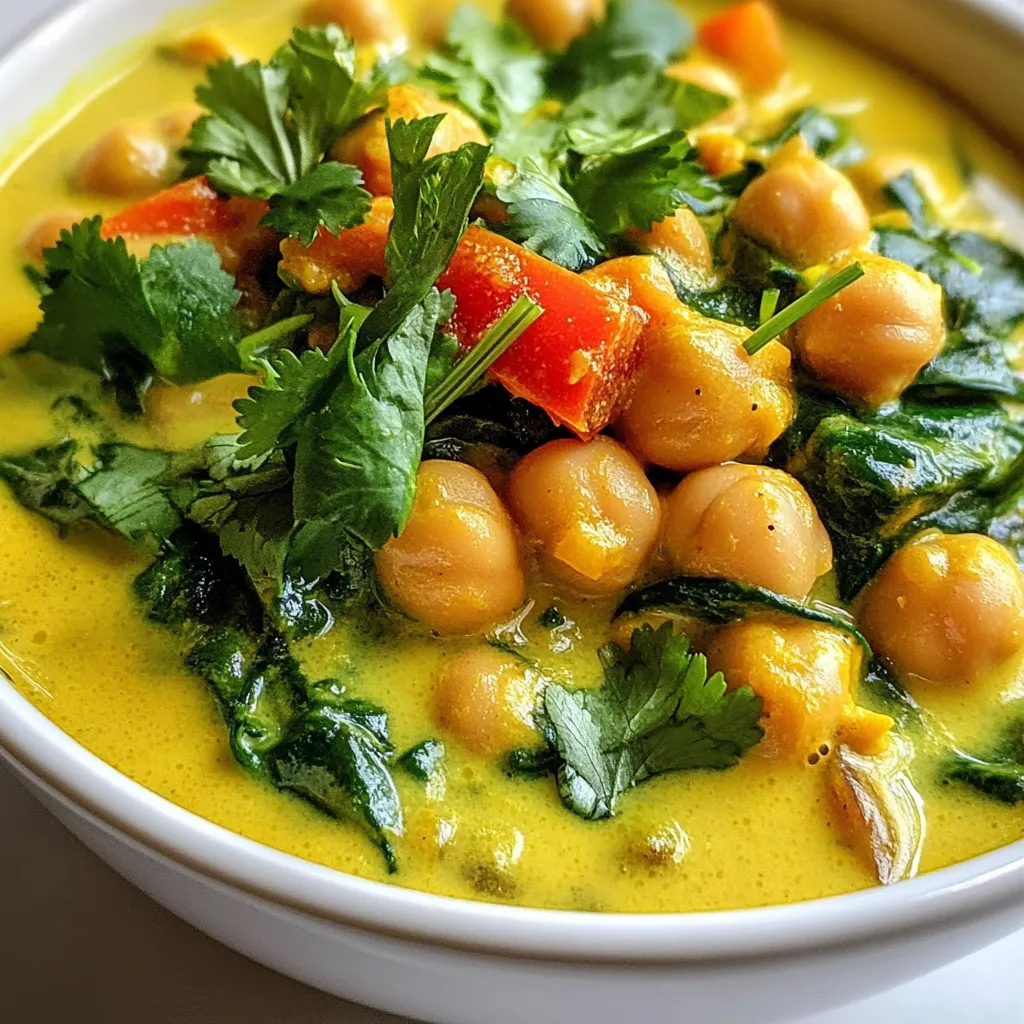 - 2 cans (15 oz each) chickpeas, drained and rinsed - 1 can (14 oz) coconut milk - 1 tablespoon coconut oil - 1 medium onion, diced - 3 cloves garlic, minced - 1 tablespoon fresh ginger, grated - 1 tablespoon curry powder - 1 teaspoon ground cumin - 1 teaspoon turmeric - 1 teaspoon chili powder (adjust to taste) - 1 red bell pepper, diced - 1 cup spinach, fresh or frozen - Salt and pepper to taste - Fresh cilantro, chopped (for garnish) - Cooked rice or quinoa (for serving) Chickpeas are the star of this dish. They add protein and fiber. They also soak up all the tasty flavors. Coconut milk gives the curry its rich and creamy texture. It adds sweetness and depth. The spices bring warmth and color. Curry powder, cumin, turmeric, and chili powder create a balance of flavors. Each spice plays a role, making the dish vibrant and exciting. If you can't find chickpeas, you can use lentils instead. They cook faster and still provide protein. For coconut milk, almond or soy milk can work, but they won't taste as rich. You might want to add a bit of nut butter for creaminess. If you don’t have red bell pepper, use any color pepper you have. You can also skip spinach or use kale instead. Each change can bring a new flavor twist to your curry. {{ingredient_image_1}} First, gather all your ingredients. You need chickpeas, coconut milk, spices, and fresh veggies. Make sure to drain and rinse the chickpeas. Dice the onion and red bell pepper. Mince the garlic and grate the ginger. This prep will make cooking easier. 1. Heat the oil: Start by heating 1 tablespoon of coconut oil in a large pot over medium heat. 2. Sauté the onion: Add the diced onion. Cook it for about 5 minutes until it turns soft and clear. 3. Add garlic and ginger: Stir in the minced garlic and grated ginger. Cook for another 1-2 minutes until you smell the great aroma. 4. Toast the spices: Add curry powder, ground cumin, turmeric, and chili powder. Mix well and toast the spices for 1 minute. 5. Pour in the coconut milk: Now, add the can of coconut milk and bring it to a gentle simmer. 6. Add chickpeas and pepper: Stir in the drained chickpeas and diced red bell pepper. Make sure everything is coated in the creamy sauce. 7. Simmer the curry: Let it simmer for 15-20 minutes. Stir occasionally to blend the flavors. 8. Add spinach: If you use fresh spinach, add it in the last 5 minutes. If frozen, add it with the chickpeas. 9. Season and serve: Taste the curry and add salt and pepper as needed. Serve it over cooked rice or quinoa. Top with fresh cilantro for a nice touch. - Use fresh spices for better flavor. - Adjust the chili powder to control heat. - Stir often to prevent sticking. - Garnish with cilantro right before serving. - Serve with a side of rice or quinoa for a full meal. - Use canned chickpeas for quick meals. They save time and are easy to use. - Always drain and rinse canned chickpeas. This helps remove excess sodium. - If using dried chickpeas, soak them overnight. This cuts down cooking time. - Cook dried chickpeas until they are tender. A pressure cooker can speed this up. - Toast spices before adding coconut milk. This boosts their flavor and aroma. - Add a splash of lime juice before serving. It brightens the dish. - Fresh herbs like cilantro add freshness. Sprinkle them on top right before serving. - Consider adding a dash of soy sauce or tamari. This gives a savory kick. - Use a large pot for even cooking. It gives enough space for the chickpeas and sauce. - A wooden spoon is great for stirring. It helps mix the ingredients without scratching the pot. - A measuring cup is key for liquids. It ensures you use the right amount of coconut milk. - A sharp knife makes dicing easier. It helps with quick prep of onions and bell peppers. Pro Tips Use Fresh Spices: Fresh spices deliver the best flavor. Consider buying whole spices and grinding them yourself for maximum potency. Adjust the Heat: If you prefer a milder dish, reduce the chili powder. You can also add a pinch of sugar to balance out the heat. Enhance Creaminess: For an extra creamy texture, blend a portion of the chickpeas with the coconut milk before adding them to the pot. Boost Nutrients: Add more veggies like carrots or zucchini to increase the nutritional value and add color to your dish. {{image_2}} Coconut curry chickpeas are already vegan and vegetarian. You can enjoy this dish without any changes. The chickpeas and coconut milk provide all the protein and creaminess you need. If you want to add more veggies, try carrots, zucchini, or mushrooms. These will add color and nutrition. This recipe is naturally gluten-free. The chickpeas and spices do not contain gluten. If you serve it with rice or quinoa, you also stay gluten-free. Just make sure your rice or quinoa is labeled gluten-free. This way, you avoid any hidden gluten in pre-packaged products. You can adjust the spice level to suit your taste. Start with one teaspoon of chili powder for mild heat. If you like more spice, add more chili powder. You can also include fresh chilies or red pepper flakes. For less heat, skip the chili powder or use sweet paprika instead. Taste as you go to find your perfect balance! After enjoying your coconut curry chickpeas, let them cool first. Then, transfer them to an airtight container. This keeps the dish fresh for later. Store the container in the fridge. Leftovers will stay good for about three days. If you want to keep them longer, freezing is a great option. When you're ready to eat the leftovers, take them out of the fridge. You can reheat the coconut curry chickpeas on the stove or in the microwave. If using the stove, place the curry in a pan. Heat it over medium-low heat. Stir often until it warms through. In the microwave, put it in a bowl and cover it. Heat in 30-second bursts until hot. To freeze the curry, use a freezer-safe container. Leave some space at the top since it will expand. It can last up to three months in the freezer. When you're ready to enjoy it again, thaw it overnight in the fridge. Reheat it on the stove or microwave as described earlier. This way, you can savor your tasty coconut curry chickpeas anytime! You can pair coconut curry chickpeas with several tasty sides. Cooked rice or quinoa works well. The grains soak up the creamy sauce. You can also serve it with naan bread for a fun twist. Adding a fresh salad on the side brings balance to the meal. Yes, you can make coconut curry chickpeas ahead of time. This dish tastes even better the next day. Just store it in the fridge in an airtight container. Reheat it gently on the stove or in the microwave before serving. Coconut curry chickpeas last for about 3 to 4 days in the fridge. Always check for any strange smells or changes in texture before eating. If you want to keep it longer, consider freezing it for up to 3 months. Just thaw it overnight in the fridge before reheating. In this post, I shared how to make Coconut Curry Chickpeas. We explored key ingredients like chickpeas and coconut milk. You learned step-by-step cooking instructions and useful tips to boost flavor. I highlighted variations for all diets and explained storage methods for leftovers. Keep these tips in mind, as they will help you create a tasty dish every time. Enjoy this healthy recipe, and don’t hesitate to experiment with your favorite ingredients!