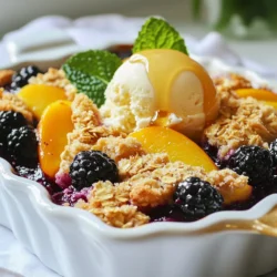 - Blackberries: These juicy berries add a sweet-tart flavor. Use ripe blackberries for the best taste. They are rich in vitamins and antioxidants. Their deep color makes the dish look vibrant. - Peaches: Sweet and fragrant, peaches bring a lovely softness to the crisp. Peel and slice them for even cooking. Fresh, ripe peaches will enhance the overall flavor. - Granulated sugar: This adds sweetness to the fruit. It helps balance the tartness of the blackberries. Use about half a cup for a perfect flavor blend. - Brown sugar: Packed brown sugar gives a rich, caramel-like taste. It complements the fruit and adds depth to the crisp topping. - Lemon juice: A tablespoon of lemon juice brightens the flavors. It helps to keep the fruit fresh and adds a nice zing. - Vanilla extract: Just a teaspoon of vanilla extract enhances the sweetness. It adds a warm, inviting aroma to the dish. - Rolled oats: One cup of rolled oats adds texture. They turn golden and crunchy during baking, making the topping delightful. - All-purpose flour: A half cup of flour binds the topping. It helps create a crisp, crumbly texture. - Cinnamon: A half teaspoon of cinnamon adds warmth. It pairs well with both blackberries and peaches. - Salt: A quarter teaspoon of salt enhances all the flavors. It makes the sweet notes pop. - Unsalted butter: Melted butter is key for the topping. It brings richness and helps everything stick together. Use half a cup for best results. {{ingredient_image_1}} Start with fresh blackberries and peaches. You need 2 cups of each. Slice the peaches and place them in a large bowl along with the blackberries. Next, sprinkle in 1/2 cup of granulated sugar. Add 1 tablespoon of lemon juice and 1 teaspoon of vanilla extract. Toss the fruit gently. Make sure the fruit is coated well with the sugar and juice. This adds sweetness and brightens the flavors. In another bowl, mix dry ingredients together. Combine 1 cup of rolled oats, 1/2 cup of all-purpose flour, 1/2 cup of packed brown sugar, 1/2 teaspoon of cinnamon, and 1/4 teaspoon of salt. Then, pour in 1/2 cup of melted unsalted butter. Stir until the mixture is evenly moistened. This will create a crumbly topping that will bake to a nice crisp. Transfer the fruit mixture into a greased 9x9 inch baking dish. Spread it out evenly to ensure even cooking. Now, sprinkle the oat mixture over the fruit. Make sure to cover it completely. Preheat your oven to 350°F (175°C). Bake for 30 to 35 minutes. The topping should be golden brown, and the fruit should bubble. Once done, remove it from the oven and let it cool for a few minutes before serving. To get a great topping, spread it evenly over the fruit. This way, every bite has a nice texture. If you notice some areas are too thick, gently pat it down. Adjust baking time based on your oven. If your crisp is very golden, check it a bit early. If it is pale, give it a few extra minutes. The bubbling fruit is a good sign! Serve this crisp warm for the best taste. A scoop of vanilla ice cream on top makes it even better. Drizzle a bit of honey over the ice cream for added sweetness. This adds a nice touch to the dish and enhances the flavors. For a pretty look, garnish with fresh mint leaves. They add color and freshness. You can serve each portion in individual bowls for a nice touch. This makes it feel special and inviting at your table. Pro Tips Use ripe peaches: Ensure your peaches are ripe for the best flavor and sweetness in your crisp. Experiment with spices: Feel free to add nutmeg or ginger to the topping for an extra layer of flavor. Let it cool: Allow the crisp to cool for a few minutes after baking, as this helps the juices thicken. Serve with toppings: Enhance your serving by adding whipped cream or yogurt for a delightful contrast. {{image_2}} You can change this recipe by using other fruits. For example, try mixed berries. Raspberries or blueberries work well in place of blackberries. You can also add apples or pears for a different taste. These fruits blend well with peaches and add a new twist. Mix and match to find your favorite combination! If you need a gluten-free option, use gluten-free flour instead of all-purpose flour. Almond flour or oat flour are great choices. They will still give a nice texture to your crisp. Just make sure to check that your oats are labeled gluten-free. This way, you can enjoy this tasty dish without worry. To make this recipe vegan, replace the butter with coconut oil or a vegan butter substitute. Both options work well and keep the crisp rich and delicious. You can also use a plant-based milk in the fruit mix for extra moisture. These swaps keep the flavor while making it suitable for everyone. To store leftovers, let the blackberry peach crisp cool first. Then, cover it tightly with plastic wrap or aluminum foil. You can also use an airtight container. It will stay fresh in the fridge for up to three days. When you want to enjoy it again, just take it out and reheat. If you want to freeze the crisp, cool it completely first. Cut it into squares for easy serving. Wrap each square in plastic wrap, then place them in a freezer bag. You can freeze it for up to three months. Make sure to label the bag with the date, so you remember when you made it. To reheat, preheat your oven to 350°F (175°C). Place the crisp in a baking dish and cover it with foil. Heat for about 20 minutes, or until warm. This method keeps the topping crunchy and the fruit soft. You can also microwave individual portions if you're in a hurry. Just heat for about 30 seconds to 1 minute. Enjoy your delicious, warm blackberry peach crisp! You can adjust the sugar content to fit your taste. If you want it sweeter, add more granulated sugar. If you prefer it less sweet, cut back on the sugar. You can also try using honey or maple syrup as sweeteners. Both will add a nice flavor. Just remember to keep the total amount similar to what the recipe calls for. This way, the texture stays right. Yes, you can prepare this dish ahead of time. You can mix the fruit and sugar and store it in the fridge. Keep the crisp topping separate. When you are ready to bake, just combine them in the baking dish. This way, you save time on busy days. You can also bake it, let it cool, and then store it in the fridge. Just reheat it when you want to serve. If you don't have peaches, don't worry! You can use other fruits instead. Try nectarines for a similar taste and texture. You can also use apples or pears for a different flavor. Mixed berries work well too, like raspberries or blueberries. Choose fruits that are ripe and sweet for the best results. This recipe is flexible and can adapt to what you have on hand. You can create a delicious blackberry peach crisp using fresh fruit, sweeteners, and a tasty topping. We covered how to prepare the fruit, make the crisp topping, and bake it to perfection. I shared tips for achieving the best texture and ideas for serving. You can even adapt the recipe for gluten-free or vegan diets. Remember to store leftovers properly or enjoy them fresh. Now, you’re ready to impress with your new dessert. Enjoy every bite!