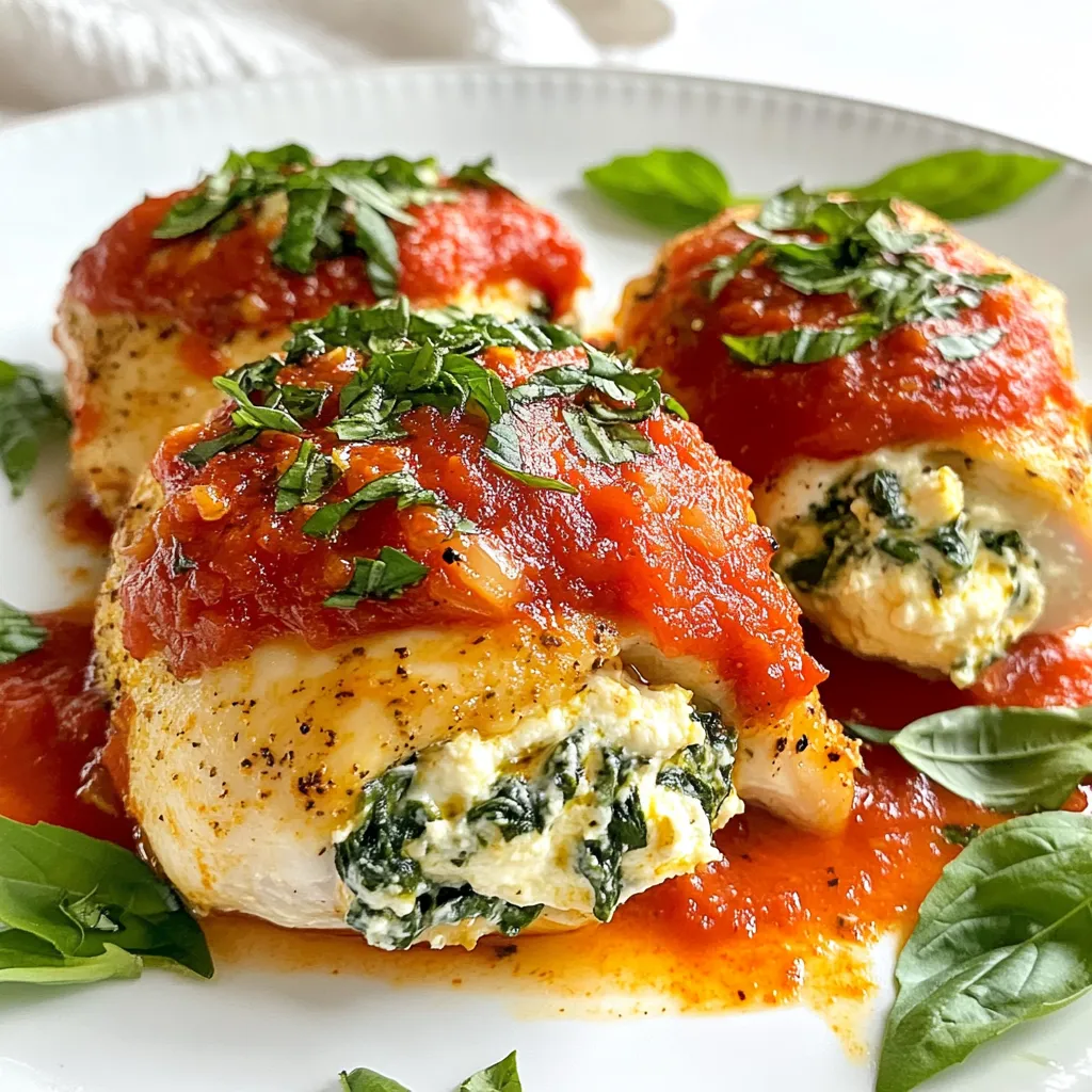 For this tasty dish, you will need: - 4 boneless, skinless chicken breasts - 1 cup fresh spinach, chopped - 1 cup ricotta cheese - 1/2 cup grated Parmesan cheese - 1/4 cup mozzarella cheese, shredded - 2 cloves garlic, minced - 1 egg, beaten - 1 teaspoon dried Italian herbs (oregano, basil, thyme) - Salt and pepper to taste - 2 tablespoons olive oil - 1 cup marinara sauce (for serving) These ingredients create a rich and creamy filling that pairs well with chicken. You will also need some basic kitchen tools: - Mixing bowl for combining ingredients - Sharp knife for cutting chicken - Skillet for searing - Baking dish for cooking in the oven - Toothpicks to secure the chicken pockets Having these tools ready will make your cooking process smooth. To enhance your dish, consider these garnishes: - Fresh basil leaves for a pop of color - Extra marinara sauce for drizzling - Grated Parmesan cheese for added flavor These garnishes can make your dish look even more inviting. {{ingredient_image_1}} First, you need to prep the chicken. Grab four boneless, skinless chicken breasts. Pat them dry using paper towels. This step helps the chicken sear nicely. Place each breast on a cutting board. Carefully cut a pocket in each one. Make sure not to cut all the way through. You want enough space to hold the filling. Now, let's make the filling. In a mixing bowl, combine the following: - 1 cup fresh spinach, chopped - 1 cup ricotta cheese - 1/2 cup grated Parmesan cheese - 1/4 cup mozzarella cheese, shredded - 2 cloves garlic, minced - 1 egg, beaten - 1 teaspoon dried Italian herbs (oregano, basil, thyme) - Salt and pepper to taste Mix these ingredients until well-combined. The blend of cheeses and spinach gives a rich flavor. Next, it's time to cook. Heat 2 tablespoons of olive oil in a skillet over medium-high heat. Once hot, add the stuffed chicken breasts. Sear them for about 3 to 4 minutes on each side. Look for a golden-brown color. After searing, place the chicken in a baking dish. Spoon 1 cup of marinara sauce over the top of each breast. To keep the chicken moist, cover the dish with aluminum foil. Bake in a preheated oven at 375°F (190°C) for 25 to 30 minutes. Check for clear juices to ensure it's cooked. If you want a crispier top, remove the foil for the last 5 minutes. Let the chicken rest for 5 minutes before serving. Enjoy your meal! To cook chicken perfectly, start by using boneless, skinless breasts. These cook evenly and stay juicy. Always pat them dry before cooking. This helps to get a nice sear. Use a sharp knife to cut a pocket. Make sure you don’t cut all the way through. This keeps the filling inside. Cook the chicken until the juices run clear. Use a meat thermometer if you have one. Aim for 165°F (74°C) for safe eating. Seasoning is key for great taste. Start with salt and pepper. Add dried Italian herbs like oregano, basil, and thyme. These herbs blend well with the spinach and ricotta. You can also add minced garlic for more flavor. If you want a kick, try a dash of red pepper flakes. Don't forget to taste the filling before stuffing. Adjust it to your liking. Choosing the right cheese makes a big difference. Ricotta is creamy and light, perfect for stuffing. Parmesan adds a nutty flavor and helps bind the filling. Mozzarella gives a nice stretch and richness. You can mix in other cheeses too. Try feta for a tangy twist or goat cheese for depth. Just remember to keep the balance. You want a mix that complements the spinach and chicken. Pro Tips Use Fresh Spinach: For the best flavor and texture, use fresh spinach instead of frozen. Fresh spinach will give the dish a vibrant color and a better taste. Seal the Chicken Well: Make sure to seal the pockets of the chicken breasts securely with toothpicks to prevent the filling from leaking out during cooking. Experiment with Cheese: Feel free to mix in other cheeses like feta or goat cheese for a unique flavor twist. Each cheese brings its own distinct taste to the dish. Let it Rest: Allow the stuffed chicken to rest for 5 minutes after baking. This helps the juices redistribute, keeping the chicken moist and flavorful when sliced. {{image_2}} You can spice up your spinach ricotta stuffed chicken by adding other ingredients. Sun-dried tomatoes add a sweet and tangy flavor. Feta cheese can enhance the taste with its salty kick. For a fresh twist, consider adding fresh herbs like basil or parsley. You can also mix in cooked mushrooms for extra texture. Just remember to adjust your seasonings to balance these new flavors. While baking is a great way to cook this dish, you can try grilling. Grilling gives the chicken a lovely smoky taste. Start by searing the stuffed chicken on the grill for a few minutes. Then, move it to indirect heat to finish cooking. This method can add a fun outdoor twist to your meal. You can also use an air fryer for a quicker, crispier result. Just set the air fryer to 375°F and cook for about 20 minutes. If you have dietary needs, you can easily modify this recipe. For a gluten-free version, ensure your marinara sauce is gluten-free. You can also use gluten-free breadcrumbs in the filling for added texture. If you're dairy-free, substitute the ricotta and Parmesan with dairy-free options. There are many great plant-based cheeses available today. These simple swaps let everyone enjoy this tasty dish! To store your leftovers, let the chicken cool first. Place the stuffed chicken breasts in an airtight container. You can keep them in the fridge for up to three days. Make sure to separate the marinara sauce if you have any left. This keeps the chicken from getting soggy. When you're ready to eat, preheat your oven to 350°F (175°C). Place the chicken in a baking dish and cover it with foil. Heat for about 20 minutes, or until warm. You can also reheat it in the microwave. Just cover it with a damp paper towel to keep it moist. Heat in short bursts, checking often. If you want to freeze the chicken, wrap each piece tightly in plastic wrap. Then place them in a freezer bag. They can stay in the freezer for up to three months. To thaw, put them in the fridge overnight. After thawing, reheat as mentioned above. You’ll enjoy that fresh taste again! Yes, you can use frozen spinach. Just make sure to thaw it first. Squeeze out any extra water. This step helps keep your filling from becoming too watery. Frozen spinach is a great time-saver. It works well and tastes good too. I love pairing this chicken with garlic bread or a fresh salad. The warm bread soaks up the sauce nicely. A simple green salad adds a nice crunch and freshness. You might also try pasta for a heartier meal. It balances the flavors wonderfully. The best way to check is with a meat thermometer. Insert it into the thickest part of the chicken. The internal temperature should reach 165°F (75°C). If you don’t have a thermometer, cut the chicken open. The juices should run clear, not pink. This ensures safe and tasty chicken. This post covered how to make Spinach Ricotta Stuffed Chicken. We discussed the key ingredients, cooking steps, and useful tips. You learned fun ways to change the recipe and how to store leftovers. My final thought is this dish is tasty and easy to make. Don’t be afraid to try your own twists. Enjoy your cooking!