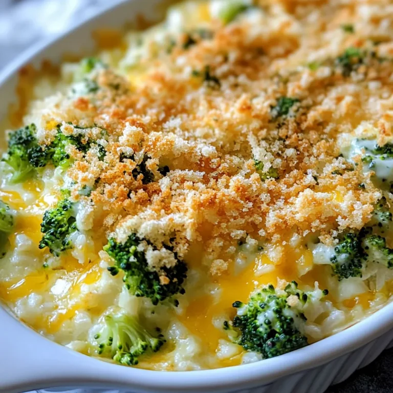 - 2 cups cooked rice (white or brown) - 2 cups broccoli florets (fresh or frozen) - 1 cup shredded sharp cheddar cheese - 1/2 cup cream cheese, softened - 1 cup milk (or plant-based milk) - 1/4 cup grated Parmesan cheese - 1 teaspoon garlic powder - 1 teaspoon onion powder - Salt and pepper to taste - 1/2 cup breadcrumbs (optional for topping) - 2 tablespoons olive oil Gathering the right ingredients is key to a great cheesy broccoli rice casserole. Start with cooked rice. You can use either white or brown rice, depending on your taste. Next, choose broccoli florets. Fresh or frozen works well. I often use frozen broccoli for ease. For that cheesy goodness, you need sharp cheddar cheese. It adds flavor and creaminess. You will also need cream cheese, which gives the dish a rich texture. Don't forget milk; you can use regular or plant-based. Then, add grated Parmesan cheese for an extra kick. For flavor, you’ll want garlic powder and onion powder. Season with salt and pepper to your liking. If you like a crunchy top, consider adding breadcrumbs. Finally, use olive oil to grease your casserole dish. Each ingredient plays a part in making this dish a hit! {{ingredient_image_1}} 1. Preheat your oven to 350°F (175°C). Grease a 9x13-inch casserole dish with olive oil. 2. In a large bowl, mix 2 cups of cooked rice, 2 cups of broccoli florets, 1 cup of shredded sharp cheddar cheese, and 1/4 cup of grated Parmesan cheese. Stir well to combine. 1. In a separate bowl, whisk together 1/2 cup of softened cream cheese, 1 cup of milk, 1 teaspoon of garlic powder, 1 teaspoon of onion powder, and salt and pepper to taste. Whisk until smooth and creamy. 1. Pour the cream cheese mixture over the rice and broccoli mixture. Stir until everything is well coated. 2. Spread the mixture evenly in the prepared casserole dish. If you like, sprinkle 1/2 cup of breadcrumbs on top for some crunch. 3. Bake in the preheated oven for 25-30 minutes. Look for bubbly cheese and golden edges. 4. Once baked, let the casserole cool for about 5 minutes before serving. Enjoy your cheesy broccoli rice casserole! To make your casserole pop, try adding spices like paprika or cayenne for heat. You can also mix in fresh herbs like parsley or thyme for a fresh taste. When it comes to cheese, use a mix of varieties. Gouda or pepper jack can add a nice twist. The sharper the cheese, the better the flavor! Perfect rice is key to this dish. Rinse your rice well before cooking. This removes starch and helps it stay fluffy. Follow the package instructions for the best results. For broccoli, steam it lightly for 2-3 minutes. This keeps its bright green color and nutrients. Just don’t overcook it! Pair this casserole with baked chicken or grilled fish for a complete meal. A simple salad on the side adds freshness. For a fun presentation, serve in individual ramekins or small bowls. Top with extra cheese or fresh herbs for a pop of color. Enjoy your delicious creation! Pro Tips Use Fresh Broccoli: Fresh broccoli gives a better texture and flavor compared to frozen. If using frozen, thaw and drain excess water to avoid a soggy casserole. Experiment with Cheeses: While sharp cheddar is delicious, mixing in some Gruyère or mozzarella can add a unique flavor and creaminess. Add Protein: For a complete meal, consider adding cooked chicken, turkey, or even some crispy bacon bits to the mixture. Make Ahead: This casserole can be prepared a day in advance. Just cover it tightly and refrigerate. Bake it when ready to serve, adding a few extra minutes to the cooking time. {{image_2}} You can easily change the veggies in this casserole. Try using cauliflower or carrots for a twist. Both add different textures and flavors. You can also mix in bell peppers or peas. These swaps keep the dish fresh and fun. Cheese and milk can also be swapped. If you want a lighter dish, use low-fat cheese. For a creamier texture, try mascarpone cheese. If you want a dairy-free option, use plant-based cheese and milk. Almond or oat milk works great here. Making this casserole gluten-free is simple. Just use gluten-free breadcrumbs on top. You can also make the whole dish gluten-free by choosing rice that is labeled gluten-free. Most rice types are naturally gluten-free. For a vegan-friendly adaptation, replace cream cheese with cashew cream. Blend soaked cashews with a bit of lemon juice for creaminess. Use plant-based cheese and milk to keep it vegan. This way, everyone can enjoy the dish. Changing the flavor profile can add fun. For a southwestern twist, add black beans, corn, and taco seasoning. This gives the dish a spicy kick. For a Mediterranean flair, add olives and sun-dried tomatoes. You can also mix in feta cheese for a salty bite. These regional twists make the casserole exciting and unique. To store your Cheesy Broccoli Rice Casserole, let it cool to room temperature. Next, place it in an airtight container. This method keeps it fresh for up to three days in the fridge. If you have leftovers, it’s best to store them in smaller portions. This makes it easier to heat up later. Always label your containers with the date for easy tracking. For long-term storage, you can freeze the casserole. First, let it cool completely. Then, wrap it tightly in plastic wrap or foil. Place it in a freezer-safe container or bag. This will keep it fresh for about three months. When you're ready to eat it, thaw it overnight in the fridge. This method helps preserve the taste and texture. To reheat your casserole, preheat your oven to 350°F (175°C). Place the casserole in a baking dish. Cover it with aluminum foil to prevent it from drying out. Heat for about 20-25 minutes. Check that it's heated through. You can also microwave individual portions. Just heat each portion for 2-3 minutes. Stir halfway to ensure even warming. Enjoy your cheesy goodness! If you want to swap rice, try quinoa or cauliflower rice. Quinoa adds protein and has a nutty flavor. Cauliflower rice is low in carbs and gives a unique taste. Both options work well. Just make sure they are cooked before mixing them in. Yes, you can use frozen broccoli. It saves time and cooks well. Just thaw it first and drain any extra water. This helps keep your casserole from getting soggy. Fresh broccoli is great too, giving a nice crispness. Choose what you prefer! You can store leftovers in the fridge for up to 3-4 days. Keep it in an airtight container. If you want to keep it longer, freeze it for up to 3 months. The quality stays good if you wrap it well. Just reheat it in the oven for best results! This blog post covered a tasty broccoli and cheese casserole. You learned about the key ingredients, like rice and broccoli, and how to mix everything. We shared tips to improve flavor and the best ways to cook. You can also adapt the recipe to fit your needs, like going gluten-free or vegan. For storage, I showed you how to keep leftovers fresh. Enjoy making this simple dish that fits any meal! Remember, playing with flavors can make it your own masterpiece.