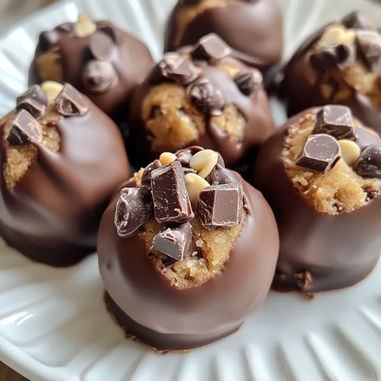 For these delightful Chocolate Chunk Cookie Dough Truffles, gather these key ingredients: - 1 cup all-purpose flour - 1/2 cup unsalted butter, softened - 1/2 cup brown sugar, packed - 1/4 cup granulated sugar - 1 teaspoon vanilla extract - 1/4 teaspoon salt - 1/2 cup semi-sweet chocolate chunks - 1/4 cup mini chocolate chips - 1 cup dark chocolate, chopped (for coating) You can adjust some ingredients based on what you have at home. Here are a few ideas: - Use coconut oil instead of butter for a dairy-free option. - Swap brown sugar with coconut sugar for a different flavor. - Try almond flour instead of all-purpose flour for a gluten-free version. - Use milk chocolate instead of semi-sweet if you prefer a sweeter taste. Every ingredient plays a vital role in creating these truffles: - All-purpose flour: This forms the base of the dough. - Unsalted butter: It gives richness and creaminess to the truffles. - Brown sugar: Adds moisture and a deep flavor. - Granulated sugar: Balances sweetness and helps in browning. - Vanilla extract: Enhances the overall flavor profile. - Salt: Brings out the sweetness and balances flavors. - Semi-sweet chocolate chunks: Offers a rich chocolate taste in each bite. - Mini chocolate chips: Provide extra texture and chocolatey goodness. - Dark chocolate: Coats the truffles and adds a contrast to the sweetness. Understanding these ingredients helps you appreciate the flavors and textures in your cookie dough truffles. {{ingredient_image_1}} First, we need to heat-treat the flour. This step is key. It kills harmful bacteria in raw flour. Spread the all-purpose flour in a microwave-safe bowl. Heat it in the microwave for about one minute. Stir halfway to ensure even heating. Let the flour cool completely before using it. This will make our truffles safe to eat. In a large mixing bowl, combine the softened butter, brown sugar, and granulated sugar. Use a hand mixer or stand mixer to cream them together until light and fluffy. This mixing makes the truffles rich and tasty. Next, add in the vanilla extract and mix until just combined. Now, it's time for the dry ingredients. Gradually add the cooled flour and salt to the butter mixture. Mix on low speed until fully incorporated. Your dough might look crumbly but will hold together when pressed. Now we shape our truffles! Use a tablespoon or a small cookie scoop to scoop out portions of the dough. Roll each portion into a ball, about one inch wide. Place these truffles on a parchment-lined baking sheet. This makes them easy to move later. Once all the dough is shaped, refrigerate the truffles for about 30 minutes. This helps them firm up. While the truffles chill, we prepare the chocolate for coating. Chop the dark chocolate and place it in a microwave-safe bowl. Melt it in the microwave, stirring every 20 seconds until smooth. This will help us achieve a nice, shiny coating. Once the truffles are firm, dip each one into the melted dark chocolate using a fork. Allow any excess chocolate to drip off. Return the coated truffles to the parchment-lined sheet. Finally, place them back in the refrigerator for about 15 minutes. This will help the chocolate harden perfectly. To get the right texture, start with heat-treated flour. This step is key. Microwave the flour for a minute. Stir halfway through. Let it cool before mixing. This keeps your truffles safe and tasty. When mixing the butter and sugars, beat them until fluffy. This will make your dough light. If your dough feels crumbly, don’t worry. It should hold together when pressed into a ball. One mistake is skipping the chilling step. Chilling helps the truffles firm up. If they are too soft, the chocolate coating won’t stick well. Another common error is not melting the chocolate properly. Melt it slowly. Stir every 20 seconds. If you heat it too fast, it can burn. Lastly, don’t crowd the truffles on the baking sheet. Space them out so they can set evenly. For the best coating, use high-quality dark chocolate. The richness will shine through. Dip each truffle carefully using a fork. Let excess chocolate drip off before placing it back on the sheet. This keeps the coating smooth. After coating, chill the truffles again. This helps the chocolate harden nicely. Remember, patience is key for a perfect finish! Pro Tips Heat-Treat Your Flour: Always heat-treat flour before using it in no-bake recipes to eliminate any potential bacteria. Use Room Temperature Butter: Make sure your butter is softened to room temperature for easier creaming with sugars, resulting in a fluffier dough. Chill for Better Coating: Chilling the truffles before dipping in chocolate helps maintain their shape and makes coating easier. Experiment with Coatings: Try different types of chocolate or even crushed nuts for coating to add variety and texture to your truffles. {{image_2}} You can change the flavor of your truffles by using different types of chocolate. Instead of just dark chocolate for coating, try milk or white chocolate. Each will give a unique taste. Milk chocolate adds sweetness, while white chocolate gives a creamy touch. You can even mix chocolates for a fun twist. Just remember to adjust your melting time; different chocolates melt at different rates. You can make your cookie dough truffles even better with add-ins. Try adding nuts, like chopped walnuts or pecans, for crunch. You can also mix in dried fruit, like cranberries or raisins, for a tart taste. If you love spices, a pinch of cinnamon or nutmeg can add warmth. For a fun flavor boost, try a splash of almond extract or orange zest. The choices are endless! Get creative with seasonal themes for your truffles. For Halloween, you might add orange food coloring to the melted chocolate and sprinkle with festive candy. During the holidays, use peppermint extract in the dough and coat with white chocolate. You can decorate with crushed candy canes for a festive touch. For birthdays, use colorful sprinkles on top of the chocolate coating. These small changes can make your treats perfect for any occasion! To keep your chocolate chunk cookie dough truffles fresh, store them in an airtight container. Line the container with parchment paper for added protection. Place a layer of truffles in the container and add more parchment between layers. This prevents them from sticking together. You can store them at room temperature for a few days. When stored properly, these truffles stay fresh for about one week. If you want to enjoy them longer, store them in the refrigerator. The cool air helps maintain their texture. Just remember to let them come to room temperature before enjoying. This brings back their delicious flavor and soft texture. You can also freeze these truffles for later. After forming and chilling the truffles, place them in a single layer on a baking sheet. Freeze them for about one hour. Once firm, transfer them to a freezer-safe bag or container. They can last up to three months in the freezer. When ready to enjoy, thaw them in the fridge overnight. Yes, you can eat cookie dough, but with a twist. Raw cookie dough may contain raw flour and eggs, which can carry harmful bacteria. In this recipe, we heat-treat the flour to make it safe. We microwave it for 1 minute to kill any bacteria. This way, you can enjoy the dough without worry. Heat-treated flour is flour that you heat in the microwave. This process kills harmful bacteria that can cause illness. It is important to ensure your cookie dough truffles are safe to eat. You just spread the flour in a bowl and heat it for 1 minute. Stir halfway through and let it cool before using it in your dough. To make gluten-free cookie dough truffles, swap all-purpose flour for gluten-free flour. Look for a blend designed for baking. Make sure it does not contain any gluten or wheat. The rest of the recipe stays the same. This way, everyone can enjoy these tasty treats! This blog post covered key steps for making delicious truffles. We explored essential ingredients, provided substitutions, and highlighted their importance. I outlined a step-by-step guide to prepare them, mix the dough, shape the truffles, and coat them in chocolate. Helpful tips helped you perfect texture and avoid common mistakes. I also shared fun variations and storage tips to keep your truffles fresh. Remember, making truffles is about enjoying the process. With practice, you’ll become a truffle expert in no time!
