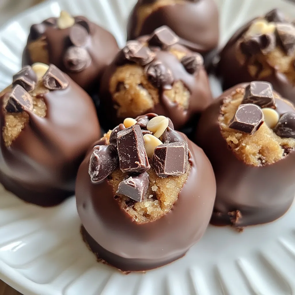 For these delightful Chocolate Chunk Cookie Dough Truffles, gather these key ingredients: - 1 cup all-purpose flour - 1/2 cup unsalted butter, softened - 1/2 cup brown sugar, packed - 1/4 cup granulated sugar - 1 teaspoon vanilla extract - 1/4 teaspoon salt - 1/2 cup semi-sweet chocolate chunks - 1/4 cup mini chocolate chips - 1 cup dark chocolate, chopped (for coating) You can adjust some ingredients based on what you have at home. Here are a few ideas: - Use coconut oil instead of butter for a dairy-free option. - Swap brown sugar with coconut sugar for a different flavor. - Try almond flour instead of all-purpose flour for a gluten-free version. - Use milk chocolate instead of semi-sweet if you prefer a sweeter taste. Every ingredient plays a vital role in creating these truffles: - All-purpose flour: This forms the base of the dough. - Unsalted butter: It gives richness and creaminess to the truffles. - Brown sugar: Adds moisture and a deep flavor. - Granulated sugar: Balances sweetness and helps in browning. - Vanilla extract: Enhances the overall flavor profile. - Salt: Brings out the sweetness and balances flavors. - Semi-sweet chocolate chunks: Offers a rich chocolate taste in each bite. - Mini chocolate chips: Provide extra texture and chocolatey goodness. - Dark chocolate: Coats the truffles and adds a contrast to the sweetness. Understanding these ingredients helps you appreciate the flavors and textures in your cookie dough truffles. {{ingredient_image_1}} First, we need to heat-treat the flour. This step is key. It kills harmful bacteria in raw flour. Spread the all-purpose flour in a microwave-safe bowl. Heat it in the microwave for about one minute. Stir halfway to ensure even heating. Let the flour cool completely before using it. This will make our truffles safe to eat. In a large mixing bowl, combine the softened butter, brown sugar, and granulated sugar. Use a hand mixer or stand mixer to cream them together until light and fluffy. This mixing makes the truffles rich and tasty. Next, add in the vanilla extract and mix until just combined. Now, it's time for the dry ingredients. Gradually add the cooled flour and salt to the butter mixture. Mix on low speed until fully incorporated. Your dough might look crumbly but will hold together when pressed. Now we shape our truffles! Use a tablespoon or a small cookie scoop to scoop out portions of the dough. Roll each portion into a ball, about one inch wide. Place these truffles on a parchment-lined baking sheet. This makes them easy to move later. Once all the dough is shaped, refrigerate the truffles for about 30 minutes. This helps them firm up. While the truffles chill, we prepare the chocolate for coating. Chop the dark chocolate and place it in a microwave-safe bowl. Melt it in the microwave, stirring every 20 seconds until smooth. This will help us achieve a nice, shiny coating. Once the truffles are firm, dip each one into the melted dark chocolate using a fork. Allow any excess chocolate to drip off. Return the coated truffles to the parchment-lined sheet. Finally, place them back in the refrigerator for about 15 minutes. This will help the chocolate harden perfectly. To get the right texture, start with heat-treated flour. This step is key. Microwave the flour for a minute. Stir halfway through. Let it cool before mixing. This keeps your truffles safe and tasty. When mixing the butter and sugars, beat them until fluffy. This will make your dough light. If your dough feels crumbly, don’t worry. It should hold together when pressed into a ball. One mistake is skipping the chilling step. Chilling helps the truffles firm up. If they are too soft, the chocolate coating won’t stick well. Another common error is not melting the chocolate properly. Melt it slowly. Stir every 20 seconds. If you heat it too fast, it can burn. Lastly, don’t crowd the truffles on the baking sheet. Space them out so they can set evenly. For the best coating, use high-quality dark chocolate. The richness will shine through. Dip each truffle carefully using a fork. Let excess chocolate drip off before placing it back on the sheet. This keeps the coating smooth. After coating, chill the truffles again. This helps the chocolate harden nicely. Remember, patience is key for a perfect finish! Pro Tips Heat-Treat Your Flour: Always heat-treat flour before using it in no-bake recipes to eliminate any potential bacteria. Use Room Temperature Butter: Make sure your butter is softened to room temperature for easier creaming with sugars, resulting in a fluffier dough. Chill for Better Coating: Chilling the truffles before dipping in chocolate helps maintain their shape and makes coating easier. Experiment with Coatings: Try different types of chocolate or even crushed nuts for coating to add variety and texture to your truffles. {{image_2}} You can change the flavor of your truffles by using different types of chocolate. Instead of just dark chocolate for coating, try milk or white chocolate. Each will give a unique taste. Milk chocolate adds sweetness, while white chocolate gives a creamy touch. You can even mix chocolates for a fun twist. Just remember to adjust your melting time; different chocolates melt at different rates. You can make your cookie dough truffles even better with add-ins. Try adding nuts, like chopped walnuts or pecans, for crunch. You can also mix in dried fruit, like cranberries or raisins, for a tart taste. If you love spices, a pinch of cinnamon or nutmeg can add warmth. For a fun flavor boost, try a splash of almond extract or orange zest. The choices are endless! Get creative with seasonal themes for your truffles. For Halloween, you might add orange food coloring to the melted chocolate and sprinkle with festive candy. During the holidays, use peppermint extract in the dough and coat with white chocolate. You can decorate with crushed candy canes for a festive touch. For birthdays, use colorful sprinkles on top of the chocolate coating. These small changes can make your treats perfect for any occasion! To keep your chocolate chunk cookie dough truffles fresh, store them in an airtight container. Line the container with parchment paper for added protection. Place a layer of truffles in the container and add more parchment between layers. This prevents them from sticking together. You can store them at room temperature for a few days. When stored properly, these truffles stay fresh for about one week. If you want to enjoy them longer, store them in the refrigerator. The cool air helps maintain their texture. Just remember to let them come to room temperature before enjoying. This brings back their delicious flavor and soft texture. You can also freeze these truffles for later. After forming and chilling the truffles, place them in a single layer on a baking sheet. Freeze them for about one hour. Once firm, transfer them to a freezer-safe bag or container. They can last up to three months in the freezer. When ready to enjoy, thaw them in the fridge overnight. Yes, you can eat cookie dough, but with a twist. Raw cookie dough may contain raw flour and eggs, which can carry harmful bacteria. In this recipe, we heat-treat the flour to make it safe. We microwave it for 1 minute to kill any bacteria. This way, you can enjoy the dough without worry. Heat-treated flour is flour that you heat in the microwave. This process kills harmful bacteria that can cause illness. It is important to ensure your cookie dough truffles are safe to eat. You just spread the flour in a bowl and heat it for 1 minute. Stir halfway through and let it cool before using it in your dough. To make gluten-free cookie dough truffles, swap all-purpose flour for gluten-free flour. Look for a blend designed for baking. Make sure it does not contain any gluten or wheat. The rest of the recipe stays the same. This way, everyone can enjoy these tasty treats! This blog post covered key steps for making delicious truffles. We explored essential ingredients, provided substitutions, and highlighted their importance. I outlined a step-by-step guide to prepare them, mix the dough, shape the truffles, and coat them in chocolate. Helpful tips helped you perfect texture and avoid common mistakes. I also shared fun variations and storage tips to keep your truffles fresh. Remember, making truffles is about enjoying the process. With practice, you’ll become a truffle expert in no time!
