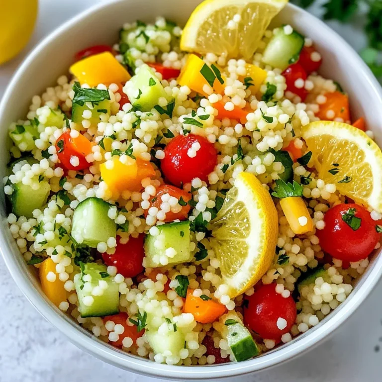 - 1 cup couscous - 1 1/2 cups vegetable broth - 1 cucumber, diced - 1 red bell pepper, diced - 1 cup cherry tomatoes, halved - 1/4 cup red onion, finely chopped - 1/2 cup fresh parsley, chopped - 1/4 cup fresh mint, chopped - Salt and pepper to taste - 1/4 teaspoon crushed red pepper flakes (optional) Couscous is a tiny pasta that cooks quickly. It absorbs flavors well and gives a light, fluffy texture. For this salad, I use fresh vegetables like cucumber, red bell pepper, and cherry tomatoes. They add color and crunch. The herbs, like parsley and mint, bring freshness and bright flavors. - 1/4 cup extra virgin olive oil - Juice of 2 large lemons - Zest of 1 large lemon - Salt and pepper to taste The dressing pulls the whole dish together. I use extra virgin olive oil for richness and lemon juice for a zesty kick. The lemon zest adds a fragrant touch. I always taste and adjust the salt and pepper. A pinch of crushed red pepper flakes can add a little heat if you like it spicy. {{ingredient_image_1}} To start, you need to boil the vegetable broth. In a saucepan, bring 1 1/2 cups of vegetable broth to a boil. This broth adds great flavor to the couscous. Once it boils, add 1 cup of couscous and the zest of 1 large lemon. Stir it well to mix everything. After that, remove the saucepan from heat and cover it. Let it sit for 5 minutes. This allows the couscous to absorb the broth. Once the time is up, fluff the couscous with a fork. This makes it light and airy. Set it aside to cool to room temperature. Next, let’s make the dressing. In a small bowl, whisk together the juice of 2 large lemons, 1/4 cup of extra virgin olive oil, salt, and pepper. If you like some heat, add 1/4 teaspoon of crushed red pepper flakes. Whisk until everything is well combined. This dressing brings a bright flavor to the salad. Now, it’s time to bring everything together. In a large bowl, combine the cooled couscous with 1 diced cucumber, 1 diced red bell pepper, 1 cup of halved cherry tomatoes, and 1/4 cup of finely chopped red onion. Mix these veggies with the couscous well. After mixing, pour the dressing over the couscous mixture. Gently stir to combine the flavors. Finally, add 1/2 cup of chopped fresh parsley and 1/4 cup of chopped fresh mint. Fold them in carefully so the herbs spread evenly. Taste the salad and adjust the seasoning if needed. Let it chill in the fridge for at least 30 minutes. This will help all the flavors blend together beautifully. Enjoy your refreshing and simple Lemon Herb Couscous Salad! To make your couscous light and fluffy, use a fork to fluff it. After cooking, let it cool down. This step helps prevent clumps. Add fresh vegetables for a nice crunch. Diced cucumber and red bell pepper work well. Cherry tomatoes add juiciness. These veggies not only add texture but also enhance the salad's look. Taste is key. Adjust the salt and pepper to your liking. You can also add crushed red pepper for a kick. For extra flavor, try using different herbs. Fresh dill or basil can add a unique twist. You can mix and match based on your taste. Always remember to taste as you go! Pro Tips Use Fresh Herbs: Fresh herbs like parsley and mint make a significant difference in flavor. Always opt for fresh herbs instead of dried for this salad. Let It Chill: Allowing the salad to chill for at least 30 minutes helps the flavors meld together beautifully, enhancing the overall taste. Customize Your Veggies: Feel free to add or substitute other vegetables such as bell peppers or avocados to suit your taste and availability. Perfectly Fluffy Couscous: Ensure to fluff the couscous with a fork after cooking to prevent clumping and achieve a light texture. {{image_2}} You can change this salad by adding different veggies. Try some diced bell peppers, carrots, or even zucchini. Each veggie adds its own flavor and crunch. You can also use frozen peas or corn for a pop of color. For protein, consider adding chickpeas or diced chicken. Cooked shrimp or tofu also work well. These options make the salad more filling and satisfying. If you want to switch things up, try a balsamic vinaigrette. Just mix balsamic vinegar with olive oil and a bit of honey. This adds a sweet and tangy twist to the dish. You can also play with spices. Try adding cumin or smoked paprika for a different flavor. These spices can give your salad a warm and earthy taste. Get creative and find what you like best! To keep your Lemon Herb Couscous Salad fresh, first, let it cool. Then, place the salad in an airtight container. Use a glass or plastic container with a lid. This helps keep the salad crisp and tasty. Store the salad in the fridge. If you have extra dressing, keep it separate. This prevents the couscous from soaking up too much liquid. Your salad will stay fresh in the fridge for about three days. After that, the taste and texture may change. Look for signs of spoilage. If the salad smells off or the veggies look mushy, it’s time to toss it. Always trust your senses! Yes, you can! Quinoa and rice are great substitutes. Quinoa adds a nutty flavor and extra protein. To use quinoa, cook it in the same broth. Rice works well too. Use brown rice for a heartier taste. Just adjust cooking times. Make sure the grains are fluffy and not sticky. Making this salad vegan is super easy! Just replace the vegetable broth with a vegan option. The other ingredients are already plant-based. You can also use agave syrup instead of honey in dressings if needed. This keeps the zing and flavor while being 100% vegan. You can definitely make this salad ahead of time! It tastes even better after chilling. Prepare it a day before serving, and store it in the fridge. Just wait to add the herbs until close to serving. They stay fresh and vibrant that way. In this blog, we explored how to make a tasty Lemon Herb Couscous Salad. We covered the main ingredients like couscous, fresh veggies, and herbs. I shared step-by-step instructions on preparing the couscous and making a simple dressing. You also learned some tips to enhance flavor and texture. Don’t forget, you can customize with various add-ins or dressings. Prepare your salad ahead for easy meals. By following these ideas, you can create a dish that's not just delicious but also fresh and vibrant. Enjoy your cooking!