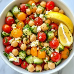 To make a Mediterranean Chickpea Salad, gather these simple ingredients: - 1 can (15 oz) chickpeas, drained and rinsed - 1 cup cherry tomatoes, halved - 1 cucumber, diced - 1/2 red onion, finely chopped - 1/2 cup Kalamata olives, pitted and halved - 1/4 cup feta cheese, crumbled - 2 tablespoons fresh parsley, chopped - 1/4 cup extra-virgin olive oil - 2 tablespoons lemon juice - 1 teaspoon dried oregano - Salt and pepper to taste This salad is not just tasty but also good for you. Each serving has: - Calories: Approximately 250 - Protein: 8 grams - Carbohydrates: 20 grams - Dietary Fiber: 6 grams - Healthy Fats: 15 grams - Vitamins A and C from the fresh veggies Chickpeas are high in protein and fiber. They help keep you full and satisfied. You can change some ingredients to fit your taste. Here are some ideas: - Use canned white beans instead of chickpeas for a different texture. - Swap cherry tomatoes for diced bell peppers for extra crunch. - Feta cheese can be replaced with goat cheese for a tangy flavor. - For a vegan option, leave out the cheese or use a plant-based substitute. - Any fresh herbs like basil or mint can replace parsley for new flavors. Feel free to mix and match for your perfect salad! {{ingredient_image_1}} 1. Start by draining and rinsing the chickpeas in a colander. This step helps remove the salt and can make the salad taste fresh. 2. In a large mixing bowl, combine the chickpeas, halved cherry tomatoes, diced cucumber, finely chopped red onion, and halved Kalamata olives. Make sure to mix them well. 3. Gently fold the ingredients together so they mix without breaking anything. This keeps the salad looking nice. 1. Grab a small bowl and whisk together the olive oil, lemon juice, dried oregano, salt, and pepper. This creates the perfect dressing for your salad. 2. Taste the dressing to see if it needs more salt or pepper. Adjust as needed to fit your taste. 1. Pour the dressing over the salad mixture. Toss gently until everything is well coated. 2. Add the crumbled feta cheese and chopped parsley. Fold them in slowly to keep the feta intact. 3. Let the salad rest for 10-15 minutes. This allows the flavors to mix and taste better. 4. When ready to serve, use a large bowl. Garnish with extra parsley and whole olives. A lemon wedge adds a nice touch too. To get the best salad texture, start with good ingredients. Use canned chickpeas for ease. Rinse them well to remove excess salt. Cherry tomatoes should be firm and ripe. Dice the cucumber into small, even pieces. This helps all the flavors mix well. When you mix the salad, toss gently. This keeps the feta cheese from crumbling too much. Letting it sit for 10-15 minutes is key. This waiting time helps the flavors blend together nicely. Adding flavor is simple. Use fresh lemon juice for a bright taste. A good olive oil adds richness. Dried oregano gives a nice herb note. Don’t forget to season with salt and pepper. Taste the salad before serving. Adjust the seasoning as needed. You can also add some crushed garlic for a kick. For a spicy touch, try adding red pepper flakes. Each addition makes your salad even better. Fresh ingredients make a big difference. Buy ripe tomatoes and firm cucumbers. Look for Kalamata olives that are firm and not mushy. For the best feta, choose one with a creamy texture. Fresh parsley should be vibrant and green. Store all ingredients in a cool place until you’re ready to use them. When chopping, use a sharp knife for clean cuts. This helps keep the veggies crisp. The fresher your ingredients, the tastier your salad will be. Pro Tips Chickpea Preparation: For an even creamier texture, consider cooking dried chickpeas instead of using canned ones. Soak them overnight and boil until tender for the best results. Olive Oil Quality: Use high-quality extra-virgin olive oil for the dressing, as it enhances the flavor of the salad significantly. A fruity or peppery oil can add a delightful depth. Flavor Enhancements: Add a pinch of red pepper flakes or diced bell peppers for an extra kick of flavor and color. This will make your salad even more visually appealing! Serving Suggestions: Pair this salad with grilled chicken or fish for a complete meal. It also works great as a filling for pita bread or as a side dish for barbecues. {{image_2}} If you want to add protein to your Mediterranean chickpea salad, try chicken or tuna. Grilled chicken adds nice flavor. You can use canned tuna for quick prep. For a vegetarian option, add diced avocado or cooked quinoa. These options boost the protein and make the salad more filling. Feta cheese is classic, but you can switch it up. Try goat cheese for a creamier taste. Mozzarella balls give a mild flavor and nice texture. If you want something sharp, use blue cheese. Each option changes the taste, so feel free to experiment! Change the veggies with the seasons for variety. In summer, add bell peppers for crunch. In fall, roasted sweet potatoes add warmth. You can also use arugula or spinach for a fresh twist. Keep it colorful, and enjoy new flavors with each season! To store leftovers, put the salad in an airtight container. This keeps it fresh and safe. Place it in the fridge right after serving. Be sure to cover it well to stop air from getting in. If you have extra dressing, store it separately. This way, the salad stays crisp. The salad tastes best within three days of making it. After three days, the veggies may lose their crunch. Check for any signs of spoilage before eating. If it looks or smells off, toss it. To keep it fresh, avoid adding the feta cheese until you are ready to eat. I do not recommend freezing this salad. Freezing changes the texture of the veggies and cheese. If you freeze it, the salad may become mushy when thawed. Instead, make a smaller batch if you want to enjoy it over several days. To make Mediterranean Chickpea Salad vegan, skip the feta cheese. You can replace it with avocado or a vegan cheese option. This salad is naturally plant-based, so it is easy to adjust. You still get all the great flavors from the chickpeas, veggies, and dressing. Yes, you can meal prep this salad. Make it a day ahead and store it in the fridge. The flavors get better as they sit. Just leave out the feta until you are ready to eat. This keeps it fresh and tasty. Mediterranean Chickpea Salad goes well with many dishes. Serve it with grilled chicken or fish for protein. It also pairs nicely with pita bread and hummus. You can even enjoy it as a side with roasted veggies. This salad is versatile and fits many meals. In this blog post, we explored how to make a tasty Mediterranean Chickpea Salad. We discussed the key ingredients, their nutrition, and smart substitutions. I shared step-by-step instructions for making it easy to prepare. You learned tips to enhance texture and flavor. We also covered variations, storage tips, and answered common questions. Remember, making this salad offers a healthy meal choice. Enjoy playing with flavors and textures. The options are endless, so have fun with it!