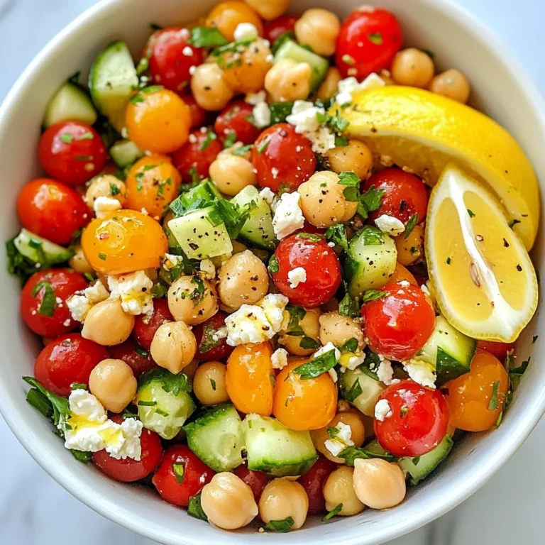 To make a Mediterranean Chickpea Salad, gather these simple ingredients: - 1 can (15 oz) chickpeas, drained and rinsed - 1 cup cherry tomatoes, halved - 1 cucumber, diced - 1/2 red onion, finely chopped - 1/2 cup Kalamata olives, pitted and halved - 1/4 cup feta cheese, crumbled - 2 tablespoons fresh parsley, chopped - 1/4 cup extra-virgin olive oil - 2 tablespoons lemon juice - 1 teaspoon dried oregano - Salt and pepper to taste This salad is not just tasty but also good for you. Each serving has: - Calories: Approximately 250 - Protein: 8 grams - Carbohydrates: 20 grams - Dietary Fiber: 6 grams - Healthy Fats: 15 grams - Vitamins A and C from the fresh veggies Chickpeas are high in protein and fiber. They help keep you full and satisfied. You can change some ingredients to fit your taste. Here are some ideas: - Use canned white beans instead of chickpeas for a different texture. - Swap cherry tomatoes for diced bell peppers for extra crunch. - Feta cheese can be replaced with goat cheese for a tangy flavor. - For a vegan option, leave out the cheese or use a plant-based substitute. - Any fresh herbs like basil or mint can replace parsley for new flavors. Feel free to mix and match for your perfect salad! {{ingredient_image_1}} 1. Start by draining and rinsing the chickpeas in a colander. This step helps remove the salt and can make the salad taste fresh. 2. In a large mixing bowl, combine the chickpeas, halved cherry tomatoes, diced cucumber, finely chopped red onion, and halved Kalamata olives. Make sure to mix them well. 3. Gently fold the ingredients together so they mix without breaking anything. This keeps the salad looking nice. 1. Grab a small bowl and whisk together the olive oil, lemon juice, dried oregano, salt, and pepper. This creates the perfect dressing for your salad. 2. Taste the dressing to see if it needs more salt or pepper. Adjust as needed to fit your taste. 1. Pour the dressing over the salad mixture. Toss gently until everything is well coated. 2. Add the crumbled feta cheese and chopped parsley. Fold them in slowly to keep the feta intact. 3. Let the salad rest for 10-15 minutes. This allows the flavors to mix and taste better. 4. When ready to serve, use a large bowl. Garnish with extra parsley and whole olives. A lemon wedge adds a nice touch too. To get the best salad texture, start with good ingredients. Use canned chickpeas for ease. Rinse them well to remove excess salt. Cherry tomatoes should be firm and ripe. Dice the cucumber into small, even pieces. This helps all the flavors mix well. When you mix the salad, toss gently. This keeps the feta cheese from crumbling too much. Letting it sit for 10-15 minutes is key. This waiting time helps the flavors blend together nicely. Adding flavor is simple. Use fresh lemon juice for a bright taste. A good olive oil adds richness. Dried oregano gives a nice herb note. Don’t forget to season with salt and pepper. Taste the salad before serving. Adjust the seasoning as needed. You can also add some crushed garlic for a kick. For a spicy touch, try adding red pepper flakes. Each addition makes your salad even better. Fresh ingredients make a big difference. Buy ripe tomatoes and firm cucumbers. Look for Kalamata olives that are firm and not mushy. For the best feta, choose one with a creamy texture. Fresh parsley should be vibrant and green. Store all ingredients in a cool place until you’re ready to use them. When chopping, use a sharp knife for clean cuts. This helps keep the veggies crisp. The fresher your ingredients, the tastier your salad will be. Pro Tips Chickpea Preparation: For an even creamier texture, consider cooking dried chickpeas instead of using canned ones. Soak them overnight and boil until tender for the best results. Olive Oil Quality: Use high-quality extra-virgin olive oil for the dressing, as it enhances the flavor of the salad significantly. A fruity or peppery oil can add a delightful depth. Flavor Enhancements: Add a pinch of red pepper flakes or diced bell peppers for an extra kick of flavor and color. This will make your salad even more visually appealing! Serving Suggestions: Pair this salad with grilled chicken or fish for a complete meal. It also works great as a filling for pita bread or as a side dish for barbecues. {{image_2}} If you want to add protein to your Mediterranean chickpea salad, try chicken or tuna. Grilled chicken adds nice flavor. You can use canned tuna for quick prep. For a vegetarian option, add diced avocado or cooked quinoa. These options boost the protein and make the salad more filling. Feta cheese is classic, but you can switch it up. Try goat cheese for a creamier taste. Mozzarella balls give a mild flavor and nice texture. If you want something sharp, use blue cheese. Each option changes the taste, so feel free to experiment! Change the veggies with the seasons for variety. In summer, add bell peppers for crunch. In fall, roasted sweet potatoes add warmth. You can also use arugula or spinach for a fresh twist. Keep it colorful, and enjoy new flavors with each season! To store leftovers, put the salad in an airtight container. This keeps it fresh and safe. Place it in the fridge right after serving. Be sure to cover it well to stop air from getting in. If you have extra dressing, store it separately. This way, the salad stays crisp. The salad tastes best within three days of making it. After three days, the veggies may lose their crunch. Check for any signs of spoilage before eating. If it looks or smells off, toss it. To keep it fresh, avoid adding the feta cheese until you are ready to eat. I do not recommend freezing this salad. Freezing changes the texture of the veggies and cheese. If you freeze it, the salad may become mushy when thawed. Instead, make a smaller batch if you want to enjoy it over several days. To make Mediterranean Chickpea Salad vegan, skip the feta cheese. You can replace it with avocado or a vegan cheese option. This salad is naturally plant-based, so it is easy to adjust. You still get all the great flavors from the chickpeas, veggies, and dressing. Yes, you can meal prep this salad. Make it a day ahead and store it in the fridge. The flavors get better as they sit. Just leave out the feta until you are ready to eat. This keeps it fresh and tasty. Mediterranean Chickpea Salad goes well with many dishes. Serve it with grilled chicken or fish for protein. It also pairs nicely with pita bread and hummus. You can even enjoy it as a side with roasted veggies. This salad is versatile and fits many meals. In this blog post, we explored how to make a tasty Mediterranean Chickpea Salad. We discussed the key ingredients, their nutrition, and smart substitutions. I shared step-by-step instructions for making it easy to prepare. You learned tips to enhance texture and flavor. We also covered variations, storage tips, and answered common questions. Remember, making this salad offers a healthy meal choice. Enjoy playing with flavors and textures. The options are endless, so have fun with it!