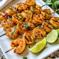 - 1 pound large shrimp, peeled and deveined - 3 tablespoons olive oil - 2 tablespoons fresh lime juice - 1 tablespoon chili powder - 1 teaspoon smoked paprika - 1 teaspoon garlic powder - 1 teaspoon cumin - 1/2 teaspoon salt - 1/4 teaspoon black pepper - Zest of 1 lime - Fresh cilantro, chopped for garnish - Lime wedges, for serving How to choose the best shrimp When picking shrimp, look for ones that are firm and shiny. Fresh shrimp should smell like the ocean, not fishy. Choose large shrimp for grilling as they hold up better on the skewers. Substitutes for olive oil If you don’t have olive oil, you can use avocado oil or canola oil. Both oils have high smoke points and will add a nice flavor. Fresh vs. bottled lime juice Fresh lime juice offers a bright taste that bottled juice can’t match. Always use fresh when you can. The zest from the lime adds even more flavor, so don’t skip it! {{ingredient_image_1}} Preparing the marinade To start, you need to make the marinade. In a bowl, mix together: - 3 tablespoons olive oil - 2 tablespoons fresh lime juice - 1 tablespoon chili powder - 1 teaspoon smoked paprika - 1 teaspoon garlic powder - 1 teaspoon cumin - 1/2 teaspoon salt - 1/4 teaspoon black pepper - Zest of 1 lime Whisk these ingredients until well combined. The lime juice adds bright flavor, while the spices bring heat and depth. Coating the shrimp Next, it's time to add the shrimp. Use 1 pound of large shrimp, peeled and deveined. Toss them in the marinade. Make sure each shrimp is coated well. Cover the bowl and refrigerate for at least 30 minutes. This allows the flavors to blend and soak into the shrimp. Preheating the grill Now, let's prepare the grill. Preheat it to medium-high heat, around 400°F. This temperature gives the shrimp a nice sear. Skewering the shrimp While the grill heats, thread the marinated shrimp onto skewers. If you're using wooden skewers, soak them in water for 30 minutes. This step prevents them from burning on the grill. Cooking times and techniques Once the grill is hot, place the skewers on it. Grill the shrimp for about 2-3 minutes on each side. Watch them closely. They are done when they turn pink and opaque. Avoid overcooking to keep them tender. Garnishing with cilantro After grilling, remove the skewers from the grill. Let them rest for a minute. This helps keep the shrimp juicy. Then, garnish with fresh cilantro. It adds color and extra flavor. Pairing with lime wedges Serve the skewers with lime wedges on the side. The lime juice adds a zesty kick that enhances the dish. Enjoy the bright and bold flavors of your chili lime grilled shrimp skewers! To get perfect grilled shrimp, avoid overcooking. Cook shrimp for only 2-3 minutes on each side. When they turn pink and opaque, they are done. Overcooked shrimp become tough and chewy. Soaking wooden skewers helps prevent burning. Place them in water for 30 minutes before using. This keeps your skewers intact and safe on the grill. Want to make your shrimp spicy? Add fresh peppers like jalapeños or serranos. Chop them finely and mix them into your marinade. This will give your dish a nice kick. You can also include other spices. Try adding smoked paprika for a deeper flavor or a pinch of cayenne for heat. These tweaks can elevate your shrimp skewers. When serving, arrange skewers on a vibrant platter. Drizzle some extra marinade or olive oil over them for shine. This adds extra flavor and appeals to the eye. Serve with lime wedges on the side. A sprinkle of chopped cilantro gives a fresh pop of color. These small touches make your dish look gourmet and inviting. Pro Tips Marinate Longer for Flavor: For even more intense flavor, consider marinating the shrimp for 1-2 hours instead of just 30 minutes. Use Fresh Ingredients: Fresh lime juice and zest will elevate the taste of your dish compared to bottled alternatives. Perfect Skewer Technique: When skewering shrimp, thread them through the thickest part to ensure even cooking. Check for Doneness: To avoid overcooking, remove the shrimp from the grill once they are pink and opaque; they will continue to cook slightly after being taken off. {{image_2}} You can use chicken or fish instead of shrimp. For chicken, cut it into bite-sized pieces. Marinate it just like the shrimp. This gives you a tasty and juicy dish. If you prefer fish, try salmon or tilapia. These options also soak up the chili lime flavors well. Vegetarian options can be fun too! Use firm veggies like bell peppers, zucchini, or mushrooms. You can even use tofu. Marinate them with the same mix. Grill these skewers for a colorful and healthy meal. If you don't have a grill, you can use your oven. Set it to broil. Place the skewers on a baking sheet lined with foil. Broil them for 2-3 minutes on each side. Keep an eye on them to avoid burning. You can also use an air fryer. Preheat it to 400°F. Place the skewers in the basket in a single layer. Cook for about 5-6 minutes, flipping halfway through. This method gives you a nice char without the grill. Add different herbs to mix it up. Fresh cilantro works well, but you can try parsley or mint too. Just chop them finely and add them to the marinade. Experiment with marinades for new tastes. Try adding honey for sweetness or sriracha for heat. You can also use soy sauce for a savory twist. These small changes can make a big impact on flavor. - Refrigeration tips: Once you're done eating, place any leftover shrimp in an airtight container. They will stay fresh in the fridge for up to two days. Always cool them down before sealing. - Freezing instructions: If you want to keep them longer, freeze the shrimp. Place them in a freezer-safe bag. Remove as much air as possible. They can last for about three months in the freezer. When ready, thaw in the fridge overnight before reheating. - Best methods for reheating grilled shrimp: The best way to reheat shrimp is in a skillet over low heat. This ensures they warm evenly. You can add a splash of olive oil or a little broth to help keep them moist. - Avoiding rubbery shrimp: To avoid rubbery shrimp, heat them just until warm. Overheating causes them to become tough. Keep an eye on them to ensure they do not cook longer than needed. - Pre-marinating tips: You can marinate the shrimp a day ahead. This saves time and lets the flavors soak in deeply. Just store them in the fridge until you're ready to grill. - Making skewers in advance: You can also make the skewers ahead of time. Assemble them and place them in the fridge, covered until you’re ready to cook. This way, grilling becomes quick and easy! Marinating shrimp is key for flavor. I suggest marinating for at least 30 minutes. This allows the shrimp to soak up the chili and lime flavors. If you have time, marinate for up to two hours for a stronger taste. Just avoid marinating too long, as shrimp can become mushy. Yes, you can use frozen shrimp. Just make sure to thaw them properly. The best way is to place them in the fridge overnight. If you're short on time, you can run them under cold water for about 15 minutes. After thawing, pat them dry before marinating. This helps the marinade stick better. These skewers pair well with many sides. Here are some great options: - Rice: A side of cilantro lime rice adds freshness. - Salad: A light garden salad with avocado and lime dressing complements the shrimp. - Grilled veggies: Bell peppers and zucchini add color and flavor. - Tortillas: Serve with warm tortillas for a fun twist. Try mixing and matching to find your favorite combination! This blog post covered the key ingredients and steps for making chili lime grilled shrimp skewers. We looked at how to choose the best shrimp and what to do with them, including marinating and grilling. I shared tips for flavor and ways to present your dish. You can also try different proteins or cooking methods. With these ideas, you can enjoy a tasty meal. Remember, cooking is about fun and creativity. Enjoy making these skewers!