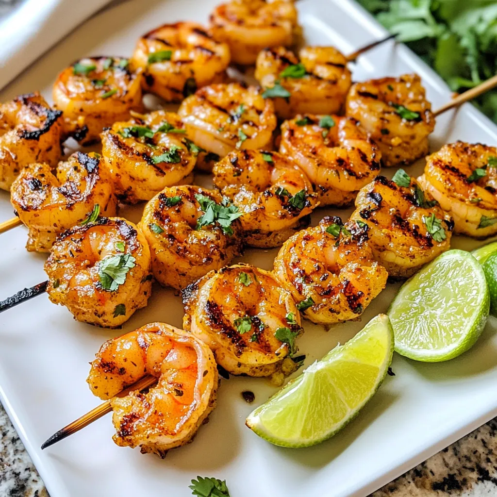 - 1 pound large shrimp, peeled and deveined - 3 tablespoons olive oil - 2 tablespoons fresh lime juice - 1 tablespoon chili powder - 1 teaspoon smoked paprika - 1 teaspoon garlic powder - 1 teaspoon cumin - 1/2 teaspoon salt - 1/4 teaspoon black pepper - Zest of 1 lime - Fresh cilantro, chopped for garnish - Lime wedges, for serving How to choose the best shrimp When picking shrimp, look for ones that are firm and shiny. Fresh shrimp should smell like the ocean, not fishy. Choose large shrimp for grilling as they hold up better on the skewers. Substitutes for olive oil If you don’t have olive oil, you can use avocado oil or canola oil. Both oils have high smoke points and will add a nice flavor. Fresh vs. bottled lime juice Fresh lime juice offers a bright taste that bottled juice can’t match. Always use fresh when you can. The zest from the lime adds even more flavor, so don’t skip it! {{ingredient_image_1}} Preparing the marinade To start, you need to make the marinade. In a bowl, mix together: - 3 tablespoons olive oil - 2 tablespoons fresh lime juice - 1 tablespoon chili powder - 1 teaspoon smoked paprika - 1 teaspoon garlic powder - 1 teaspoon cumin - 1/2 teaspoon salt - 1/4 teaspoon black pepper - Zest of 1 lime Whisk these ingredients until well combined. The lime juice adds bright flavor, while the spices bring heat and depth. Coating the shrimp Next, it's time to add the shrimp. Use 1 pound of large shrimp, peeled and deveined. Toss them in the marinade. Make sure each shrimp is coated well. Cover the bowl and refrigerate for at least 30 minutes. This allows the flavors to blend and soak into the shrimp. Preheating the grill Now, let's prepare the grill. Preheat it to medium-high heat, around 400°F. This temperature gives the shrimp a nice sear. Skewering the shrimp While the grill heats, thread the marinated shrimp onto skewers. If you're using wooden skewers, soak them in water for 30 minutes. This step prevents them from burning on the grill. Cooking times and techniques Once the grill is hot, place the skewers on it. Grill the shrimp for about 2-3 minutes on each side. Watch them closely. They are done when they turn pink and opaque. Avoid overcooking to keep them tender. Garnishing with cilantro After grilling, remove the skewers from the grill. Let them rest for a minute. This helps keep the shrimp juicy. Then, garnish with fresh cilantro. It adds color and extra flavor. Pairing with lime wedges Serve the skewers with lime wedges on the side. The lime juice adds a zesty kick that enhances the dish. Enjoy the bright and bold flavors of your chili lime grilled shrimp skewers! To get perfect grilled shrimp, avoid overcooking. Cook shrimp for only 2-3 minutes on each side. When they turn pink and opaque, they are done. Overcooked shrimp become tough and chewy. Soaking wooden skewers helps prevent burning. Place them in water for 30 minutes before using. This keeps your skewers intact and safe on the grill. Want to make your shrimp spicy? Add fresh peppers like jalapeños or serranos. Chop them finely and mix them into your marinade. This will give your dish a nice kick. You can also include other spices. Try adding smoked paprika for a deeper flavor or a pinch of cayenne for heat. These tweaks can elevate your shrimp skewers. When serving, arrange skewers on a vibrant platter. Drizzle some extra marinade or olive oil over them for shine. This adds extra flavor and appeals to the eye. Serve with lime wedges on the side. A sprinkle of chopped cilantro gives a fresh pop of color. These small touches make your dish look gourmet and inviting. Pro Tips Marinate Longer for Flavor: For even more intense flavor, consider marinating the shrimp for 1-2 hours instead of just 30 minutes. Use Fresh Ingredients: Fresh lime juice and zest will elevate the taste of your dish compared to bottled alternatives. Perfect Skewer Technique: When skewering shrimp, thread them through the thickest part to ensure even cooking. Check for Doneness: To avoid overcooking, remove the shrimp from the grill once they are pink and opaque; they will continue to cook slightly after being taken off. {{image_2}} You can use chicken or fish instead of shrimp. For chicken, cut it into bite-sized pieces. Marinate it just like the shrimp. This gives you a tasty and juicy dish. If you prefer fish, try salmon or tilapia. These options also soak up the chili lime flavors well. Vegetarian options can be fun too! Use firm veggies like bell peppers, zucchini, or mushrooms. You can even use tofu. Marinate them with the same mix. Grill these skewers for a colorful and healthy meal. If you don't have a grill, you can use your oven. Set it to broil. Place the skewers on a baking sheet lined with foil. Broil them for 2-3 minutes on each side. Keep an eye on them to avoid burning. You can also use an air fryer. Preheat it to 400°F. Place the skewers in the basket in a single layer. Cook for about 5-6 minutes, flipping halfway through. This method gives you a nice char without the grill. Add different herbs to mix it up. Fresh cilantro works well, but you can try parsley or mint too. Just chop them finely and add them to the marinade. Experiment with marinades for new tastes. Try adding honey for sweetness or sriracha for heat. You can also use soy sauce for a savory twist. These small changes can make a big impact on flavor. - Refrigeration tips: Once you're done eating, place any leftover shrimp in an airtight container. They will stay fresh in the fridge for up to two days. Always cool them down before sealing. - Freezing instructions: If you want to keep them longer, freeze the shrimp. Place them in a freezer-safe bag. Remove as much air as possible. They can last for about three months in the freezer. When ready, thaw in the fridge overnight before reheating. - Best methods for reheating grilled shrimp: The best way to reheat shrimp is in a skillet over low heat. This ensures they warm evenly. You can add a splash of olive oil or a little broth to help keep them moist. - Avoiding rubbery shrimp: To avoid rubbery shrimp, heat them just until warm. Overheating causes them to become tough. Keep an eye on them to ensure they do not cook longer than needed. - Pre-marinating tips: You can marinate the shrimp a day ahead. This saves time and lets the flavors soak in deeply. Just store them in the fridge until you're ready to grill. - Making skewers in advance: You can also make the skewers ahead of time. Assemble them and place them in the fridge, covered until you’re ready to cook. This way, grilling becomes quick and easy! Marinating shrimp is key for flavor. I suggest marinating for at least 30 minutes. This allows the shrimp to soak up the chili and lime flavors. If you have time, marinate for up to two hours for a stronger taste. Just avoid marinating too long, as shrimp can become mushy. Yes, you can use frozen shrimp. Just make sure to thaw them properly. The best way is to place them in the fridge overnight. If you're short on time, you can run them under cold water for about 15 minutes. After thawing, pat them dry before marinating. This helps the marinade stick better. These skewers pair well with many sides. Here are some great options: - Rice: A side of cilantro lime rice adds freshness. - Salad: A light garden salad with avocado and lime dressing complements the shrimp. - Grilled veggies: Bell peppers and zucchini add color and flavor. - Tortillas: Serve with warm tortillas for a fun twist. Try mixing and matching to find your favorite combination! This blog post covered the key ingredients and steps for making chili lime grilled shrimp skewers. We looked at how to choose the best shrimp and what to do with them, including marinating and grilling. I shared tips for flavor and ways to present your dish. You can also try different proteins or cooking methods. With these ideas, you can enjoy a tasty meal. Remember, cooking is about fun and creativity. Enjoy making these skewers!