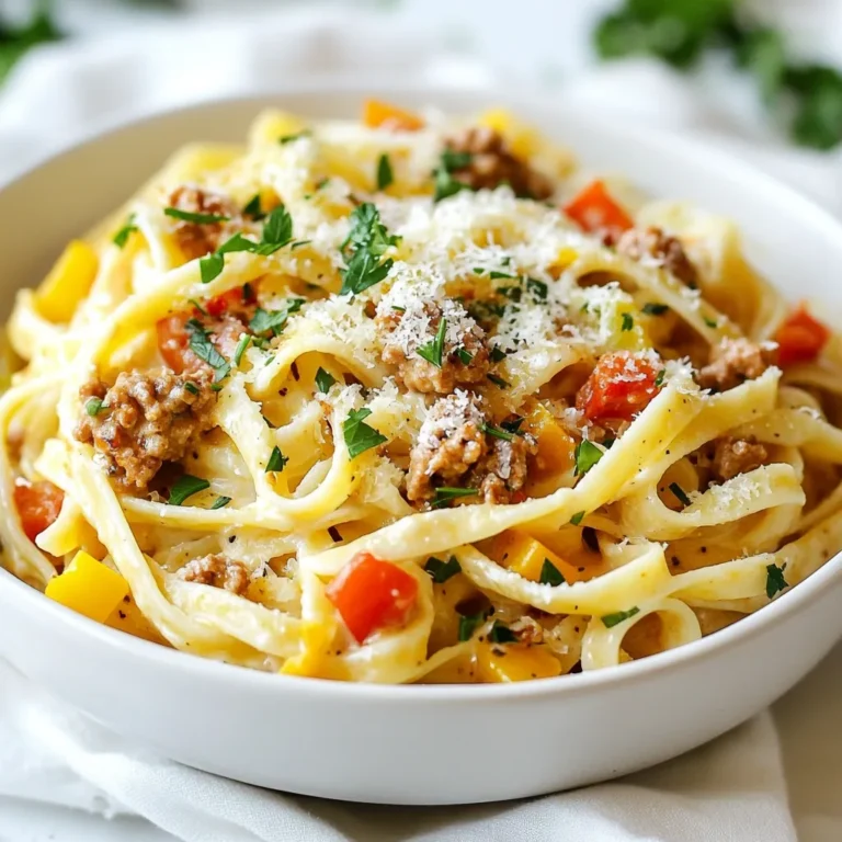 To make Creamy Cajun Turkey Pasta, gather these simple items: - 8 oz fettuccine pasta - 1 lb ground turkey - 1 tablespoon olive oil - 1 small onion, diced - 2 cloves garlic, minced - 1 red bell pepper, diced - 1 green bell pepper, diced - 1 tablespoon Cajun seasoning - 1 cup heavy cream - 1 cup chicken broth - ½ cup grated Parmesan cheese - Salt and pepper to taste You can enhance this dish with these garnishes: - Fresh parsley, chopped - Extra grated Parmesan cheese - A sprinkle of Cajun seasoning Each serving of Creamy Cajun Turkey Pasta offers good nutrition: - Calories: 550 - Protein: 35g - Carbohydrates: 50g - Fat: 25g - Fiber: 3g - Sodium: 700mg This meal is hearty and satisfying. It packs flavor and comfort in each bite. The creamy sauce pairs well with the turkey. The Cajun seasoning adds a nice kick. Enjoy this dish any night of the week! {{ingredient_image_1}} Start by boiling a large pot of salted water. Add 8 ounces of fettuccine pasta. Cook it according to the package instructions until it is al dente. This usually takes around 8-10 minutes. Drain the pasta but keep ½ cup of the pasta water. Set the pasta aside for later. In a large skillet, heat 1 tablespoon of olive oil over medium heat. Once the oil is hot, add 1 pound of ground turkey. Cook for about 5-7 minutes, stirring often. The turkey should be browned and fully cooked. Season it with salt, pepper, and 1 tablespoon of Cajun seasoning. Remove the cooked turkey from the skillet and set it aside. In the same skillet, add the diced onion. Sauté it for 2-3 minutes until it becomes soft and translucent. Next, add 2 cloves of minced garlic and cook for 1 more minute. This will make the kitchen smell amazing! Then add diced red and green bell peppers. Cook for another 5 minutes until they start to soften. Pour in 1 cup of chicken broth and bring it to a gentle simmer. Lower the heat and add 1 cup of heavy cream. Let the mixture simmer for about 3-4 minutes until it thickens slightly. This creamy sauce is the heart of the dish. Return the browned ground turkey to the skillet. Stir to combine all the ingredients well. Gradually mix in ½ cup of grated Parmesan cheese until it melts into the sauce. If the sauce is too thick, add some of the reserved pasta water to reach your desired consistency. Add the cooked fettuccine pasta to the skillet. Toss everything well to coat the pasta in the creamy sauce. Cook for an additional 2 minutes to heat it through. Finally, remove it from the heat and garnish with chopped fresh parsley. Serve it hot and enjoy your creamy Cajun turkey pasta! To make your Creamy Cajun Turkey Pasta spicier, add more Cajun seasoning. Start with an extra half tablespoon to give it a kick. If you want even more heat, toss in some crushed red pepper flakes. You can also use fresh jalapeños or other spicy peppers. Experimenting will help you find your perfect spice level. If you prefer a creamier sauce, use more heavy cream. You can also mix in sour cream or cream cheese for added richness. For a lighter version, swap out some heavy cream for chicken broth. This keeps the flavor but cuts the fat. Always taste as you mix to find the right balance for your dish. To get the right texture, cook the pasta al dente. This means it should still have a bit of bite. When mixing the pasta with the sauce, toss gently but thoroughly. If the sauce seems too thick, add a splash of reserved pasta water to loosen it. This will help coat the pasta evenly and keep it creamy. Pro Tips Cook Pasta Al Dente: For the best texture, cook the fettuccine just until al dente. This will prevent it from becoming too soft when mixed with the creamy sauce. Use Fresh Cajun Seasoning: If possible, make your own Cajun seasoning blend using spices like paprika, cayenne, and thyme for a fresher and more vibrant flavor. Adjust Sauce Consistency: If the sauce is too thick, gradually add the reserved pasta water until you reach your desired consistency, ensuring it's creamy without being overwhelming. Garnish for Freshness: Always garnish with freshly chopped parsley just before serving to add a pop of color and a burst of freshness to the dish. {{image_2}} You can switch up the protein in this dish. If you want a leaner meat, use ground chicken or turkey. Both options work well with the Cajun spices. For a heartier meal, try diced, cooked sausage or shrimp. These proteins add depth and flavor to the creamy sauce. To make a vegetarian version, swap the turkey for plant-based meat. Use lentils or chickpeas for protein. You can also add more veggies like zucchini or mushrooms for texture. The Cajun seasoning still brings that spicy kick, making it feel just as satisfying. If you have dietary restrictions, there are easy swaps. For gluten-free pasta, use brown rice or quinoa pasta. To cut calories, try using low-fat cream or a plant-based cream. You can also reduce the cheese or skip it altogether for a lighter dish. Always adjust seasoning to taste for the best flavor. Store your Creamy Cajun Turkey Pasta in an airtight container. Keep it in the fridge. It will stay fresh for up to three days. Make sure it cools down first before sealing. This helps prevent condensation inside the container. Reheat your pasta on the stove for best results. Add a splash of chicken broth or cream to keep it creamy. Heat over medium-low heat, stirring often until it's warm. You can also use the microwave. Place it in a bowl, cover it, and heat for one minute. Stir and check if it’s warm enough. If not, heat for 30 seconds more. You can freeze Creamy Cajun Turkey Pasta. Portion it into freezer-safe bags or containers. Leave some space at the top for expansion. It can last up to three months in the freezer. When you're ready to eat, thaw it in the fridge overnight. Then, reheat as mentioned above for tasty results. Yes, you can use other types of pasta. Penne or rotini work well. Choose a shape that holds sauce well. Whole wheat or gluten-free pasta are great options too. Just adjust the cooking time based on the pasta you pick. This dish lasts about three to four days in the fridge. Store it in an airtight container. Reheat it on the stove or in the microwave. Stir well before serving to keep the sauce creamy. Yes, you can make it in advance. Prepare the pasta and sauce separately. Store them in the fridge. When ready to eat, combine them and reheat. This keeps the pasta from getting soggy. Serve this pasta with a simple salad. A side of garlic bread pairs nicely too. You can also add some roasted vegetables for extra flavor. Try a light dessert after for a complete meal. Absolutely! Use coconut cream instead of heavy cream. Nutritional yeast can replace Parmesan cheese. Make sure your broth is dairy-free too. This way, you still enjoy a creamy dish without dairy. This blog post covered everything you need to make a tasty Creamy Cajun Turkey Pasta. We went through the key ingredients and options for garnishes, then detailed steps to cook it perfectly. I shared tips to customize the dish and ways to store leftovers. In cooking, adapting recipes to fit your taste is key. Enjoy making your version!