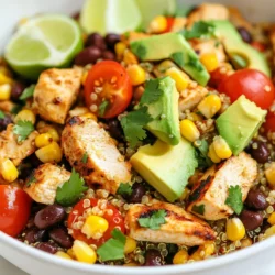 - 1 cup quinoa, rinsed - 2 cups chicken broth (or water) - 1 lb grilled chicken breast, diced - 1 cup black beans, drained and rinsed - 1 cup corn kernels (fresh or frozen) - 1 red bell pepper, diced - 1 avocado, diced - ½ cup cherry tomatoes, halved - ¼ cup red onion, finely chopped - ¼ cup fresh cilantro, chopped - Juice of 2 limes - 3 tablespoons olive oil - 1 teaspoon cumin - 1 teaspoon chili powder - Salt and pepper to taste Fresh ingredients make a big difference in flavor. When you use fresh produce, your salad bursts with color and taste. Fresh herbs, like cilantro, add a bright note. Fresh corn adds sweetness, while ripe avocados bring creaminess. Each ingredient plays a role. They work together to create a balanced and tasty dish. You can swap out some ingredients if needed. If you do not have quinoa, try brown rice or couscous. For the chicken, use canned beans or tofu for a vegetarian twist. If you can’t find fresh corn, frozen corn works well too. Lime juice can be replaced with lemon juice for a different zing. These substitutions can keep the salad fun and exciting! {{ingredient_image_1}} Start by rinsing 1 cup of quinoa. Rinsing removes the bitter coating. Then, in a medium saucepan, mix the quinoa with 2 cups of chicken broth or water. Bring it to a boil over medium heat. Once boiling, lower the heat. Cover the pot and let it simmer for 15 minutes. After that, all the liquid should be absorbed. Remove the pot from heat. Let it sit for 5 minutes. Finally, fluff the quinoa gently with a fork. In a large mixing bowl, add your fluffed quinoa. Next, toss in 1 pound of diced grilled chicken. Add 1 cup of black beans that are drained and rinsed. Include 1 cup of corn kernels, fresh or frozen. Chop and add 1 diced red bell pepper. Dice 1 avocado and add it too. Halve ½ cup of cherry tomatoes and toss them in. To finish, add ¼ cup of finely chopped red onion and ¼ cup of fresh cilantro. Mix everything well to combine. For the dressing, grab a small bowl. Squeeze the juice of 2 limes into the bowl. Pour in 3 tablespoons of olive oil. Then, add 1 teaspoon of cumin and 1 teaspoon of chili powder. Season with salt and pepper to taste. Whisk all the ingredients together until well blended. Pour the dressing over your salad mixture. Toss gently to coat everything evenly. Let the salad sit for about 15 minutes. This allows all the flavors to mix and develop before you serve. To fluff quinoa, first, let it rest after cooking. After cooking for 15 minutes, take it off the heat. Let it sit for 5 minutes. This step helps the grains absorb any remaining liquid. After resting, use a fork to gently fluff the quinoa. This keeps it light and airy, which makes your salad more enjoyable. Letting your salad sit is key for great taste. After mixing all the ingredients, allow it to rest for 15 minutes. This time lets the flavors blend well. The lime juice and spices soak into the chicken and beans. You will taste the difference in every bite! Serving your salad well makes it more appealing. Use large bowls to show off the vibrant colors. Garnish with extra cilantro and lime wedges for a fresh touch. You can also layer the salad in a jar. This gives a fun grab-and-go option for busy days. A good presentation makes every meal feel special! Pro Tips Cook Quinoa Perfectly: To achieve fluffy quinoa, rinse it thoroughly before cooking to remove any bitterness, and let it sit covered after cooking to steam. Customize Your Veggies: Feel free to swap in seasonal vegetables like zucchini or bell peppers for a twist. Just ensure they're diced evenly for consistent texture. Make Ahead: This salad keeps well in the fridge for a couple of days. Prepare it a day in advance for a quick meal prep option. Add Extra Flavor: Enhance the dressing with a splash of hot sauce or diced jalapeños for a spicy kick that complements the southwest flavors. {{image_2}} You can change up the proteins in your salad. If you don't want chicken, try shrimp. Cooked shrimp adds a nice twist. You can also use beef or pork. Just grill or sauté them first. For a smoky flavor, use pulled pork. Each option brings a unique taste to your salad. Want a meatless meal? Swap the chicken for chickpeas. They add protein and fiber. You can also use tofu or tempeh. Just grill or sauté them to add flavor. If you want a fresh taste, add more veggies. Try adding extra black beans or corn. This keeps the salad filling and tasty. Boost the flavor with spices. Add more cumin for warmth. A sprinkle of smoked paprika brings a nice smoky taste. If you like heat, toss in cayenne pepper. You can also try fresh herbs, like mint or basil. Each spice or herb can change the salad’s vibe. Experiment to find your perfect blend! To keep your Southwest Chicken Quinoa Salad fresh, store it in an airtight container. This will lock in moisture and flavor. Place the salad in the fridge if you plan to eat it within three days. Make sure to cover it well. If you see any moisture, use paper towels inside the lid to absorb it. You can freeze this salad, but some ingredients don’t freeze well. The avocado and tomatoes may turn mushy. If you're okay with that, pack the salad in a freezer-safe container. Leave space at the top for expansion. It can last up to three months in the freezer. When ready to eat, thaw it overnight in the fridge. Reheating this salad is simple. If you stored it in the fridge, just take out what you want. You can warm it in the microwave for about one minute. Be careful not to overheat. If you froze it, let it thaw first. After thawing, you can heat it or enjoy it cold. Just remember to add fresh avocado and any other toppings after reheating for the best taste. This salad lasts about 3 to 4 days in the fridge. Store it in an airtight container to keep it fresh. The flavors will blend even more over time. However, the avocado may brown slightly. To avoid this, add avocado right before serving. Yes, you can make this salad ahead of time. It tastes great when chilled. Prepare the quinoa and salad mixture a day in advance. Just add the dressing when you are ready to serve. This keeps everything fresh and crunchy. You can add many tasty ingredients to this salad. Some great options include: - Diced jalapeños for heat - Chopped green onions for extra flavor - Cheese like feta or cotija for creaminess - Chopped olives for a briny touch Feel free to mix and match based on your taste! This blog post covered how to make a delicious Southwest Chicken Quinoa Salad. We explored the key ingredients, the steps to prepare, and effective storage tips. Fresh ingredients make a big difference in taste. Variations let you customize the salad to your liking. Remember to store leftovers properly for the best flavor. Enjoy experimenting with this recipe. Each bite will be tasty and nutritious!