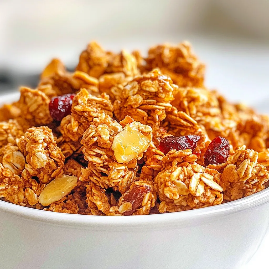 To make Vanilla Almond Granola Clusters, you need the following: - 2 cups rolled oats - 1 cup almonds, chopped - 1/2 cup honey or maple syrup - 1/4 cup coconut oil, melted - 1 teaspoon vanilla extract - 1/2 teaspoon cinnamon - 1/4 teaspoon salt - 1/2 cup dried cranberries or raisins - Optional: 1/4 cup shredded coconut These ingredients blend together to create a tasty, crunchy treat. You can easily swap some items in this recipe. If you have a nut allergy, use sunflower seeds instead of almonds. You can also try agave nectar in place of honey or maple syrup. For a dairy-free option, coconut oil works well and adds flavor. If you do not have rolled oats, quick oats are a fine choice, but the texture may change. If you need different measurements, here are some easy conversions: - 1 cup = 8 fluid ounces - 1/2 cup = 4 fluid ounces - 1/4 cup = 2 fluid ounces - 1 teaspoon = 5 milliliters - 1 tablespoon = 15 milliliters This way, you can adjust the recipe to fit your needs. {{ingredient_image_1}} First, set your oven to 350°F (175°C). This is the perfect heat for granola. Line a baking sheet with parchment paper. This step keeps the granola from sticking. It also makes cleanup easy. A clean baking sheet means less fuss later! In a large mixing bowl, add 2 cups of rolled oats and 1 cup of chopped almonds. Mix these dry ingredients well. In another bowl, whisk together 1/2 cup of honey (or maple syrup), 1/4 cup of melted coconut oil, 1 teaspoon of vanilla extract, 1/2 teaspoon of cinnamon, and 1/4 teaspoon of salt. Make sure everything blends smoothly. Pour this mixture over the oats and almonds. Stir until every piece is coated. If you like, add 1/2 cup of dried cranberries or raisins. This adds a nice chewiness to your granola! Transfer the mixture to your lined baking sheet. Spread it out evenly to form one layer. This helps it cook evenly. Bake for about 20-25 minutes. Stir the granola halfway through to ensure it toasts nicely. Keep an eye on it, as you want it golden brown, not burnt! Once it’s baked, remove it from the oven. Let it cool completely on the baking sheet. This cooling time helps form those tasty clusters. After cooling, break it into clusters and store in an airtight container. Enjoy your homemade granola! To make the best granola clusters, follow these steps: - Use rolled oats. They create a chewy texture. - Mix the wet and dry ingredients well. This helps coat everything evenly. - Spread the mixture in a thin layer on the baking sheet. This ensures even cooking. - Let it cool completely before breaking it apart. Cooling helps form those tasty clusters. These simple tips will give you clusters that are crunchy and delicious. I love serving my Vanilla Almond Granola Clusters in fun ways. Here are a few ideas: - Scoop them into mason jars for a cute breakfast idea. - Serve them in small bowls with yogurt and fresh fruit. - Drizzle some extra honey on top for more sweetness. - Pair them with almond milk or your favorite milk for a crunchy snack. These ideas make breakfast exciting and satisfying. You can easily boost the flavor of your granola. Here are some tasty options: - Add dried cranberries or raisins. They add sweetness and chewiness. - Toss in some shredded coconut for a tropical twist. It brings a nice crunch and flavor. - Mix in seeds like pumpkin or sunflower for added nutrition and texture. - Use different spices, like nutmeg or ginger, to switch things up. Feel free to get creative! Your granola will be even more special with these additions. Pro Tips Use Fresh Ingredients: Always opt for fresh nuts and oats to enhance flavor and crunch in your granola clusters. Customize Your Sweetness: Adjust the amount of honey or maple syrup according to your preference for sweetness; you can also experiment with different sweeteners. Let It Cool Completely: Allowing the granola to cool completely on the baking sheet is essential for forming those delightful clusters. Storage Matters: Store your granola in an airtight container to maintain its freshness and crunchiness for a longer period. {{image_2}} You can make this granola nut-free if you want. Simply swap out the almonds for seeds. Sunflower seeds or pumpkin seeds work well. These seeds add crunch and nutrients. You can also add more oats to keep the texture. This way, you still get a tasty treat without the nuts. You can spice up your granola with different flavors. Try adding a pinch of nutmeg or ginger for warmth. You might enjoy using almond extract instead of vanilla for a different taste. If you want a sweeter touch, add a bit of brown sugar. These changes can make each batch unique and fun to try. Mix-ins can change your granola game. You can add dried fruits like apricots or blueberries. If you like a chewier texture, go for dried figs. You can also toss in chia seeds or flaxseeds for extra health benefits. Feel free to get creative! Each mix-in adds its own flavor and texture, making your granola special. To keep your Vanilla Almond Granola Clusters fresh, store them in an airtight container. Glass jars work great and look nice too. Keep the container in a cool, dry place. Avoid spots that get warm or humid, like near the stove. This helps prevent sogginess and keeps the clusters crunchy. When stored correctly, your granola clusters can last up to two weeks. After that, they may lose their crispness or taste. If you notice any off smell or taste, it's best to throw them away. Always check before enjoying! You can freeze your granola clusters for longer storage. Simply place them in a freezer-safe bag or container. Squeeze out as much air as you can before sealing. They can last for up to three months in the freezer. When you're ready to enjoy them, let them thaw in the fridge overnight. This will help them stay crunchy! Yes, you can make these clusters vegan. Simply replace honey with maple syrup. This keeps the taste and ensures a sweet flavor. You can also use coconut oil, which is already vegan, for fat. To get clumps, use enough sticky sweetener. Honey or maple syrup works well. Mix the wet and dry ingredients thoroughly. Spread the mixture in a thin layer on the baking sheet. Bake until golden brown, but don’t stir too much while baking. Let it cool before breaking it into clusters. Granola clusters are great on their own or with yogurt. You can also serve them with milk or in smoothies. For a fun twist, add fresh berries or sliced bananas. They make a great topping for oatmeal or pancakes too! This guide covered all you need to know about making delicious Vanilla Almond Granola Clusters. We explored the right ingredients and measurement conversions. You learned how to mix and bake for perfect results. Tips on flavor and serving ideas can elevate your clusters. Plus, we shared variations for nut-free options and add-ins. Remember to store your granola well to keep it fresh. With these steps, you can enjoy tasty, crunchy clusters anytime. Now, you're ready to make your own scrumptious treats!