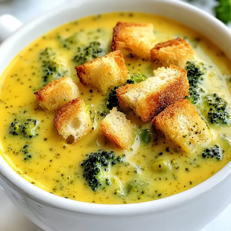 To make this soup, gather these simple ingredients: - 4 cups broccoli florets - 1 medium onion, diced - 2 cloves garlic, minced - 3 tablespoons butter - 3 cups vegetable broth - 1 cup heavy cream - 2 cups shredded sharp cheddar cheese - 1 teaspoon Dijon mustard - Salt and pepper to taste - Optional: Croutons for garnish Each serving of this creamy broccoli cheddar soup is both tasty and filling. Here is the nutritional breakdown per serving: - Calories: 410 - Protein: 12g - Carbohydrates: 22g - Fat: 34g - Fiber: 2g - Sodium: 800mg This soup provides a good amount of calcium and vitamins A and C, thanks to the cheese and broccoli. You can swap ingredients to fit your taste or needs: - Broccoli: Use cauliflower for a different flavor. - Heavy cream: Replace it with coconut milk for a dairy-free option. - Cheddar cheese: Try gouda or mozzarella for a different cheese flavor. - Butter: Olive oil works well for a lighter option. - Vegetable broth: Chicken broth can also add rich flavor. Feel free to mix and match these options to create your perfect creamy broccoli cheddar soup! {{ingredient_image_1}} 1. Start by melting 3 tablespoons of butter in a large pot over medium heat. 2. Once melted, add 1 medium diced onion. Sauté for about 5 minutes until it turns soft and clear. 3. Next, mix in 2 minced garlic cloves. Sauté for 1 more minute, but watch closely to prevent burning. 4. Add 4 cups of broccoli florets to the pot. Season with a pinch of salt and pepper. Sauté for 3-4 minutes until the broccoli starts to soften. 5. Pour in 3 cups of vegetable broth and bring the mix to a boil. Reduce the heat, letting it simmer for about 10 minutes, or until the broccoli is tender. 6. Use an immersion blender to puree the soup. Blend until it is smooth and creamy. For a chunkier texture, blend only half of the soup. 7. Stir in 1 cup of heavy cream and 1 teaspoon of Dijon mustard. Gradually add in 2 cups of shredded sharp cheddar cheese, stirring until melted and smooth. 8. Taste the soup and adjust the salt and pepper as needed. Using an immersion blender is simple and quick. You can blend the soup right in the pot, which saves time on cleanup. Just be careful not to splash it everywhere. If you use a traditional blender, allow the soup to cool a little. Blend in batches and always vent the lid to let steam escape. This method takes longer but can achieve a very smooth texture. For a smooth soup, ensure you blend it well. If you like some chunks, blend only half. You can also add more broth or cream if the soup feels too thick. Keep tasting as you mix to find the perfect balance for your taste. When choosing broccoli, look for bright green florets. They should feel firm and tight. Avoid any yellowing or wilting. Fresh broccoli has a strong, fresh smell. This tells you it's at its best. If the stems are thick and firm, that’s a good sign too. You can boost the taste of your soup easily. Adding a bit of garlic powder gives more depth. A pinch of red pepper flakes adds a nice kick. You can also try a squeeze of lemon juice for brightness. Don’t forget to taste as you go! Adjust salt and pepper to your liking. Serve the soup hot for the best flavor. Croutons add a delightful crunch. You can also pair it with crusty bread for dipping. A simple side salad complements this dish well. If you want, a glass of white wine can enhance the meal too. Enjoy your creamy broccoli cheddar soup! Pro Tips Use Fresh Broccoli: Fresh broccoli will give your soup a vibrant color and better flavor compared to frozen. Look for firm, bright green florets. Cheese Selection: Opt for sharp cheddar cheese for a bolder flavor. You can also mix in some Gruyère for a gourmet touch. Adjusting Consistency: If you prefer a thicker soup, blend in some cooked potato or reduce the amount of broth added. For a lighter soup, add more broth. Garnish for Extra Crunch: Adding croutons not only enhances the presentation but also provides a delightful crunch that complements the creaminess of the soup. {{image_2}} You can change the cheese in this soup for a new flavor. While sharp cheddar gives a great taste, try using Gruyère or Monterey Jack. Both melt well and add a smooth texture. Mixing different cheeses can create a unique taste. For a richer flavor, add a bit of blue cheese or smoked Gouda. Adding proteins can make this soup heartier. Try cooked chicken, turkey, or even diced ham. If you want a vegetarian option, add white beans or chickpeas. You can also toss in extra veggies for more color and taste. Carrots, peas, or even cauliflower work well in this soup. You can make this soup in a slow cooker or Instant Pot, too. For the slow cooker, sauté the onions and garlic first. Then, add all ingredients and cook on low for 4-6 hours. For the Instant Pot, follow the same sauté steps. Then, cook on high pressure for 10 minutes. Both methods keep the flavors rich and creamy. To store your leftover soup, let it cool first. Pour it into an airtight container. Keep it in the fridge for up to three days. Make sure to seal it well to lock in flavor. When reheating, use a pot over low heat. Stir often to prevent it from sticking. If the soup seems thick, add a splash of broth or cream. This helps keep it smooth and creamy. You can freeze this soup for longer storage. Use freezer-safe containers or bags. Leave some space at the top, as the soup will expand. It can last for up to three months. When ready to eat, thaw it overnight in the fridge before reheating. To make this soup vegan, substitute the heavy cream with coconut milk or cashew cream. Use plant-based butter or olive oil in place of regular butter. Replace the cheddar cheese with a vegan cheese alternative, or skip it altogether for a lighter version. Always check the labels on your broth and cheese to ensure they are vegan-friendly. This way, you can enjoy the same creamy texture without animal products. A few common mistakes can ruin this soup. First, overcooking the broccoli can make it mushy. Cook it just until tender. Second, not blending enough can leave the soup chunky. Blend until smooth but remember, a few chunks can add texture. Lastly, be careful with seasoning. Start with a little salt and pepper, then taste. It’s easier to add more than to fix a soup that is too salty. To change the thickness of your soup, you have a few options. If it’s too thick, add more vegetable broth or water a little at a time. Stir well after each addition until you reach your desired consistency. If it’s too thin, you can thicken it by blending in more broccoli or adding a cornstarch slurry. Mix 1 tablespoon of cornstarch with 2 tablespoons of cold water, then stir it into the soup. Let it simmer for a few minutes until it thickens. This post covered all you need for delicious Creamy Broccoli Cheddar Soup. We started with the main ingredients, detailing each one, and listed possible swaps. I shared step-by-step cooking instructions, along with tips for smooth blending. We explored flavor enhancements and cooking variations. Lastly, storage tips help you save leftovers or freeze for later. Make this soup your own and enjoy its comforting taste!
