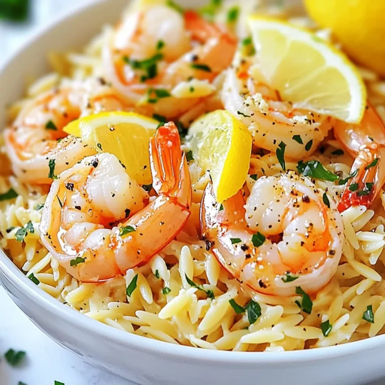 - 1 pound large shrimp, peeled and deveined - 1 cup orzo pasta - 4 cloves garlic, minced - 1 lemon (juice and zest) - 1/4 cup olive oil - 1/2 teaspoon red pepper flakes - 2 cups vegetable or chicken broth - 1/4 cup fresh parsley, chopped - Salt and pepper to taste - Grated Parmesan cheese for serving (optional) When making Lemon Garlic Shrimp Orzo, you need simple and fresh ingredients. Start with large shrimp. They should be peeled and deveined for the best flavor. Next, orzo pasta adds a lovely texture. Garlic gives the dish a bold taste. Fresh lemon juice and zest add brightness and zing to the meal. Olive oil is essential for sautéing the garlic and shrimp. Red pepper flakes give a gentle heat, which is nice but not overwhelming. Choose either vegetable or chicken broth to cook the orzo. Fresh parsley adds a pop of color and flavor at the end. You can season with salt and pepper to your liking. If you want, sprinkle some grated Parmesan cheese on top for richness. With these ingredients, you can create a dish that is both tasty and satisfying. {{ingredient_image_1}} 1. Start by heating olive oil in a large skillet over medium heat. This will help release the flavors of the garlic and pepper. 2. Add minced garlic and red pepper flakes to the oil. Sauté for about one minute. You want the garlic to smell great but not burn. 3. Now, add the shrimp to the skillet. Season with salt and pepper. Cook the shrimp for about 2 to 3 minutes on each side. They should turn bright pink and curl up when done. Once cooked, take them out of the skillet and set them aside. 1. In the same skillet, add the orzo pasta. Toast it for about 2 minutes, stirring often. This step gives the orzo a nice, nutty taste that you will love. 2. Next, pour in the vegetable or chicken broth. Bring this mixture to a gentle boil. After that, reduce the heat and let it simmer for about 8 to 10 minutes. Stir occasionally. You want the orzo to be al dente, with most of the liquid absorbed. 1. Once the orzo is ready, stir in the lemon juice and zest. This will brighten up the dish and add freshness. 2. Fold the cooked shrimp back into the orzo. Mix until everything is combined and heated through. 3. Finally, remove the skillet from heat. Add the chopped parsley and mix it in. Adjust the seasoning with more salt and pepper if needed. Now, your Lemon Garlic Shrimp Orzo is ready to be served! To make the best shrimp, avoid overcooking. Shrimp cooks fast. You want them to turn pink and slightly firm, usually 2-3 minutes on each side. The ideal cooking temperature is medium heat. This helps cook the shrimp evenly without burning. You can boost flavor with spices and herbs. Try adding fresh thyme or basil for a fragrant twist. If you love heat, add more red pepper flakes or a touch of hot sauce. A dash of vinegar or more lemon juice adds nice acidity, brightening the dish. Serve Lemon Garlic Shrimp Orzo in a large pasta bowl. This looks appealing and makes it easy for guests. For garnishing, sprinkle chopped parsley on top for color. Add grated Parmesan cheese for a rich finish. You can also place lemon slices around the edge for a fresh touch. Pro Tips Use Fresh Shrimp: For the best flavor and texture, opt for fresh shrimp instead of frozen. If using frozen, ensure they are completely thawed and patted dry before cooking. Toast the Orzo: Toasting the orzo before adding the broth will enhance its nuttiness and depth of flavor, creating a more complex dish. Adjust the Broth: Depending on your preference, you can substitute vegetable broth with chicken broth for a richer flavor. Always taste and adjust seasoning as needed. Garnish Creatively: Elevate presentation by garnishing with lemon slices, additional parsley, or even a drizzle of high-quality olive oil before serving. {{image_2}} You can swap shrimp for chicken or scallops. Chicken gives a heartier bite. It cooks well and soaks up flavors. Just cut it into small pieces and cook until golden. Scallops add a sweet taste. They are tender and cook fast. Sear them like you do shrimp. Both options keep the dish tasty and fun! If you need a gluten-free meal, swap orzo for gluten-free pasta. There are many choices like rice or quinoa pasta. They cook differently, so check the package. Once cooked, mix them with the shrimp and sauce like you would with orzo. This keeps the dish light and fresh! To make your dish more vibrant, add vegetables. Spinach, cherry tomatoes, or bell peppers work great. Add them when cooking the shrimp for extra flavor. You can also toss in herbs like basil or thyme. They bring a whole new level of taste. Experiment with what you have for a unique meal! Lemon Garlic Shrimp Orzo stays fresh in the fridge for about 3 days. To store it, place the dish in an airtight container. This helps keep the flavors intact. Make sure it cools down before sealing it. You can freeze Lemon Garlic Shrimp Orzo for up to 3 months. To freeze, use a freezer-safe container or bag. Remove as much air as possible. This prevents freezer burn and keeps the dish tasty. To reheat, use the stove or microwave. If using the stove, add a splash of broth. Heat it gently over low heat. Stir often to keep it from sticking. If using a microwave, cover it loosely. Heat in short bursts, stirring in between. This way, you avoid losing flavor and moisture. For Lemon Garlic Shrimp Orzo, large shrimp work best. You can use fresh shrimp or frozen shrimp. Fresh shrimp has a sweeter taste and better texture. However, frozen shrimp offers convenience and is often just as good. If you choose frozen shrimp, make sure to thaw it completely before cooking. Look for shrimp that are peeled and deveined to save time. Yes, you can make Lemon Garlic Shrimp Orzo ahead of time. This dish is great for meal prep. Cook it, then let it cool. Store it in an airtight container in the fridge for up to three days. When you’re ready to eat, reheat it on the stove or in the microwave. Add a splash of broth to keep it moist. Lemon Garlic Shrimp Orzo is a complete meal on its own, but you can add sides for more variety. A simple green salad pairs well. You can also serve garlic bread for a comforting touch. Roasted vegetables add color and nutrition. If you want something light, try steamed asparagus. These sides complement the dish and enhance the flavors. This dish combines shrimp, orzo, and bright flavors for a simple, tasty meal. We covered ingredients, cooking steps, and tips for great results. You can swap shrimp for chicken or make it gluten-free. Proper storage and reheating will keep leftovers delicious. By following these steps, you’ll impress everyone at the table. Enjoy your cooking journey with this vibrant dish!
