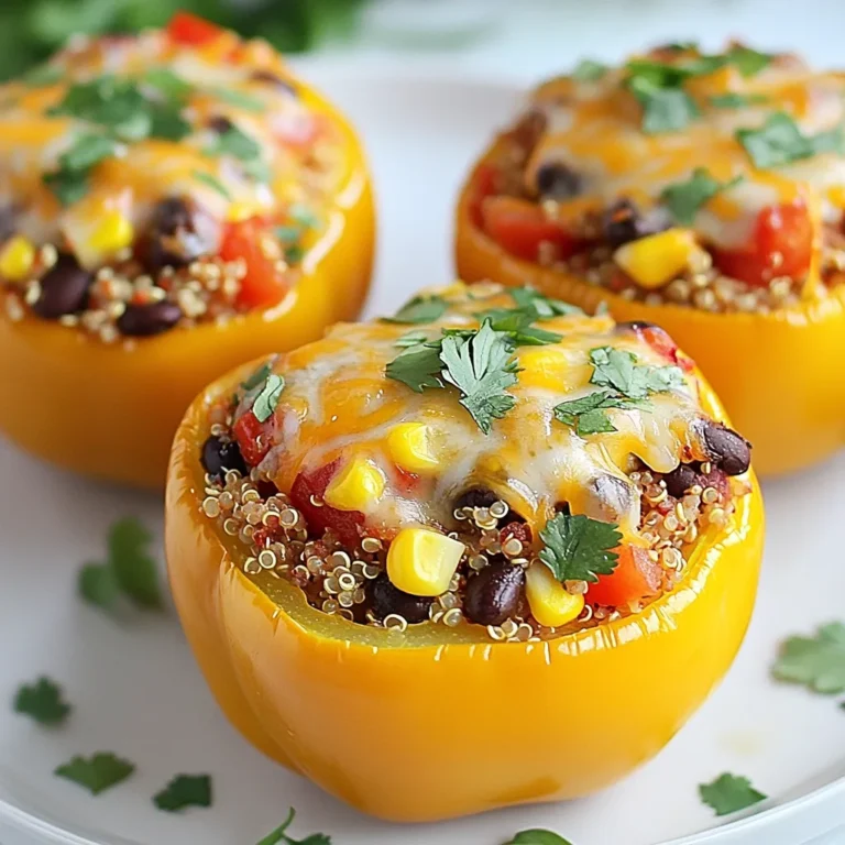 To make Southwest quinoa stuffed peppers, you will need the following: - 4 large bell peppers (red, yellow, or green) - 1 cup quinoa, rinsed - 2 cups vegetable broth - 1 can (15 oz) black beans, rinsed and drained - 1 cup corn (fresh or frozen) - 1 medium onion, diced - 2 cloves garlic, minced - 1 can (14 oz) diced tomatoes, drained - 1 teaspoon cumin - 1 teaspoon chili powder - ¼ teaspoon smoked paprika - Salt and pepper to taste - 1 cup shredded cheese (cheddar or pepper jack) - Fresh cilantro, chopped (for garnish) You will also need some equipment to prepare this dish: - Baking dish - Medium pot - Large skillet - Knife - Cutting board - Spoon or spatula - Aluminum foil These stuffed peppers are not just tasty; they are also nutritious. A serving (1 stuffed pepper) contains approximately: - Calories: 350 - Protein: 14g - Carbohydrates: 50g - Dietary Fiber: 12g - Fat: 10g - Sodium: 600mg This meal is balanced, filling, and offers a good mix of protein, carbs, and healthy fats. Enjoy making these delicious stuffed peppers! {{ingredient_image_1}} Start by preheating your oven to 375°F (190°C). Choose four large bell peppers in colors you like. Cut off the tops of the peppers and remove the seeds. This helps to make room for the filling. Place the peppers upright in a baking dish. They will hold all the tasty ingredients we will create. For the quinoa, take one cup and rinse it well. Rinsing helps to remove any bitter taste. In a medium pot, combine the rinsed quinoa with two cups of vegetable broth. Bring this mixture to a boil. Once it boils, reduce the heat to low. Cover the pot and let it simmer for 15 to 20 minutes. The quinoa will become fluffy and ready to mix with the other ingredients. In a large skillet, heat a bit of olive oil over medium heat. Add one diced onion and sauté it for about three to four minutes until it turns soft. Then, add two minced garlic cloves and cook for another minute. This will fill your kitchen with a great smell! Next, stir in one can of black beans, one cup of corn, and one can of drained diced tomatoes. Add one teaspoon of cumin, one teaspoon of chili powder, and a quarter teaspoon of smoked paprika. Season with salt and pepper to taste. Cook this mixture for about five minutes until it's warm. Now, the quinoa should be ready. Fluff it with a fork and mix it into the skillet. Stir everything together well. Divide this tasty quinoa mixture among the prepared bell peppers. Press it down gently to fill each one. Finally, top each pepper with one cup of shredded cheese. Cover the dish with aluminum foil and bake for 25 minutes. Remove the foil and bake for another 10 to 15 minutes. You want the peppers to be tender and the cheese bubbly. After baking, let the peppers cool for a few minutes. Garnish with fresh cilantro before serving. Enjoy your delicious Southwest Quinoa Stuffed Peppers! To make perfect quinoa, rinse it well before cooking. Rinsing removes the bitter coating called saponin. Use a ratio of one part quinoa to two parts vegetable broth. This gives the quinoa great flavor. Bring the broth to a boil, then lower the heat. Cover the pot and let it simmer for 15 to 20 minutes. Once done, fluff it with a fork. This keeps it light and fluffy. When picking bell peppers, look for ones that are firm and bright. Avoid any with soft spots or wrinkled skin. Color matters, too! Red, yellow, and green peppers all taste different. Red peppers are sweet, while green ones have a bit of bite. Choose the color you like best for your dish. Make sure they fit well in your baking dish and can stand upright. Baking stuffed peppers is easy with the right steps. Start by preheating your oven to 375°F (190°C). Cut the tops off the peppers and remove the seeds. Place them in a baking dish standing up. This helps them cook evenly. Cover the dish with foil for the first part of baking. This keeps moisture inside. After 25 minutes, remove the foil to let the cheese brown. Bake until the peppers are tender and the cheese is bubbly. Pro Tips Choose the Right Peppers: Opt for bell peppers that are firm and vibrant in color for the best flavor and presentation. Customize Your Filling: Feel free to add other vegetables or proteins like cooked chicken or tofu to the quinoa mixture for extra nutrition. Save Time with Pre-Cooked Quinoa: Using pre-cooked quinoa can significantly reduce the overall cooking time if you're in a rush. Experiment with Cheese: Try different types of cheese such as feta or goat cheese for a unique flavor twist! {{image_2}} You can add protein to your stuffed peppers for extra nutrition. Try ground turkey or chicken for a lean option. If you want a plant-based protein, use lentils or chickpeas. These options blend well with quinoa and keep the dish filling. You can also mix in some shredded beef for a heartier meal. Adjust seasoning if you change proteins to keep the flavor strong. For a vegetarian twist, skip the meat and use more beans. You can add extra black beans or kidney beans for great texture. To make it vegan, switch the cheese for a dairy-free version. Nutritional yeast adds a cheesy flavor without the dairy. This keeps your dish rich and satisfying while staying plant-based. Ensure your vegetable broth is vegan, too, for a full plant-based meal. Kick up the flavor with fresh herbs like cilantro or parsley. A squeeze of lime juice brightens the dish and adds zing. You can also try different spices. Adding cayenne pepper gives heat, while smoked paprika adds depth. For a southwestern flair, consider using taco seasoning instead of individual spices. Feel free to experiment with ingredients you love! Store any leftover Southwest quinoa stuffed peppers in an airtight container. Keep them in the fridge for up to 4 days. Make sure they cool down first. I like to place parchment paper between layers if stacking. This keeps the peppers from getting soggy. Reheat stuffed peppers in the oven for the best texture. Preheat your oven to 350°F (175°C). Place the peppers in a baking dish. Cover with foil to keep moisture in. Heat for about 20 minutes or until warm. You can also use the microwave if you’re in a hurry. Heat on high for 2-3 minutes. Check to make sure they are hot all the way through. You can freeze stuffed peppers for a quick meal later. First, let them cool completely. Wrap each pepper tightly in plastic wrap. Place them in a freezer-safe bag or container. They can last for up to 3 months in the freezer. To cook from frozen, bake at 375°F (190°C) for about 45-55 minutes, covered with foil. To add spice, use jalapeños or hot sauce. You can mix diced jalapeños into the filling. Try a few dashes of your favorite hot sauce for more heat. You can also add crushed red pepper flakes. Taste and adjust the spice to your liking. Remember, spice can enhance the flavor, so find what suits you. Yes, you can use many types of cheese. Cheddar and pepper jack are great options. If you prefer a milder taste, try mozzarella. For a sharp flavor, use gouda. Mix different cheeses for a unique taste. Cheese adds creaminess and depth to your peppers. Choose what you enjoy best! Stuffed peppers pair well with many sides. A fresh green salad adds a nice crunch. Serve with rice or quinoa for a filling meal. You can also enjoy them with guacamole or salsa. Cornbread is a tasty option too. Choose sides that you love to make your meal complete. In this post, we explored how to make tasty Southwest quinoa stuffed peppers. We detailed ingredients, equipment, and even the nutrition facts. I shared steps for prepping the peppers, cooking quinoa, and sautéing veggies. You learned tips for perfect cooking and best practices for baking. We looked at protein options, veggie tweaks, and how to store leftovers. Enjoy experimenting with flavors! Remember, stuffed peppers are great for any meal and can be customized easily. Thank you for reading, and happy cooking!