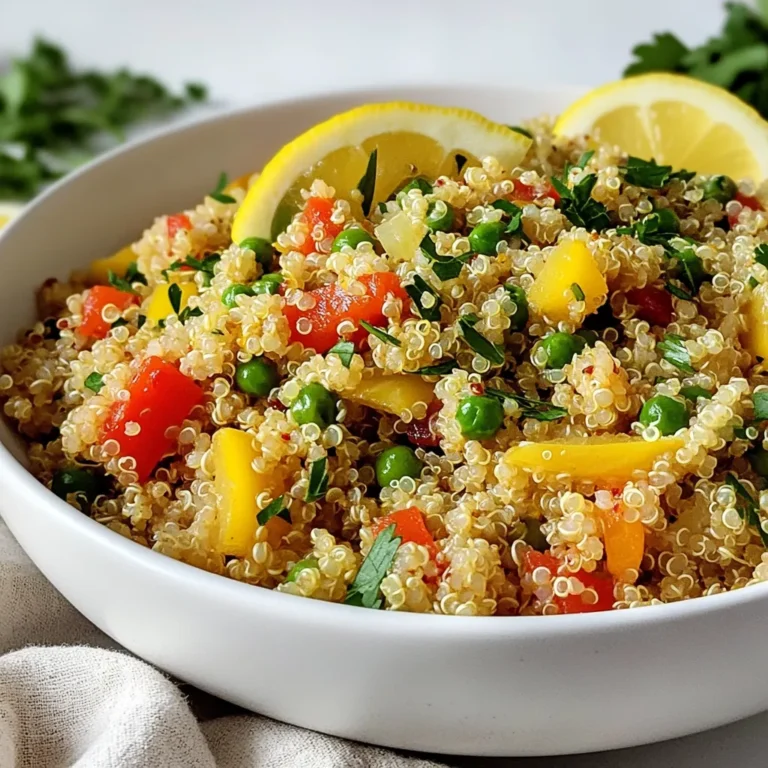 - 1 cup quinoa, rinsed - 2 cups vegetable broth - 2 tablespoons olive oil - 4 cloves garlic, minced - 1 small onion, finely chopped - 1 red bell pepper, diced - 1 cup frozen peas - 1 lemon (zest and juice) - Salt and pepper to taste - Fresh parsley, chopped (for garnish) For this recipe, I use one cup of quinoa. Rinsing it removes bitter saponins. I find that two cups of vegetable broth give the quinoa a nice flavor. The olive oil adds richness, while the garlic and onion bring depth. The red bell pepper and peas add color and sweetness. One lemon gives a fresh, zesty kick. You can adjust the salt and pepper based on your taste. You can add more veggies like carrots or spinach. Nuts like almonds or walnuts give crunch. For protein, try adding chickpeas or cooked chicken. Fresh herbs like dill or basil can change the flavor profile. Feel free to experiment based on what you have at home! {{ingredient_image_1}} First, rinse 1 cup of quinoa under cold water. This step helps remove any bitter taste. Next, in a medium saucepan, combine the rinsed quinoa with 2 cups of vegetable broth. Bring the mixture to a boil over medium-high heat. Once boiling, cover the pot and lower the heat to low. Let it simmer for about 15 minutes, or until the quinoa absorbs all the liquid. After cooking, remove the pot from heat and let it sit, covered, for 5 minutes. Fluff the quinoa with a fork before moving on. While the quinoa cooks, take a large skillet and heat 2 tablespoons of olive oil over medium heat. Add 1 small chopped onion to the skillet and sauté for 3-4 minutes. Cook until the onion becomes soft and translucent. Next, stir in 4 minced garlic cloves and sauté for an additional minute. Be careful not to let the garlic burn, as this can make it taste bitter. Then add 1 diced red bell pepper and 1 cup of frozen peas. Cook the vegetables for about 5 minutes until they are tender. Now it’s time to mix everything together. Add the cooked quinoa to the skillet with the sautéed vegetables. Stir well to combine all the ingredients, ensuring they are evenly mixed. Next, zest and juice 1 lemon, adding both to the skillet. Stir to combine the flavors. Season with salt and pepper to taste. Cook everything together for an additional 2-3 minutes to heat through and meld the flavors. Finally, remove the skillet from heat and garnish your pilaf with freshly chopped parsley before serving. To make your Lemon Garlic Quinoa Pilaf pop, use fresh ingredients. Fresh garlic and lemon zest give the dish a bright taste. I love to squeeze fresh lemon juice at the end. It lifts all the flavors and adds a nice zing. Adjust salt and pepper to your liking. Taste as you go to find that perfect balance. Rinsing quinoa is key. It removes a natural coating called saponin, which can taste bitter. Using vegetable broth instead of water boosts the flavor. Bring the broth to a boil before adding quinoa. Once it bubbles, turn the heat down low and cover. Let it simmer for 15 minutes. This helps the quinoa cook evenly. Letting it sit after cooking makes it fluffy. Fluff with a fork for the best texture. Serve your pilaf in a large bowl for a beautiful display. I like to sprinkle fresh parsley on top for color. Add lemon wedges on the side for a nice touch. This makes it easy for guests to add more lemon if they want. Pair it with a green salad for a fresh meal. A colorful presentation makes the dish more inviting and fun! Pro Tips Use Fresh Ingredients: Fresh garlic and vegetables will enhance the flavors significantly compared to dried or frozen alternatives. Perfect Quinoa Cooking: Rinse the quinoa thoroughly before cooking to remove any bitterness from the saponins coating the seeds. Customize Your Veggies: Feel free to substitute or add other vegetables like spinach, zucchini, or carrots based on your preference or seasonal availability. Make It a Meal: This pilaf pairs wonderfully with grilled chicken or fish, turning it into a hearty main dish. {{image_2}} You can boost the protein in Lemon Garlic Quinoa Pilaf easily. Try adding cooked chicken, shrimp, or tofu. Each option brings its own taste. For chicken, use grilled or rotisserie for a quick fix. For shrimp, sauté it in the same pan as the veggies. Tofu works well too; just cube it and add it with the veggies. These additions make the dish heartier and more filling. This dish is already vegetarian and can be vegan too! To stay vegan, skip any animal protein. You can add chickpeas for extra protein and fiber. They pair well with the garlic and lemon flavors. Another great option is lentils. They add a nice texture and taste. Both options keep the dish healthy and satisfying while ensuring everyone can enjoy it. You can switch up the veggies based on what is in season. In spring, add asparagus or snap peas for crunch. In summer, zucchini and corn bring sweetness. In fall, try butternut squash or kale for warmth. Each choice makes the pilaf taste fresh and new. Just remember to adjust the cooking time based on the vegetable you choose. This keeps the dish colorful and full of flavor all year round. You can store Lemon Garlic Quinoa Pilaf in an airtight container. Let it cool to room temperature first. Keep it in the fridge for up to four days. Label the container with the date so you know when to eat it. To reheat, use a microwave or stovetop. If using a microwave, place it in a bowl and add a splash of water. Heat for one to two minutes. Stir halfway through to ensure even heating. On the stovetop, warm it in a pan over low heat. Add a little broth or water to avoid drying out. You can freeze Lemon Garlic Quinoa Pilaf for up to three months. Use freezer-safe containers or bags. Make sure to remove as much air as possible. When ready to eat, thaw it overnight in the fridge. Reheat it as mentioned above. Enjoy your tasty meal later! Yes, you can use brown rice. However, the cooking time will change. Brown rice takes about 45 minutes to cook. You will also need more water—about 2.5 cups for 1 cup of brown rice. The flavor will be different, too. Quinoa has a nutty taste, while brown rice is earthier. This dish is already gluten-free since it uses quinoa. Just check your vegetable broth to ensure it’s gluten-free. Some broths may contain gluten. You can also add gluten-free veggies, like carrots or zucchini, for extra flavor. Lemon Garlic Quinoa Pilaf pairs well with many dishes. You can serve it with grilled chicken, fish, or roasted vegetables. A crisp green salad is a great choice, too. For a fun twist, try it with a spicy chickpea dish. This adds warmth and flavor to your meal. You learned how to make a tasty Lemon Garlic Quinoa Pilaf. We covered the ingredients, measurements, and some optional add-ins. Then, we went through the steps for cooking quinoa and sautéing veggies. I shared tips to boost flavor and present your dish nicely. Finally, I discussed variations, storage advice, and answered common questions. Experiment with flavors and ingredients. This dish is quick, healthy, and full of options. Enjoy your cooking!