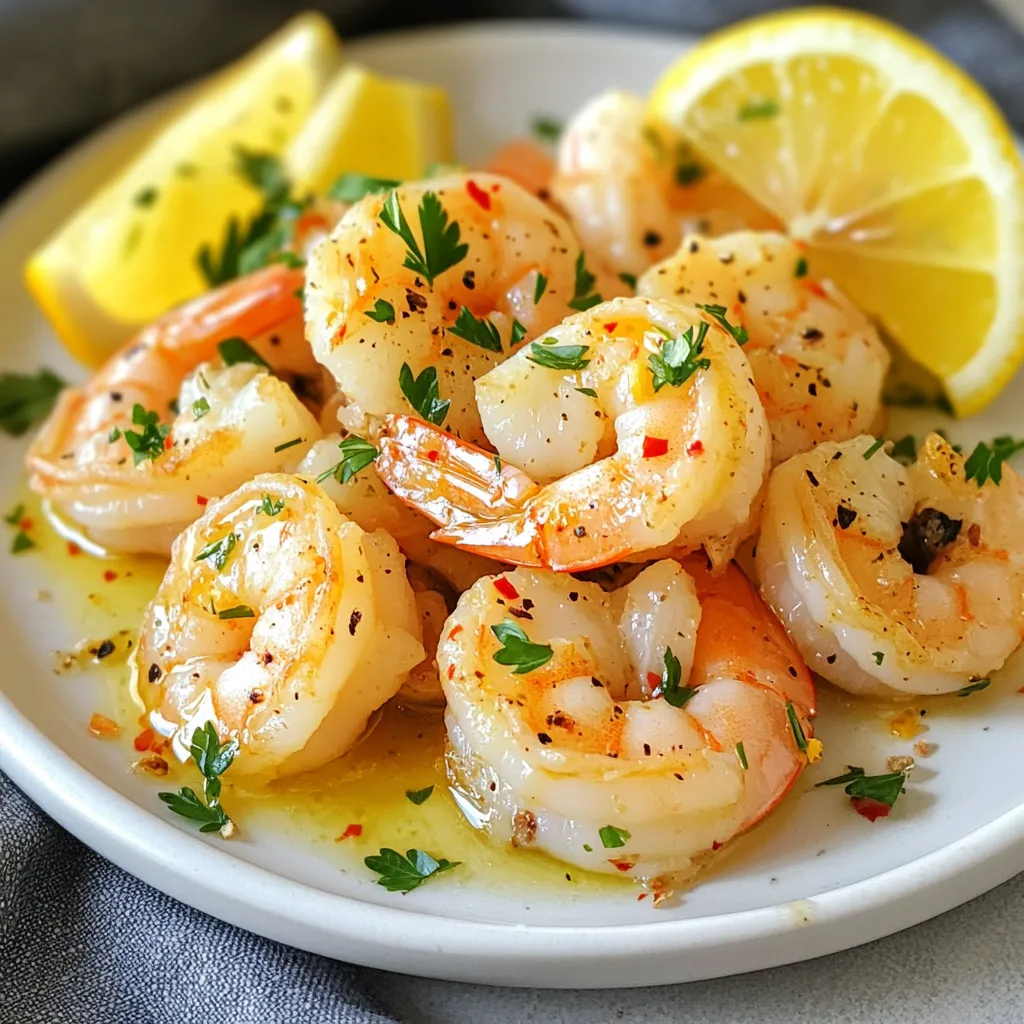 To make this dish, you need a few key ingredients. Here’s what you’ll use: - 1 lb large shrimp, deveined and shelled - 4 cloves garlic, minced - 3 tablespoons olive oil - 1 lemon, zested and juiced - Salt and black pepper to taste These ingredients create a tasty base for the shrimp. The garlic adds depth, while lemon brings brightness. You can add some optional ingredients for an extra kick. Consider these: - 1 teaspoon red pepper flakes (for heat) - Fresh parsley, chopped (for garnish) These extras enhance the dish. The red pepper flakes give it a spicy twist. Fresh parsley brightens the look and taste. Choosing the right shrimp matters for the best flavor. Here are some tips: - Look for shrimp that smell like the sea, not fishy. - Choose shrimp that feel firm to the touch. - Pick shrimp with a shiny, translucent appearance. Fresh shrimp makes a big difference in taste and texture. Always buy from a trusted source to ensure quality. {{ingredient_image_1}} To make the marinade, start with a large mixing bowl. Add 4 cloves of minced garlic. Then, pour in 3 tablespoons of olive oil. Next, add the zest and juice from 1 lemon. If you like a bit of heat, mix in 1 teaspoon of red pepper flakes. Finally, add salt and black pepper to taste. Stir everything well. This mixture will bring great flavor to your shrimp. Now, it’s time to add the shrimp. Take 1 pound of large, deveined, and shelled shrimp. Toss them into the bowl with the marinade. Make sure each shrimp gets coated evenly. Cover the bowl and let it sit for about 15 minutes. This step helps the shrimp soak up all the flavors. Preheat your oven to 400°F (200°C). While the oven heats, prepare a baking sheet with parchment paper. Spread the marinated shrimp in a single layer on the sheet. Then, roast the shrimp for 8-10 minutes. Halfway through, give them a gentle toss for even cooking. They are done when they turn pink and opaque. Once ready, take them out and let them rest for a couple of minutes. For a final touch, sprinkle fresh chopped parsley on top. Enjoy your tasty dish! To cook shrimp well, timing is key. Overcooked shrimp turn tough and rubbery. Aim for a cooking time of 8 to 10 minutes. Look for the shrimp to turn pink and opaque. If you toss the shrimp halfway, they cook evenly. This method ensures each bite is tender and juicy. Marination adds flavor to shrimp. Use a simple mix of garlic, olive oil, lemon juice, and zest. Let the shrimp sit in this mix for about 15 minutes. This time allows the shrimp to soak up all those great flavors. Avoid marinating for too long, as it can change the texture of the shrimp. Presentation makes your dish shine. Serve the shrimp on a rustic wooden board for a charming look. Add lemon wedges and a sprinkle of fresh parsley for color. You can also place the shrimp on a bed of arugula for a fresh touch. This not only adds flavor but also makes your meal pop visually. Pro Tips Marinate Longer for Flavor: If you have time, marinate the shrimp for 30 minutes to 1 hour for an even deeper flavor infusion. Use Fresh Shrimp: For the best taste and texture, opt for fresh shrimp instead of frozen. If using frozen, ensure it's completely thawed and patted dry. Variations on Spice: Adjust the amount of red pepper flakes based on your heat preference, or substitute with smoked paprika for a different flavor profile. Perfect Pairings: Serve with a side of crusty bread for dipping in the garlic-lemon sauce, or over a bed of rice or pasta for a complete meal. {{image_2}} To make spicy lemon garlic shrimp, add more heat. Use a full tablespoon of red pepper flakes. You can also mix in some chopped jalapeños for extra kick. This version pairs well with rice or a fresh salad. The heat complements the lemon perfectly! For a tasty twist, turn this dish into lemon garlic shrimp pasta. Cook your favorite pasta while the shrimp roasts. Toss the cooked pasta with olive oil, lemon juice, and zest. Then, add the roasted shrimp. This creates a delightful meal that is both filling and refreshing. If you love grilling, try lemon garlic shrimp skewers. Marinate the shrimp as usual. Then, thread them onto skewers. Grill on medium heat for about 5 minutes on each side. This method adds a smoky flavor that makes the shrimp even more delicious. Serve with fresh lemon wedges for a bright finish! After enjoying your lemon garlic roasted shrimp, store leftovers right away. Place them in an airtight container. This keeps the shrimp fresh and tasty. They last in the fridge for up to three days. Make sure to let them cool before sealing the container. This helps prevent excess moisture. When you want to enjoy your leftover shrimp, reheat them gently. Use a skillet over medium heat. Add a tiny bit of olive oil or butter to keep them moist. Heat for about 2-3 minutes. Make sure not to overcook them. Overcooked shrimp become tough and rubbery. You can also use the microwave. Just heat in short bursts to avoid drying them out. If you want to save your shrimp for later, freezing is a great option. Let the shrimp cool completely before freezing. Place them in a freezer-safe bag or container. Remove as much air as possible to prevent freezer burn. They can stay fresh for up to three months in the freezer. When ready to use, thaw them overnight in the fridge. Reheat them as mentioned before, and enjoy! Yes, you can use frozen shrimp. Just thaw them first. Place them in cold water for about 15 minutes. After thawing, make sure to dry them well. This helps the shrimp cook evenly and get a nice flavor. Shrimp cook quickly. They are done when they turn pink and opaque. This usually takes about 8 to 10 minutes in the oven. You can also check if they curl up slightly. That means they are ready to eat! Lemon garlic roasted shrimp pairs well with many sides. Here are some great ideas: - Rice or quinoa for a filling meal - A fresh salad for a light option - Roasted vegetables for extra flavor - Pasta tossed with olive oil and herbs These sides will make your meal even more delicious. Lemon garlic roasted shrimp is simple and tasty. We covered key ingredients, marinades, and easy cooking methods. You learned tips for selecting fresh shrimp and how to cook them just right. We also explored fun variations and best ways to store leftovers. Remember, the right shrimp and marinade make all the difference. Enjoy this dish as is, or try new twists. Cooking can be fun and rewarding, so dive in and make it your own!