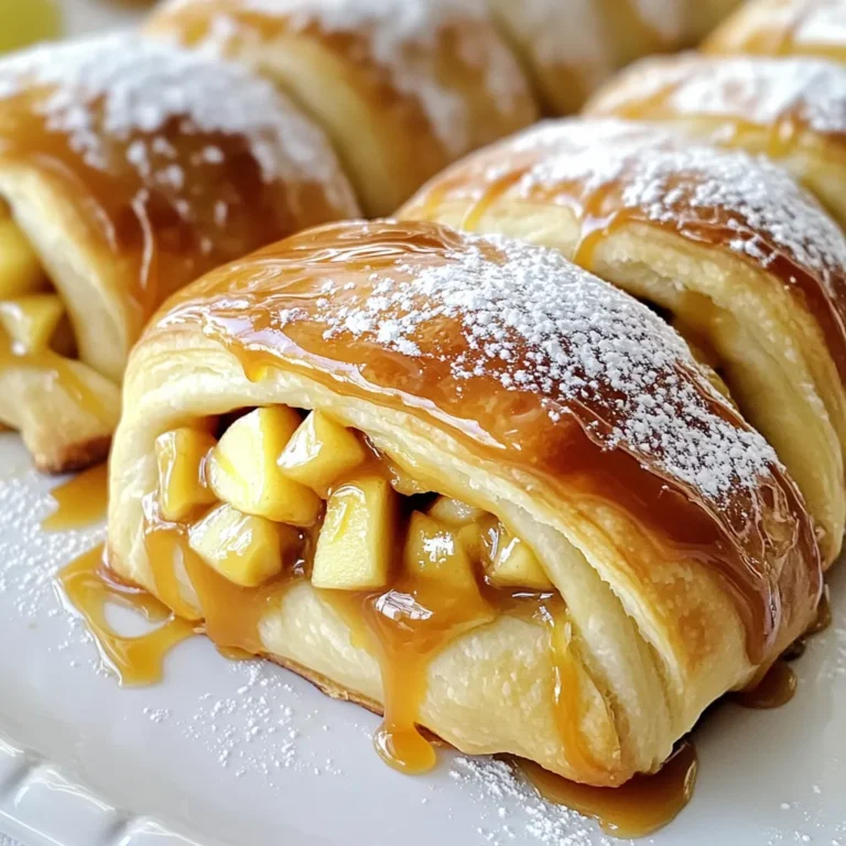 - 1 can (8 oz) crescent roll dough - 2 medium apples (Granny Smith or Honeycrisp), peeled and diced - 1/4 cup brown sugar - 1 teaspoon cinnamon - 1/4 cup caramel sauce (plus extra for drizzling) - 1 tablespoon butter, melted - 1 egg (for egg wash) - Powdered sugar for dusting (optional) To make caramel apple stuffed crescent rolls, gather these ingredients. Start with crescent roll dough. I like to use fresh, flaky dough for the best texture. Choose apples with a good balance of sweet and tart. Granny Smith or Honeycrisp work well. Next, the brown sugar and cinnamon add sweetness and warmth. The caramel sauce gives a rich touch that melts into the apple filling. You can drizzle extra caramel on top for a fun finish. Melted butter gives the rolls a nice shine and flavor. Finally, an egg wash helps the rolls turn golden brown in the oven. You can dust with powdered sugar for a sweet touch. This adds a lovely look to your treats. Preheat your oven to 375°F (190°C). Line a baking sheet with parchment paper. This helps prevent sticking and makes clean-up easy. In a mixing bowl, combine the diced apples, brown sugar, and cinnamon. Toss until all the apples are coated well. This mixture gives the rolls a sweet and spicy flavor. Unroll the crescent roll dough and separate it into triangles. Place about a tablespoon of caramel sauce in the center of each triangle. Add a spoonful of the apple mixture on top of the caramel. Carefully fold the edges of the dough over the filling. Roll it up from the wide end to the point. Pinch the edges to seal them tightly. Brush the tops of the rolls with melted butter. Beat an egg and brush it over the top for a nice golden finish. Place the stuffed crescent rolls on the prepared baking sheet. Bake for 12-15 minutes until golden brown. The smell will fill your kitchen, and the rolls will look amazing! To make the best caramel apple stuffed crescent rolls, pick the right apples. I recommend using Granny Smith or Honeycrisp apples. These apples are tart yet sweet. They hold their shape well when baked. This gives you a nice bite in each roll. You want apples that balance flavor and texture. Sealing the crescent rolls well is key. After adding the filling, fold the edges carefully. Roll from the wide end to the tip. Pinch the edges to make sure the filling stays inside. You can also use a fork to press down the edges. This adds a nice design and keeps the filling secure. Want to make it your own? You can add chopped nuts like walnuts or pecans. They add crunch and flavor. You can also try mixing in different spices. Add nutmeg or ginger for a unique twist. Get creative and make this recipe suit your taste! {{image_2}} You can change the filling to keep things fresh. Try using pears or peaches instead of apples. You can also add chocolate chips for a sweet twist. If you love nuts, chop some walnuts or pecans to mix in. These options will add new tastes and fun textures. If you need gluten-free options, look for gluten-free crescent roll dough. Many brands offer this choice now. For vegan options, use non-dairy butter and a plant-based egg substitute. You can make these treats fit your diet while enjoying the same great flavor. These rolls taste amazing with a scoop of vanilla ice cream. You can also top them with whipped cream. Drizzle extra caramel sauce on top for a sweet finish. These toppings take your caramel apple stuffed crescent rolls to the next level of yum! To keep your caramel apple stuffed crescent rolls fresh, store them in an airtight container. Place a piece of parchment paper between layers to avoid sticking. Keep them in the fridge for up to three days. If you want to enjoy them later, you can also freeze them. Wrap each roll in plastic wrap, then put them in a freezer bag. They can last for up to three months this way. When you are ready to eat your rolls, reheating is easy. Preheat your oven to 350°F (175°C). Place the rolls on a baking sheet. Heat for about 10 minutes. This method helps keep the rolls crispy. You can also use the microwave, but they may get a bit soft. If using the microwave, heat for 15-20 seconds at a time until warm. You can make these rolls ahead of time for a quick treat. Prepare the apple filling and roll them up. Instead of baking, place them in the fridge. They can stay there for a few hours before baking. If you want to freeze them, follow the same steps. Just remember to bake them straight from the freezer, adding a few extra minutes to the baking time. This way, you’ll have a warm dessert ready whenever you want! Yes, you can use frozen crescent roll dough. Just thaw it in the fridge overnight. This way, you keep the dough soft and easy to handle. Make sure to follow the same steps as fresh dough for filling and baking. The taste and texture will still be great! You can prepare these rolls in advance. Start by making the apple filling and assembling the rolls. Then, place them on a baking sheet and cover with plastic wrap. Store them in the fridge for up to 24 hours. When you're ready to bake, simply brush with butter and egg wash, then bake as usual. If you want to swap out caramel sauce, try using chocolate sauce or butterscotch sauce. You can also use a mix of honey and brown sugar for a sweeter filling. Each option gives a unique twist to the rolls while keeping them delicious! In this post, we covered a tasty recipe for apple crescent rolls. We discussed the key ingredients, step-by-step instructions, and helpful tips. You can customize these rolls with different fruits or nut blends. Storing leftovers and reheating them properly can keep your treats fresh. I hope you feel inspired to bake and enjoy these easy delights. Serve them warm with a drizzle of caramel for a sweet finish. Happy baking!