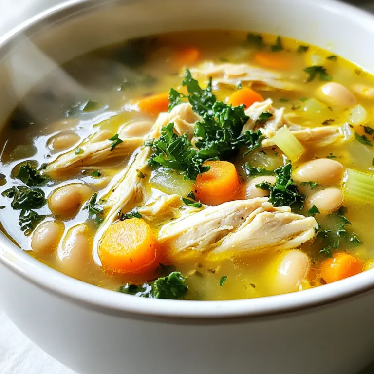 For this soup, you need: - 2 cups cooked chicken, shredded - 1 can (15 oz) white cannellini beans, drained and rinsed Using cooked chicken speeds up the process. You can use leftover chicken or store-bought rotisserie chicken. Cannellini beans add creaminess and protein to the soup. They are soft and mild, blending well with other flavors. Gather these fresh veggies: - 1 cup diced carrots - 1 cup diced celery - 1 onion, chopped - 3 cloves garlic, minced - 2 cups fresh kale, chopped These vegetables create a strong base. Carrots and celery add sweetness and crunch. Onion and garlic give depth to the flavor. Kale adds color and nutrition. It wilts nicely and makes the soup hearty. You will also need: - 4 cups low-sodium chicken broth - 1 teaspoon dried thyme - 1 teaspoon dried rosemary - ½ teaspoon red pepper flakes (adjust to taste) - 2 tablespoons olive oil - Salt and pepper to taste - Juice of 1 lemon - Fresh parsley for garnish The chicken broth is the soup’s heart. It brings all flavors together. Thyme and rosemary add an earthy touch. Red pepper flakes add a hint of heat. You can adjust the amount to match your taste. Olive oil enhances the richness, while lemon juice brightens every bite. Finally, fresh parsley gives a pop of green and freshness. {{ingredient_image_1}} Start by heating two tablespoons of olive oil in a large pot over medium heat. Once the oil is warm, add one chopped onion, one cup of diced carrots, and one cup of diced celery. Stir these veggies for about 5 to 7 minutes. You want them soft but not brown. This step builds the flavor base for our soup. Next, add three minced garlic cloves to the pot. Cook them for 1 to 2 minutes. You’ll know it’s ready when the garlic smells amazing. Now it’s time to make the soup rich and hearty. Add 2 cups of shredded cooked chicken and a 15-ounce can of drained and rinsed white cannellini beans. Pour in 4 cups of low-sodium chicken broth. Then sprinkle in 1 teaspoon of dried thyme, 1 teaspoon of dried rosemary, and ½ teaspoon of red pepper flakes. Stir the pot and bring the soup to a gentle simmer. This should take about 15 to 20 minutes. The flavors will blend beautifully during this time. After simmering, add 2 cups of chopped fresh kale to the pot. Let it cook for another 5 minutes until the kale wilts down. This adds color and nutrients to the soup. Don’t forget to season with salt, pepper, and the juice of one lemon. Taste your soup and adjust the seasoning if needed. Turn off the heat and let it rest for a few minutes. Finally, serve the soup hot. Garnish it with freshly chopped parsley for a burst of freshness. Enjoy your comforting bowl of Tuscan white bean chicken soup! To boost the soup's flavor, use fresh herbs. Fresh thyme and rosemary add great taste. You can also try adding a splash of white wine during cooking. This helps deepen the flavors. A squeeze of lemon juice brightens the soup, making it lively. Don't skip the red pepper flakes; they add a nice kick. Adjust the amount based on your spice level. Fresh parsley as a garnish adds color and freshness. For a creamy texture, mash some beans in the pot. This thickens the soup without adding cream. Use a potato masher for this step. Stirring often helps prevent sticking and promotes even cooking. If you want a chunkier soup, add fewer mashed beans. Also, remember to chop the kale finely. This ensures it wilts nicely and adds a pleasant bite. Feel free to swap out chicken for turkey or even tofu for a vegetarian twist. If you can't find cannellini beans, navy beans work well too. You can also add other veggies like zucchini or bell peppers for more color. If you have leftover cooked grains, like rice or quinoa, toss them in for extra body. Adjust seasoning to your taste. Cooking is all about making it yours! Pro Tips Quality Ingredients: Using high-quality, low-sodium chicken broth enhances the flavor of the soup significantly. Herb Variations: Feel free to experiment with other herbs, such as basil or oregano, to customize the flavor profile. Make it Ahead: This soup tastes even better the next day, so consider making a batch in advance! Storage Tips: Store leftovers in an airtight container in the fridge for up to 4 days, or freeze for longer storage. {{image_2}} To make a vegan version of Tuscan White Bean Chicken Soup, swap the chicken with more beans. Use 2 cans of white cannellini beans instead. Add extra veggies like zucchini or bell peppers for more texture. Replace chicken broth with vegetable broth. This keeps the rich flavor while being plant-based. This soup is naturally gluten-free. Just ensure your broth is gluten-free. If you use store-bought broth, check the label. You can add rice or quinoa for extra heartiness. These grains will soak up the flavors very well. If you like heat, add more red pepper flakes. Start with 1 teaspoon, then taste. If you want more, add it little by little. You can also include diced jalapeños or crushed red pepper. These additions will give your soup a nice kick. You can store Tuscan white bean chicken soup in the fridge. Make sure it cools down first. Use an airtight container for best results. The soup stays fresh for about 3 to 4 days. When you want to eat it again, just take it out and reheat it. Freezing this soup is a great option. Pour the cooled soup into freezer-safe containers. Leave some space at the top, as it will expand when frozen. It will last up to 3 months in the freezer. When you are ready to enjoy, move it to the fridge the night before to thaw. Reheating is simple and quick. You can use the stove or microwave. If using the stove, pour the soup into a pot. Heat it over medium heat until it's hot. Stir often to avoid burning. If using the microwave, place the soup in a microwave-safe bowl. Heat it in short bursts, stirring in between, until hot. Enjoy your meal! Yes, you can make this soup in a slow cooker. Start by adding the olive oil, onion, carrots, and celery to the pot. Cook these for about 5-7 minutes on high. Then, add the garlic, shredded chicken, cannellini beans, chicken broth, thyme, rosemary, and red pepper flakes. Cook on low for 6-8 hours or high for 3-4 hours. Add the kale in the last 30 minutes of cooking. This method makes the soup rich and allows the flavors to blend well. I recommend using cooked chicken for this soup. You can use rotisserie chicken for ease. It adds great flavor and saves time. If you want to cook chicken from raw, use boneless, skinless chicken breasts or thighs. Just add them to the pot with the broth and cook until tender. Shred the chicken before serving for a nice texture. To thicken the soup, you have several options. One easy way is to mash some of the beans before adding them to the pot. This gives the soup a creamy texture. Another option is to add a cornstarch slurry. Mix equal parts cornstarch and cold water, then stir it in. Let the soup simmer for a few more minutes until it thickens. You can also reduce the soup by simmering it longer to concentrate the flavors. This post detailed the steps to make Tuscan White Bean Chicken Soup. We covered key ingredients like chicken, beans, and fresh vegetables. You learned how to prepare the base and add flavor with seasonings. I shared tips for texture, substitutions, and delicious variations, plus storage and reheating advice. Enjoy experimenting with different options and flavors. Soup brings warmth and comfort. It's a simple dish that anyone can make.