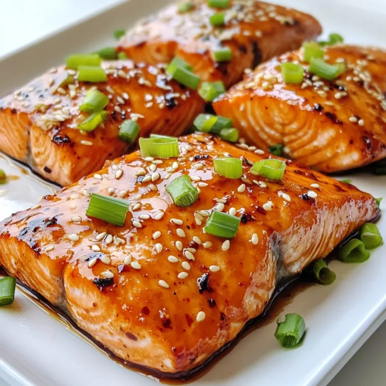 - 4 salmon fillets (6 oz each) - 1/4 cup sweet chili sauce - 3 cloves garlic, minced - 1 tablespoon soy sauce - 1 tablespoon freshly grated ginger - 2 tablespoons olive oil - 1 tablespoon lime juice - Salt and pepper to taste - 1/4 cup chopped green onions (for garnish) - Sesame seeds (for garnish) Gather these ingredients to make a flavorful dish. The salmon is the star here, so choose fresh, vibrant fillets. Sweet chili sauce adds a nice balance of sweetness and heat. Garlic, soy sauce, and ginger bring depth and warmth. Olive oil keeps the fish moist during cooking, while lime juice adds a punch of freshness. Don’t forget salt and pepper; they enhance all the flavors. Green onions and sesame seeds make great toppings, adding color and crunch. Each ingredient plays a role, working together to create a delicious meal. {{ingredient_image_1}} - Preheat the oven to 400°F (200°C). - Line a baking sheet with parchment paper or foil. Start by heating your oven. This helps the salmon cook evenly. Lining the baking sheet makes cleanup easy. You want to keep things simple and fun. - Whisk together sweet chili sauce, garlic, soy sauce, ginger, olive oil, lime juice, salt, and pepper. In a bowl, mix the sweet chili sauce and minced garlic. Add soy sauce and freshly grated ginger. Pour in the olive oil and lime juice. Season with salt and pepper. Whisk it all together until it’s smooth. This marinade is the key to tasty salmon! - Brush salmon with marinade and bake for 12-15 minutes. - Broil for caramelization in the last 2 minutes. Place the salmon fillets on the baking sheet. Brush them well with the marinade. Save a bit of the sauce for later. Bake the salmon for 12 to 15 minutes. It’s ready when it flakes easily with a fork. For a nice glaze, switch to broil for the last 2 minutes. Watch closely! You want it golden, not burnt. Once done, drizzle the reserved sauce over the top. Enjoy your meal! To cook salmon evenly, make sure all fillets are the same size. This helps them cook at the same rate. If some fillets are thicker, they will take longer to cook. Use a meat thermometer to check for doneness. Salmon should reach 145°F (63°C). Watch the broiling process closely. It can go from perfect to burnt in seconds. The glaze will caramelize quickly, so keep the oven light on. This helps you monitor the progress. If you see it darkening too fast, lower the heat. You can add spices or herbs for extra flavor. Try fresh dill or cilantro for a fresh taste. For a spicy kick, add red pepper flakes. A dash of lemon zest can brighten the dish. You can also mix in a bit of honey for added sweetness. Garnishing salmon makes it look more appealing. Sprinkle chopped green onions on top for color and crunch. A few sesame seeds add texture. Serve the salmon on a bed of rice or greens for a nice look. A slice of lime on the side adds a pop of color and flavor. Pro Tips Fresh Ingredients: Use fresh salmon fillets for the best flavor and texture. Frozen salmon can work in a pinch, but fresh will always yield superior results. Marinating Time: For enhanced flavor, let the salmon marinate for at least 30 minutes in the refrigerator before baking. This allows the flavors to penetrate the fish. Cooking Temperature: Ensure your oven is fully preheated to 400°F (200°C) before placing the salmon inside. This helps achieve an even cook and a nice caramelization. Serving Suggestions: Pair your Sweet Chili Garlic Salmon with steamed rice or a fresh salad to balance the flavors. It also goes well with a side of roasted vegetables. {{image_2}} You can change up the flavor by using different sauces. Here are a few ideas: - Teriyaki sauce adds a sweet and savory note. - Hoisin sauce gives a rich, thick glaze. - A mix of honey and soy sauce brings a nice balance of sweet and salty. - For a spicy kick, try adding sriracha to the sweet chili sauce. Adding extra ingredients can make your dish more fun. Consider these options: - Sliced bell peppers or zucchini can boost nutrition and flavor. - Citrus slices, like lemon or orange, can add a fresh twist. - Pineapple chunks bring a tropical taste that works well with salmon. - Fresh herbs like cilantro or basil can give a bright finish. You can cook salmon in different ways. Grilling and baking are both great options. - Grilling adds a smoky flavor and nice grill marks. Just brush the sauce on before grilling. - Baking is easier and keeps the salmon moist. It also allows for even cooking. Choose the method that fits your mood and kitchen setup. To store cooked salmon, let it cool first. Place the salmon in an airtight container. You can keep it in the fridge for up to three days. Make sure to add a piece of parchment paper between layers if stacking. This helps prevent sticking. To reheat salmon without drying it out, try using the oven. Preheat the oven to 275°F (135°C). Place the salmon on a baking sheet. Cover it with foil to keep moisture in. Heat for about 15 minutes or until warm. You can also reheat in the microwave. Use a microwave-safe plate and cover with a damp paper towel. Heat in short bursts of 30 seconds. If you want to freeze salmon, wrap each fillet tightly in plastic wrap. Then, place them in a freezer bag or container. Label the bag with the date. Frozen salmon is best used within three months. To thaw, move it to the fridge overnight. Avoid thawing in warm water, as this can change the texture. Sweet chili sauce is a tasty blend of sweet and spicy flavors. It often has a bright red color and thick texture. You can use it as a dip or a glaze for meats. It pairs well with many dishes, including chicken and fish. The sauce usually contains sugar, chili peppers, garlic, and vinegar. This mix gives it a sweet taste with a hint of heat. You can find it in most grocery stores or make it at home. Yes, you can use frozen salmon fillets. Just remember to thaw them first. The best way to thaw is in the fridge overnight. If you are short on time, you can also use cold water. Place the fillets in a sealed bag and submerge it in cold water for about an hour. Frozen salmon may take a few extra minutes to cook. Always check for doneness by flaking it with a fork. Several side dishes go great with sweet chili garlic salmon. Here are some ideas: - Steamed broccoli adds a nice crunch. - Jasmine rice soaks up the sauce well. - Roasted sweet potatoes give a sweet balance. - Cucumber salad adds a fresh and cool touch. - Quinoa is a healthy and hearty option. These sides enhance the meal and make it more colorful and fun! This blog post covered a simple and tasty sweet chili garlic salmon recipe. You learned how to prepare the marinade, bake the salmon, and enhance its flavor. I shared tips for cooking and presentation, plus ideas for variations. Remember, salmon is easy to customize. Whether you bake, grill, or add veggies, you have options. Enjoy creating delicious meals that impress and satisfy. Your cooking skills can shine with this flavorful dish!