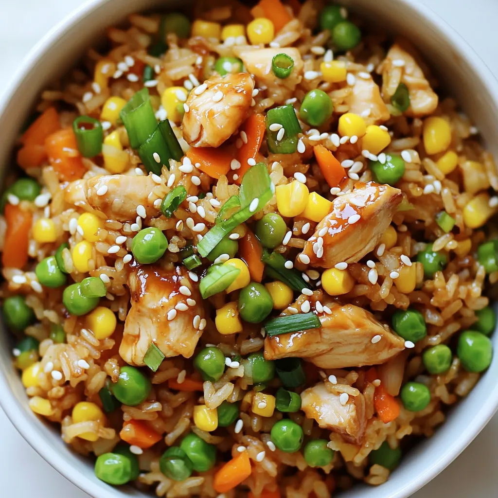 - 2 cups cooked rice (preferably cold) - 1 lb chicken breast, diced - 1/2 cup teriyaki sauce - 1 cup mixed vegetables (carrots, peas, corn) - 2 green onions, sliced - 3 cloves garlic, minced - 2 eggs, lightly beaten - 2 tablespoons vegetable oil - Salt and pepper to taste - Sesame seeds for garnish (optional) You can change up your vegetables based on what you like. Try bell peppers, broccoli, or snap peas. If you want a gluten-free option, look for gluten-free teriyaki sauce at the store. For your protein, think about using tofu or shrimp instead of chicken. Both options add great flavor and texture. {{ingredient_image_1}} To marinate chicken for optimal flavor, start with diced chicken breast. Place it in a medium bowl. Pour 1/4 cup of teriyaki sauce over the chicken. Mix well to coat all pieces. Let it sit for at least 15 minutes. This helps the chicken absorb the sauce and enhances its flavor. For perfect chicken texture, heat 1 tablespoon of vegetable oil in a large skillet or wok over medium-high heat. When the oil is hot, add the marinated chicken. Cook until it turns golden brown and is fully cooked, about 5-7 minutes. Be careful not to overcook the chicken, as it can become dry. Once cooked, remove the chicken from the skillet and set it aside. Next, sauté the vegetables. In the same skillet, add another tablespoon of oil. Toss in minced garlic and sauté for about 30 seconds. This will release a wonderful aroma. Then, add your mixed vegetables, cooking them for 2-3 minutes. Stir frequently until they are tender. Now, it's time to scramble the eggs. Push the vegetables to one side of the skillet. Pour the beaten eggs into the empty side. Scramble the eggs until fully cooked. Then, mix them with the vegetables. After the eggs and veggies are ready, add the cooked rice. Break up any clumps to ensure even cooking. Pour in the remaining teriyaki sauce and stir well to combine all ingredients. Return the cooked chicken to the skillet. Mix everything thoroughly. Cook for an additional 2-3 minutes to heat through. This allows the flavors to meld. Adjust seasoning by adding salt and pepper to taste. Just before serving, add sliced green onions, saving some for garnish. Serve hot, garnished with sesame seeds and extra green onions if you like. Enjoy your teriyaki chicken fried rice! To make great fried rice, use day-old rice. Fresh rice can be too sticky. Cold rice helps each grain stay separate. Keep the rice in the fridge overnight for best results. Temperature control matters too. Cook on high heat to get that nice crisp. Heat your skillet or wok before adding oil. This helps to cook the rice evenly and quickly. To boost flavor, add spices or sauces. A pinch of chili flakes can add heat. You can also try adding sesame oil or a splash of soy sauce. These add depth to the dish. Fresh ingredients are key for great taste. Use fresh vegetables like carrots, peas, and corn. This not only improves taste but also adds bright colors to your meal. Plating your dish can make it look gourmet. Use a large bowl or plate and add the fried rice in the center. This gives a nice focal point. Garnishing adds a special touch. Sprinkle sesame seeds on top for crunch. A few sliced green onions can add color and freshness. You can even add a lime wedge for a zesty kick! Pro Tips Use Day-Old Rice: For the best texture, use day-old rice that's been refrigerated overnight. It helps prevent the fried rice from becoming mushy. High Heat Cooking: Cooking on high heat allows for better caramelization of the chicken and vegetables, enhancing the flavor of your fried rice. Add Fresh Herbs: Consider adding fresh herbs like cilantro or basil at the end for a burst of flavor and freshness. Customize Your Veggies: Feel free to use any vegetables you have on hand, such as bell peppers or broccoli, to personalize the dish to your taste. {{image_2}} To make this dish without chicken, use tofu or tempeh. Cut them into small cubes, just like the chicken. Marinate them in teriyaki sauce for flavor. Then, follow the same steps in the recipe. Cook them until golden brown. For a vegan recipe, you can replace eggs with scrambled firm tofu. Crumble the tofu and sauté it with the vegetables. This gives a similar texture and flavor. You can also add nutritional yeast for a cheesy taste. If you like heat, add chili flakes or hot sauce. Sprinkle chili flakes while cooking the vegetables. For more kick, drizzle sriracha over the fried rice before serving. This adds a fun twist to the dish and makes it more exciting. Teriyaki chicken fried rice can change based on where you are. Some people add pineapple for a sweet touch. Others mix in kimchi for a spicy twist. You can combine this dish with flavors from other Asian cuisines, like adding curry or Thai basil. This way, you can create a new favorite dish every time you make it! To keep your teriyaki chicken fried rice fresh, store it in an airtight container. This helps prevent the rice from drying out. Place the container in the fridge after it cools down. You can safely keep the fried rice in the fridge for up to three days. If you want to store it longer, freezing is a great option. When reheating, use a skillet or microwave. For the skillet, add a splash of water or broth. This keeps the rice moist and fluffy. Heat it over medium heat, stirring often. In the microwave, cover the dish with a damp paper towel. This traps steam and adds moisture. Reheat in short bursts, stirring in between to ensure even heat. To freeze teriyaki chicken fried rice, let it cool completely. Then, scoop it into freezer-safe bags. Remove as much air as possible before sealing. Label the bags with the date. You can freeze it for up to three months. When you're ready to eat, thaw it in the fridge overnight. For quick use, place the bag in cold water for an hour. You can use coconut aminos or tamari as soy sauce substitutes. Coconut aminos add a sweet, mild taste. Tamari offers a similar flavor but is gluten-free. Both options work well in the teriyaki sauce for this dish. Yes, you can add shrimp, beef, or pork. Tofu is great for a vegetarian option. Just make sure to adjust the cooking time. Cook the protein until fully done before adding it to the rice. It lasts for about 3 to 4 days if stored in an airtight container. Make sure it cools down before placing it in the fridge. This helps keep the rice fresh and safe to eat. Day-old rice is the best choice. It has less moisture, which prevents clumping. Jasmine rice offers a nice aroma, while long-grain rice gives great texture. Both work well in fried rice recipes. Yes, meal prepping is a great idea. You can cook the chicken and veggies in advance. Store them separately from the rice. When ready to eat, just combine and heat. This saves time and makes meals easy. This blog post covered a delicious teriyaki chicken fried rice recipe. We discussed essential ingredients, their substitutes, and clear cooking steps. You learned tips for perfecting texture and enhancing flavor. We shared variations for different diets and how to store your leftovers. In making this dish, remember that fresh ingredients and proper techniques matter. Feel free to adjust flavors to suit your taste. Enjoy your cooking journey!