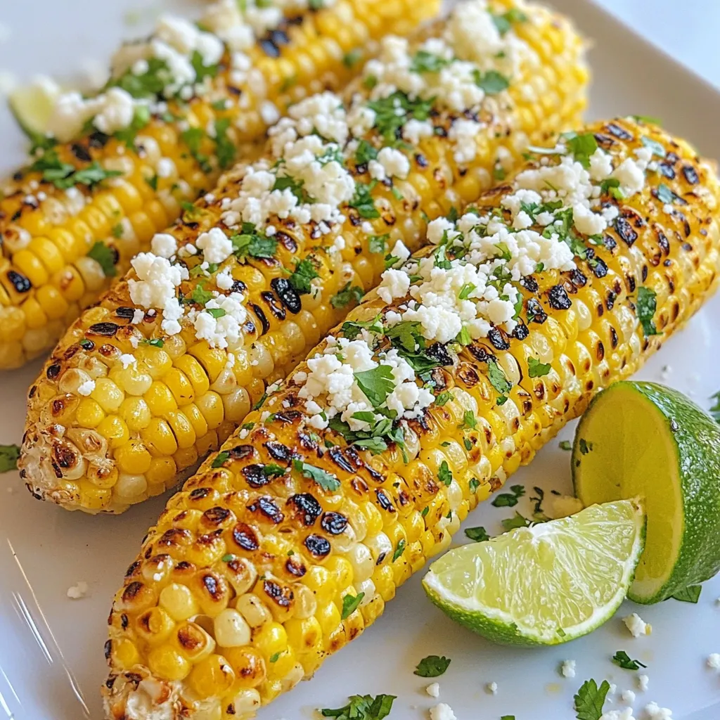 - 4 ears of corn, husked - 2 tablespoons olive oil - 2 tablespoons unsalted butter, melted - 1 teaspoon chili powder - 1 teaspoon smoked paprika - Juice of 2 limes - Zest of 1 lime - 1/2 teaspoon garlic powder - Salt, to taste - Fresh cilantro, chopped, for garnish - Cotija cheese, crumbled (optional) If you don't have fresh corn, you can use frozen corn. Just thaw it first. For olive oil, you can swap it with canola oil or vegetable oil. If you want a dairy-free option, use a plant-based butter instead of unsalted butter. You can skip cotija cheese or use feta cheese as a substitute. Add fresh lime wedges for extra zing. You can also sprinkle some chili flakes for heat. If you love herbs, try adding fresh parsley instead of cilantro. These garnishes can enhance the flavor and look of your dish. {{ingredient_image_1}} Start by husking the corn. Remove all the green leaves and silk. Rinse the corn under cold water and pat it dry with a towel. This step is important to ensure your corn gets a good grill. Next, mix the marinade. In a small bowl, combine the olive oil, melted butter, chili powder, smoked paprika, lime juice, lime zest, garlic powder, and salt. Stir it well until it blends nicely. This marinade adds a burst of flavor. Now, brush the marinade over the corn. Make sure each ear is well-coated. This helps the flavors stick while grilling. Preheat your grill to medium-high heat. Once hot, place the corn directly on the grill grates. Grill the corn for 8-12 minutes. Turn it every 2-3 minutes. You want it to be charred in spots and tender. This charring adds a nice smoky taste. When the corn is done, take it off the grill. For an extra flavor kick, brush any leftover marinade over the hot corn. Finally, sprinkle crumbled cotija cheese and chopped cilantro on top. This step is optional but adds great taste and color. Serve on a wooden board with lime wedges for a fun look! Grilling corn is easy and fun. Start by preheating your grill to medium-high heat. Make sure the corn is clean and dry. Place the corn directly on the grill. This gives it those nice grill marks. Turn the corn every 2-3 minutes. This helps it cook evenly. To get the best char, grill the corn for 8-12 minutes. You want some parts to be golden and slightly burnt. This adds a great flavor. If you see good char, it’s ready. You can also brush more marinade on while it grills. This keeps it moist and tasty. To make the flavor pop, use the marinade well. Mix olive oil, butter, and spices. Lime juice and zest add brightness. Garlic powder gives it depth. If you like cheese, sprinkle cotija on top. Fresh cilantro adds a burst of color and flavor. Serve with lime wedges for extra zing. Pro Tips Choose Fresh Corn: Select ears of corn that are bright green and tightly wrapped in husks for the best flavor and sweetness. Marinate Longer: If time allows, let the corn marinate in the chili-lime mixture for 30 minutes to an hour for deeper flavor penetration. Use a Grill Basket: If you're worried about the corn falling through the grill grates, use a grill basket to keep them secure while cooking. Experiment with Toppings: Besides cotija cheese, try adding a sprinkle of chili flakes or a drizzle of hot sauce for an extra kick. {{image_2}} If you want to kick up the heat, add more chili powder. You can use cayenne pepper for an extra spicy punch. Mix in one teaspoon of cayenne with the other spices. This makes a zesty treat for those who love heat. You can also sprinkle some hot sauce on top after grilling. It adds a nice layer of flavor. To make this dish vegan, skip the butter. Use extra olive oil instead. The marinade will still taste great without butter. You can also add a splash of lime juice for more tang. This version keeps all the flavor while being plant-based. It’s perfect for your vegan friends. For a Southwest twist, add some spices like cumin and paprika. Mix in one teaspoon of ground cumin with the marinade. You can also top the corn with diced tomatoes and avocado after grilling. This adds freshness and brings a fun vibe to your summer cookouts. The mix of flavors will surely impress your guests! To store leftover corn, let it cool first. Wrap each ear tightly in plastic wrap or foil. Place it in an airtight container or a resealable bag. This keeps the corn fresh for up to three days in the fridge. To reheat, you can use the grill or the microwave. For the grill, heat it to medium-low. Grill the corn for about 5 minutes, turning occasionally. For the microwave, place the corn on a plate. Cover it with a damp paper towel and heat for 1-2 minutes. Check if it's hot enough before serving. You can freeze grilled corn if you won’t eat it soon. First, let it cool completely. Wrap each ear in plastic wrap, then in foil. Place the wrapped corn in a freezer-safe bag. It can stay frozen for up to three months. When you are ready to eat it, thaw it in the fridge overnight before reheating. Yes, you can use frozen corn. Just thaw it first before grilling. Fresh corn tastes best, but frozen can work. If using frozen, soak it in warm water for a few minutes. This helps to heat it evenly. You know the corn is done when it turns bright yellow and has char marks. Grill it for about 8-12 minutes. Turn it every few minutes for even cooking. The kernels should feel tender when you poke them with a fork. Chili lime grilled corn pairs well with many dishes. Here are some great ideas: - Tacos or burritos - Grilled meats like chicken or steak - Fresh salads with avocado - Rice dishes, like cilantro lime rice - Beans or bean salads These options will enhance your meal and make it more fun! This guide covered everything you need for making grilled corn. We looked at the ingredients, possible substitutes, and garnishes to suit your taste. The step-by-step instructions made grilling simple and fun. You learned tips to get the best char and enhance flavors. Variations offered spicy and vegan choices. Finally, we discussed how to store leftovers and answered common questions. Grilled corn is easy to make and brings joy to any meal. Enjoy your cooking!
