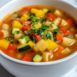 To make a tasty veggie packed minestrone soup, gather these main ingredients: - 1 tablespoon olive oil - 1 medium onion, diced - 2 cloves garlic, minced - 2 medium carrots, diced - 2 stalks celery, diced - 1 zucchini, diced - 1 bell pepper (red or yellow), diced - 1 cup green beans, trimmed and cut into 1-inch pieces - 1 can (14 oz) diced tomatoes (with juices) - 4 cups vegetable broth - 1 teaspoon dried oregano - 1 teaspoon dried basil - 1 teaspoon thyme - 1 cup frozen peas - 1 can (15 oz) kidney beans, rinsed and drained - Salt and pepper to taste - 1 cup small pasta (like ditalini or elbow) - Fresh parsley, chopped (for garnish) You can make your minestrone even better with these optional items: - A splash of balsamic vinegar for a tangy taste. - Grated Parmesan cheese on top for a rich flavor. - A pinch of red pepper flakes for some heat. - Fresh spinach or kale for extra greens. Each ingredient in your minestrone soup brings health benefits: - Vegetables: Carrots, celery, and zucchini are low in calories but high in vitamins. - Tomatoes: They are rich in antioxidants, helping your heart. - Beans: Kidney beans provide protein and fiber, which help digestion. - Pasta: Small pasta adds energy with complex carbs for lasting fuel. - Herbs: Oregano, basil, and thyme not only add flavor but also offer health benefits. Using these ingredients, you create a soup that is not just tasty but also good for you! {{ingredient_image_1}} To start, gather your ingredients. You will need olive oil, onion, garlic, carrots, celery, zucchini, bell pepper, green beans, diced tomatoes, vegetable broth, herbs, peas, kidney beans, and pasta. Dice the onion, garlic, carrots, celery, zucchini, and bell pepper. Trim the green beans and cut them into one-inch pieces. This prep makes cooking easier. 1. Heat one tablespoon of olive oil in a large pot over medium heat. 2. Add the diced onion and sauté for about three to four minutes until soft. 3. Stir in the minced garlic and cook for one additional minute until it smells good. 4. Add the diced carrots and celery, cooking for five minutes until they begin to soften. 5. Incorporate the zucchini, bell pepper, and green beans into the pot, stirring well. 6. Add the diced tomatoes with their juices, vegetable broth, oregano, basil, and thyme. Bring it to a boil. 7. Once it boils, reduce the heat to low and let it simmer for about 15 minutes. 8. Add the frozen peas and kidney beans, cooking for another five minutes until they are warm. 9. While the soup simmers, cook the pasta in another pot. Follow the package instructions until it is al dente, then drain. 10. Once the soup is ready, season it with salt and pepper to taste. 11. Stir in the cooked pasta just before you serve it to keep it from getting mushy. - Prepare all your veggies before cooking. It makes the process smooth. - Keep an eye on the soup to avoid overcooking the veggies. They should stay bright and crisp. - Cook pasta separately to keep it from soaking up too much broth. - Always taste your soup before serving. Adjust the seasoning if needed. - Serve the soup hot and garnish with fresh parsley for a nice touch. To boost the taste of your minestrone soup, consider these simple tips: - Fresh Herbs: Use fresh basil or parsley for added flavor. - Parmesan Rind: Add a piece of parmesan rind while cooking. It gives a rich taste. - Acidity Balance: A splash of lemon juice brightens the soup. Just add it before serving. - Spice It Up: Add red pepper flakes for a touch of heat. Start with a small pinch. Here are some common missteps to watch out for: - Overcooking Vegetables: Don’t cook veggies too long. They should remain slightly crunchy. - Skipping Seasoning: Always season as you cook. Taste and adjust salt and pepper. - Mushy Pasta: Add cooked pasta just before serving. This keeps it from getting mushy. - Ignoring Broth Quality: Use good-quality broth. It deeply affects the soup’s flavor. Making soup in advance is easy with these steps: - Prep Ingredients: Chop all veggies the day before. Store them in the fridge. - Cook and Cool: Make the soup, then cool it completely. - Store Properly: Place it in an airtight container in the fridge for up to three days. - Reheat Gently: Warm it on low heat to avoid overcooking. Add fresh pasta when ready to serve. Pro Tips Use Fresh Vegetables: Fresh vegetables will elevate the flavor of your minestrone soup. Look for seasonal produce to enhance taste and nutrition. Customize with Herbs: Feel free to experiment with different herbs like rosemary or parsley to add a unique twist to your soup. Make it Heartier: For a more filling soup, consider adding diced potatoes or sweet potatoes for extra substance and flavor. Storage Tips: Store leftover soup in an airtight container in the fridge for up to 3 days. The flavors will deepen as it sits! {{image_2}} You can change a few ingredients in minestrone soup. For example, if you do not have kidney beans, use black beans or chickpeas. If you want to keep it lighter, swap out pasta for quinoa or farro. Need a gluten-free option? Use gluten-free pasta or skip the pasta entirely. You can also replace vegetable broth with chicken broth if you prefer. Minestrone soup is flexible with veggies. You can mix and match based on what you have. Try adding spinach or kale for extra greens. For a sweeter taste, toss in some corn or butternut squash. If you like a bit of heat, add diced jalapeños or red pepper flakes. The key is to use fresh, seasonal vegetables for the best flavor. This recipe is easy to make vegan. Just ensure the broth is vegetable-based, and skip any animal products. To keep it gluten-free, swap regular pasta for gluten-free varieties. You can also add more beans to keep it filling without the pasta. This soup can fit many diets while still being hearty and delicious. After you make your veggie packed minestrone soup, let it cool. Pour the soup into airtight containers. This helps keep it fresh. You can store it in the fridge for up to five days. If you want to save some for later, freezing is a great option. First, let the soup cool completely. Then, pour it into freezer-safe bags or containers. Remove as much air as possible. Label with the date. You can freeze the soup for up to three months. To reheat, take the soup out of the fridge or freezer. If it's frozen, thaw it in the fridge overnight. Heat the soup in a pot over medium heat. Stir it often until it’s hot. You can also use the microwave. Just heat in short bursts and stir in between for even warmth. You can add many things for extra flavor. Consider adding a splash of lemon juice. It brightens the soup and adds freshness. You can also sprinkle in some grated Parmesan cheese at the end. This adds a nice salty taste. Try adding a bay leaf while cooking for depth. Fresh herbs like basil and parsley also boost flavor. For a spicy kick, toss in red pepper flakes. Yes, you can use frozen vegetables. They are a great time saver. Frozen veggies are often picked at their peak ripeness. This means they still have good flavor and nutrients. Just remember to add them during the last few minutes of cooking. This way, they heat through without getting mushy. It’s an easy swap that works well. To make minestrone soup kid-friendly, focus on texture and flavor. Use small pasta shapes like ditalini or elbow macaroni. Kids love these shapes! You can also reduce the amount of green beans and zucchini if kids are picky. Adding a little cheese can help too. Melted cheese on top can make it more appealing. Lastly, let them help in the kitchen. Kids enjoy cooking and will be more excited to eat what they made! This blog post covered how to make a tasty and healthy soup. We explored the key ingredients and their benefits. I gave you steps to prepare and cook the soup, plus tips and tricks to avoid common mistakes. We also discussed variations for different diets and how to store leftovers effectively. In making soup, you can be creative and enjoy it at any time. With these tips, your soup will be a hit with everyone. Happy cooking!