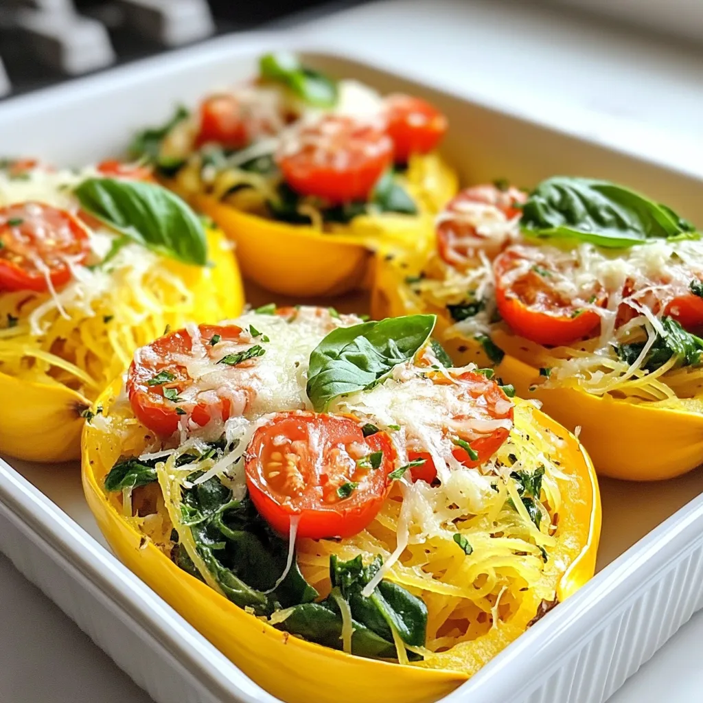 To make Garlic Parmesan Spaghetti Squash Boats, gather these simple ingredients: - 1 medium spaghetti squash - 4 tablespoons olive oil, divided - 4 cloves garlic, minced - 1 cup fresh spinach, chopped - 1 cup cherry tomatoes, halved - 1/2 cup grated Parmesan cheese - 1 teaspoon Italian seasoning - Salt and pepper to taste - Fresh basil leaves for garnish Each ingredient plays a key role in creating the dish's flavor. The spaghetti squash serves as a healthy base. Olive oil adds richness and helps cook the garlic. Garlic brings a bold taste that pairs perfectly with the Parmesan cheese. Fresh spinach and cherry tomatoes add color and nutrients, making the meal vibrant and healthy. Italian seasoning enhances the overall taste, while salt and pepper balance all the flavors. Finally, fresh basil adds a bright finish. Using fresh ingredients elevates this dish. Choose ripe tomatoes and vibrant spinach for the best results. The quality of your Parmesan cheese matters too. Grate it fresh for a stronger flavor. This dish is not just tasty; it's also a fun way to enjoy vegetables! {{ingredient_image_1}} First, preheat your oven to 400°F (200°C). This step is key for even cooking. Next, grab your medium spaghetti squash. Carefully cut it in half lengthwise. Use a spoon to scoop out the seeds. Make sure to remove all the seeds for a better texture later. Now, brush the inside of each squash half with 2 tablespoons of olive oil. Sprinkle salt and pepper on each half. This will add great flavor. Place the squash cut-side down on a baking sheet lined with parchment paper. Roast them for 30-40 minutes. You want the flesh to be tender. It should easily shred with a fork when done. While the squash roasts, heat the remaining 2 tablespoons of olive oil in a large skillet. Add the minced garlic and sauté it for about 1 minute. You want it fragrant but not browned. Next, stir in the chopped spinach and halved cherry tomatoes. Cook for 3-4 minutes until the spinach wilts and the tomatoes soften. Remove the skillet from heat and mix in the grated Parmesan cheese and Italian seasoning. Taste and adjust with salt and pepper as needed. Once your squash is ready, use a fork to scrape the flesh into spaghetti-like strands. Gently mix these strands with the garlic, spinach, and tomato mixture. Spoon this delicious filling back into the squash halves. Make sure to fill them generously! Return the stuffed squash boats to the oven and bake for an extra 10 minutes. This warms everything through and gives the tops a lovely golden color. When you pick a spaghetti squash, look for one that feels heavy for its size. A medium squash usually works best for this recipe. Check for a firm shell without soft spots or blemishes. The color should be a nice golden yellow. A ripe squash means sweet, tasty strands inside. To get the perfect texture, roast your squash at 400°F (200°C). After cutting it in half, brush the inside with olive oil. This helps add flavor and keeps it moist. Bake for 30 to 40 minutes. You want it tender but not mushy. Overcooking can turn your filling soggy, so keep an eye on the time. For a lovely finish, garnish your dish with fresh basil leaves. A sprinkle of extra Parmesan adds a tasty touch. Serve these squash boats hot for the best flavor. Pair them with a simple salad or crusty bread for a full meal. Pro Tips Choose the Right Squash: Select a spaghetti squash that feels heavy for its size and has a smooth, unblemished skin for the best texture and flavor. Don’t Skip the Roasting: Roasting the squash cut-side down ensures it steams in its own moisture, resulting in perfectly tender strands. Experiment with Add-ins: Feel free to customize the filling by adding proteins like cooked chicken or shrimp, or other vegetables like bell peppers or zucchini for extra flavor. Garnish for Presentation: A sprinkle of extra Parmesan and fresh basil not only enhances the dish's appearance but also boosts its flavor profile. {{image_2}} You can switch up the filling in your garlic Parmesan spaghetti squash boats. If you want a different taste, try using spinach or tomatoes. Both add great flavor and texture. You can also toss in bell peppers or mushrooms. These veggies add crunch and color. Mix and match to find your favorite combo! Want to make your meal heartier? Add some protein! Cooked chicken works well and makes it filling. If you prefer plant-based options, try adding beans. They bring a nice texture and flavor. For seafood lovers, shrimp or crab can add a fun twist. Just cook them separately and mix them in! Not a fan of Parmesan? You have options! Try different cheese types like cheddar or mozzarella. Each brings its unique taste. If you're looking for a dairy-free option, consider vegan cheese. There are many great brands out there that melt well. Choose what you love! To keep your garlic Parmesan spaghetti squash boats fresh, follow these steps: - Refrigeration: Place the stuffed squash in an airtight container. This helps keep moisture in and prevents odors from other foods. - Duration: The dish lasts for about 3 to 5 days in the fridge. Make sure to check for any signs of spoilage before eating. If you want to save some for later, freezing is a great option. - Freezing Method: First, let the stuffed squash cool completely. Then, wrap each half tightly in plastic wrap. For extra protection, place them in a freezer bag or container. This keeps them safe from freezer burn. - Thawing and Reheating: When you're ready to eat, take the squash out of the freezer and let it thaw in the fridge overnight. Reheat in the oven at 350°F (175°C) for about 20 minutes, or until warm throughout. You can also use the microwave if you’re short on time. Cooking spaghetti squash usually takes 30 to 40 minutes. First, you need to cut it in half and scoop out the seeds. Then, brush the inside with olive oil, salt, and pepper. Place the halves cut-side down on a baking sheet. Roast them in an oven set to 400°F (200°C) until the flesh is soft. You can check for doneness by poking it with a fork. Once tender, you can easily scrape the flesh into spaghetti-like strands. Yes, you can make garlic Parmesan spaghetti squash boats ahead of time. Cook the squash and prepare the filling. Let everything cool, then store it in the fridge for up to 3 days. When you are ready to eat, just reheat the stuffed squash boats in the oven. This method saves time and still tastes great. Just remember to store the filling separately if you prefer. Spaghetti squash boats pair well with many side dishes. You can serve them with a fresh green salad for added crunch. Garlic bread also makes a great side. If you want protein, grilled chicken or shrimp goes nicely with the squash. For a cozy touch, consider a warm bowl of soup. Each of these options complements the flavors of the garlic Parmesan squash. In this post, I shared a simple and tasty recipe for stuffed spaghetti squash boats. You learned about the key ingredients, easy steps for preparation and cooking, plus tips for choosing the best squash. I also discussed variations to suit your taste and how to store leftovers. With these ideas, you can create a warm, healthy meal. Enjoy experimenting with flavors and ingredients, and make the dish your own! A delicious and fun meal is just one squash away.