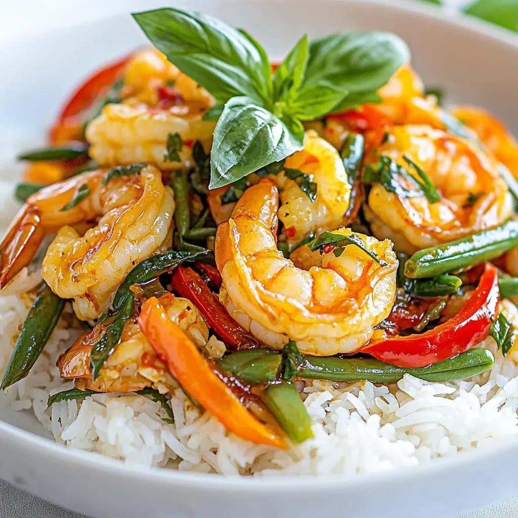 - 1 lb (450g) large shrimp, peeled and deveined - 2 tablespoons vegetable oil - 4 cloves garlic, minced - 1-2 red chilies, sliced (adjust to heat preference) - 1 red bell pepper, sliced - 1 cup green beans, trimmed and cut into 2-inch pieces - 3 tablespoons soy sauce - 2 tablespoons fish sauce - 2 teaspoons brown sugar - 1 teaspoon sesame oil - 1 cup fresh Thai basil leaves - Cooked jasmine rice, for serving The shrimp is the star of this dish. It offers a sweet and tender bite. Use large shrimp for the best results. Fresh shrimp enhances the flavor. Vegetables add color and crunch. The bell pepper gives a nice sweetness. Green beans bring a fresh taste to each bite. Together, they provide a great balance. The sauces are crucial. Soy sauce gives saltiness. Fish sauce adds depth. Brown sugar balances the flavors. Sesame oil brings a nutty note that ties everything together. - Variations on heat levels - Additional toppings Adjust the heat by using more or fewer chilies. You can also use different types of chilies. For a milder dish, consider removing the seeds. Toppings can elevate the meal. Try crushed peanuts for crunch. Fresh lime juice adds brightness. A sprinkle of sesame seeds can add a lovely finish. - Skillet or wok - Mixing bowl A large skillet or wok is best for this recipe. It allows for even cooking and easy tossing. A mixing bowl is handy for blending the sauce. It keeps things organized and efficient. With these ingredients and tools, you set yourself up for success. The mix of shrimp, vegetables, and sauces creates a dish full of flavor. Enjoy cooking! {{ingredient_image_1}} Cleaning and preparing the shrimp Start by rinsing the shrimp under cold water. This helps remove any dirt. Next, peel and devein them if not done already. You want them clean for the best taste. Slicing vegetables Use a sharp knife to slice the red bell pepper into thin strips. Trim the green beans and cut them into 2-inch pieces. Slice the red chilies, adjusting the heat to your liking. Keep everything ready for cooking. Heating the oil and sautéing aromatics Take a large skillet or wok. Heat 2 tablespoons of vegetable oil over medium-high heat. Once hot, add 4 minced garlic cloves and the sliced red chilies. Sauté for about 30 seconds. The smell will be amazing! Adding shrimp and vegetables Now, add the prepared shrimp to the skillet. Cook for 2 to 3 minutes until the shrimp turns pink and curls. Next, toss in the sliced bell pepper and green beans. Stir-fry for another 2 to 3 minutes. You want the veggies to stay tender-crisp. Mixing the sauce In a small bowl, mix 3 tablespoons of soy sauce, 2 tablespoons of fish sauce, 2 teaspoons of brown sugar, and 1 teaspoon of sesame oil. Pour this sauce over the shrimp and veggies. Stir well to coat everything evenly. Incorporating Thai basil Remove the skillet from heat. Gently fold in 1 cup of fresh Thai basil leaves. They will wilt quickly and add great flavor. Serving suggestions Serve the spicy Thai basil shrimp over hot jasmine rice. This dish is colorful and packed with flavor. Enjoy every bite of this quick and easy dinner! - Achieving the perfect shrimp texture: To get tender shrimp, do not overcook them. Cook shrimp for 2-3 minutes until they turn pink. They should curl slightly, but not get rubbery. - Controlling the heat level: Adjust the heat by changing the number of red chilies. Use one chili for mild. Use two for a spicy kick. You can remove seeds to lower heat, too. - Adding more spices: If you love spice, add crushed red pepper or a dash of cayenne. This gives your dish an extra punch. - Tips for a balanced sauce: Mix soy sauce and fish sauce in equal parts. The brown sugar adds sweetness, which balances the salty flavors. Taste the sauce before adding it to the pan. - Pairing with side dishes: Serve spicy Thai basil shrimp over jasmine rice. It soaks up the sauce well. You can also add a side of stir-fried veggies for color and crunch. - Presentation ideas: Use a large plate for serving. Place shrimp in the center. Garnish with fresh basil leaves. A sprinkle of sesame seeds adds a nice touch. Pro Tips Adjust the Heat: If you prefer a milder dish, reduce the number of red chilies or remove the seeds before adding them. Freshness Counts: Use fresh Thai basil for the best flavor; dried basil will not provide the same aromatic quality. Perfectly Cooked Shrimp: Avoid overcooking the shrimp. They are done when they turn pink and opaque, which takes only a few minutes. Customize Your Veggies: Feel free to add other vegetables like carrots or snap peas for added color and nutrition. {{image_2}} You can easily change the protein in this dish. If you want to try chicken, use boneless thighs or breasts. You can also use tofu for a vegetarian option. Just cut it into small pieces and cook it until golden. For a vegan take, replace shrimp with tempeh or seitan. Both options soak up flavors well and keep the meal hearty. Feel free to add more vegetables to your stir fry. Carrots, snap peas, or mushrooms can enhance the dish. They add nice colors and textures. You can also try different herbs. If you can't find Thai basil, use regular basil or cilantro. Each herb gives a unique twist to the flavor. Adjusting the spice level is easy. If you like mild dishes, use fewer red chilies. You can also remove the seeds from the chilies to cut down on heat. For those who love spice, add more chilies or try Thai bird's eye chilies. These little guys pack a punch! You can also use chili paste or sauce for a different kick. To keep your spicy Thai basil shrimp fresh, store it in the fridge. Use an airtight container. This helps to keep the shrimp from drying out. You can safely store it for up to three days. If you’re making a big batch, make sure to divide it into smaller portions. This will make it easier to heat later. When it's time to enjoy your leftovers, reheat gently. The best way is on the stove. Place the shrimp in a pan over low heat. Stir it often to keep it from sticking. You can add a splash of water or soy sauce to keep it moist. Avoid using a microwave, as it can make the shrimp rubbery. You can freeze your cooked spicy Thai basil shrimp for later. Place it in a freezer-safe container. Make sure to leave some space for expansion. It will last for up to two months in the freezer. When you’re ready to eat, thaw it in the fridge overnight. Reheat it on the stove as mentioned above. This way, you maintain its flavor and texture. You can serve this dish with cooked jasmine rice. The rice soaks up the sauce well. It balances the spice and adds a nice texture. For sides, consider stir-fried vegetables or a simple cucumber salad. These add freshness and crunch. You can also try spring rolls for a fun appetizer. Yes, you can use frozen shrimp! Just ensure to thaw them first. Place the shrimp in a bowl of cold water for about 15-20 minutes. This quick thaw keeps them firm and tasty. After thawing, pat them dry with a paper towel. This helps them cook evenly. If you skip this step, they may get watery and lose flavor. To adjust the heat, simply reduce the number of chilies. Start with just one chili and taste. You can add more if needed. If you want to avoid fresh chilies, use red pepper flakes or mild chili paste. These options give flavor without a lot of heat. This blog covers making Spicy Thai Basil Shrimp with fresh shrimp and vibrant veggies. We explored essential tips for cooking perfectly tender shrimp and balancing flavors. You learned about customizing the recipe to fit your taste, whether you prefer it mild or spicy. In conclusion, this dish is versatile and easy to adapt. You'll impress everyone with your cooking skills and a burst of flavor. Enjoy your cooking adventure and savor your delicious creation!