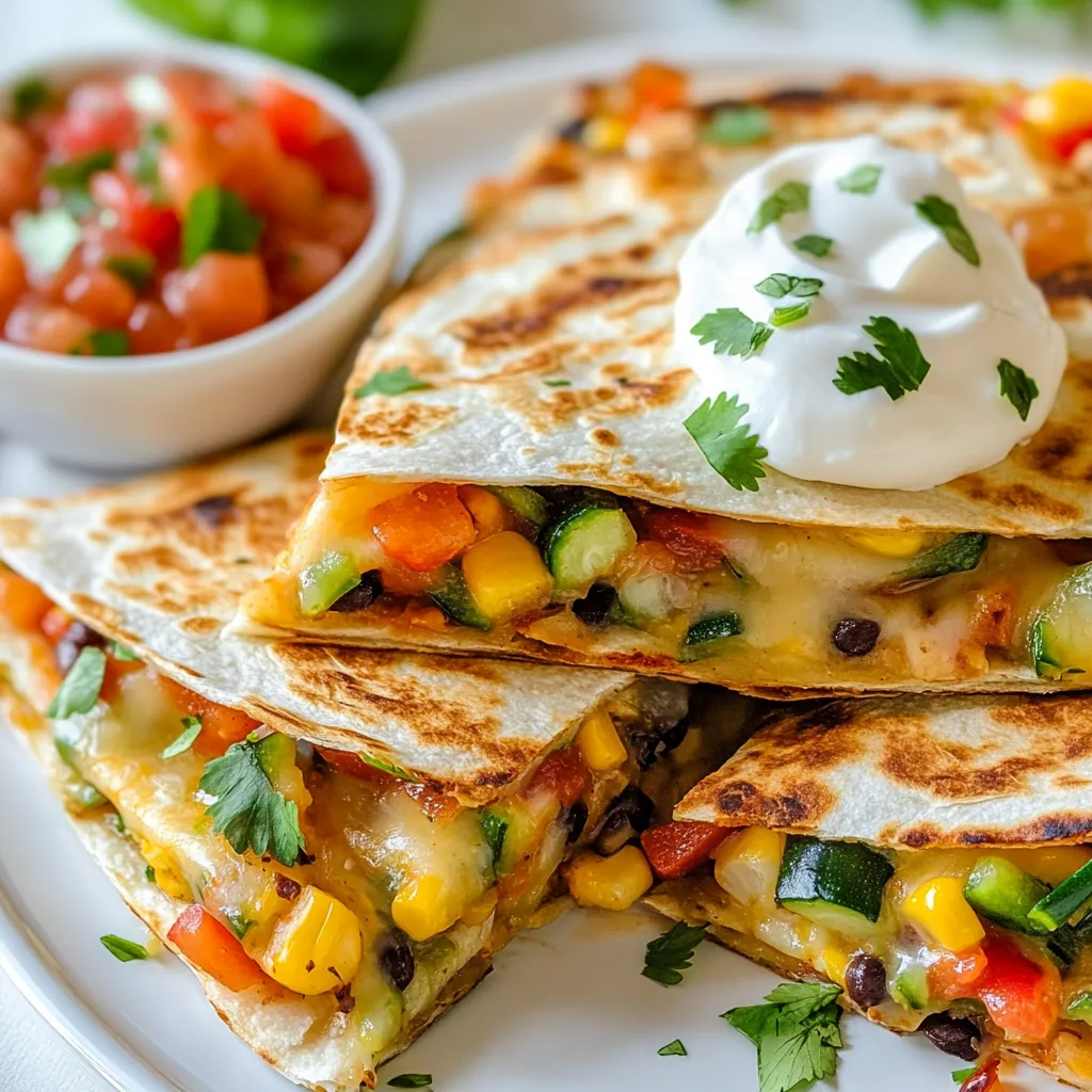 - 4 large flour tortillas - 1 cup shredded cheese (cheddar or Monterey Jack) - 1 red bell pepper, diced - 1 green bell pepper, diced - 1 small zucchini, diced - 1 cup corn kernels (fresh, frozen, or canned) - 1 black bean can, drained and rinsed - 1 small red onion, finely chopped - 2 cloves garlic, minced - 1 teaspoon cumin - 1 teaspoon smoked paprika - 2 tablespoons olive oil - Salt and pepper to taste - Fresh cilantro, chopped (for garnish) - Salsa and sour cream (for serving) These ingredients create a colorful and tasty quesadilla. I love using fresh veggies for flavor. The cheese adds creaminess, while spices give a nice kick. You can always switch up the veggies or cheese. This flexibility makes it fun to cook. Enjoy experimenting with what you have on hand. {{ingredient_image_1}} To start, heat 2 tablespoons of olive oil in a large skillet over medium heat. Add 1 small red onion, finely chopped, and 2 cloves of minced garlic. Sauté these for about 2-3 minutes until they soften and smell great. Next, it's time to add the colorful veggies. Toss in 1 diced red bell pepper, 1 diced green bell pepper, 1 small diced zucchini, and 1 cup of corn kernels. Season this mix with 1 teaspoon of cumin, 1 teaspoon of smoked paprika, salt, and pepper to taste. Cook for another 5-7 minutes until the vegetables are tender and vibrant. Finally, stir in 1 can of drained and rinsed black beans. Cook for 2 more minutes to warm everything through. Now, let's build those quesadillas! Lay a large flour tortilla flat on a clean surface. On one half of the tortilla, sprinkle half of 1 cup of shredded cheese. Then, spoon a generous amount of your veggie mixture over the cheese. Top this with the rest of the cheese. Finally, fold the tortilla in half to enclose the filling. Heat your skillet to medium-high. Place the folded quesadilla in the skillet and cook for 3-4 minutes on one side. Flip it carefully and cook for another 3-4 minutes until both sides are golden brown and the cheese is melted. Repeat this process with the remaining tortillas. Once cooked, let the quesadillas sit for about a minute. This helps the cheese set a bit. Slice them into wedges and get ready to enjoy! To get the best crispy quesadillas, focus on heat. Use medium-high heat to cook them. This will help achieve that golden brown color while melting the cheese inside. Use the right oil for grilling. I recommend olive oil for its flavor and high smoke point. You can also try avocado oil. Both oils will help your quesadillas crisp up nicely. Boost the taste of your quesadillas with extra seasonings. Try adding chili powder or oregano for a kick. Fresh herbs like cilantro or parsley can add a nice touch too. When it comes to cheese, choose the right kind for meltiness. Cheddar and Monterey Jack work great. They melt well and add rich flavor. Mixing different cheeses can also create a tasty blend. Pro Tips Use Fresh Ingredients: Fresh vegetables will enhance the flavor and texture of your quesadillas. Opt for seasonal produce when possible. Experiment with Cheese: While cheddar and Monterey Jack are classic choices, try blending different cheeses like pepper jack or feta for a unique twist. Don’t Overstuff: Be careful not to overload your quesadilla with filling. A little goes a long way to prevent spills and ensure even cooking. Serve with Dips: Elevate your quesadilla experience by serving with a variety of dips such as guacamole, pico de gallo, or a spicy yogurt sauce. {{image_2}} You can change your loaded veggie quesadillas by trying different fillings. For protein, consider using: - Grilled chicken - Shredded beef - Tofu - Tempeh These options add flavor and nutrition to your meal. You can also mix in various vegetables for unique tastes. Here are some ideas: - Spinach for a fresh touch - Mushrooms for an earthy flavor - Sweet potatoes for natural sweetness - Broccoli for extra crunch If you need gluten-free or vegan options, choose the right tortillas. For gluten-free, select corn tortillas or brown rice tortillas. These work well and hold the filling nicely. For a vegan option, swap out cheese for plant-based cheese. Look for brands made from cashews or almonds. These alternatives melt well and keep your quesadilla creamy. Enjoy experimenting with these variations for a tasty twist! To keep your loaded veggie quesadillas fresh, start by letting them cool. Once they are at room temperature, wrap each quesadilla in plastic wrap. This helps keep moisture in and prevents them from getting soggy. You can also place them in an airtight container. A glass dish with a tight lid works great. Store the quesadillas in the fridge for up to three days. When it's time to enjoy leftovers, you want to keep that crispy texture. The best way is to use a skillet. Heat the skillet over medium heat. Place the quesadilla in the skillet for about 3-4 minutes on each side. This method keeps them crispy and tasty. If you choose the microwave, place the quesadilla on a plate and cover it with a damp paper towel. Heat for about 1-2 minutes. This method makes them warm but may not keep them crispy. If you like that crunch, stick with the skillet. To add heat, you can use several ingredients. Here are some easy ways to spice up your quesadillas: - Jalapeños: Fresh or pickled, these add a nice kick. - Hot sauce: Drizzle your favorite hot sauce into the veggie mix. - Spicy cheese: Look for pepper jack cheese for extra heat. - Cayenne pepper: Sprinkle a bit into the veggie mix for more warmth. Start with a little, and taste as you go. You can always add more heat if needed. Spicy quesadillas can add a fun twist to this dish. Pairing your veggie quesadillas with the right sides makes the meal even better. Here are some great options: - Salsa: Fresh salsa adds flavor and freshness. - Guacamole: Creamy guacamole complements the quesadillas nicely. - Sour cream: A dollop on the side cools the heat. - Salad: A light side salad can balance the meal. - Rice: Fluffy rice adds a filling touch. These sides enhance the quesadilla experience and make it a full meal. Yes, you can freeze loaded veggie quesadillas. Here’s how: - Cool first: Allow the cooked quesadillas to cool completely. - Wrap well: Wrap each quesadilla tightly in plastic wrap or foil. - Use a container: Place wrapped quesadillas in a freezer-safe bag or container. To thaw, take them out the night before and let them sit in the fridge. To reheat, bake them in the oven or use a skillet. This keeps them crispy and warm. I covered the key steps for making tasty veggie quesadillas. You learned about ingredients, cooking methods, and tips for crispiness. Remember, you can customize your quesadillas with different veggies or proteins. For leftovers, follow my storage and reheating tips to keep them fresh. Enjoy cooking and experimenting with flavors! Your quesadilla journey starts now.