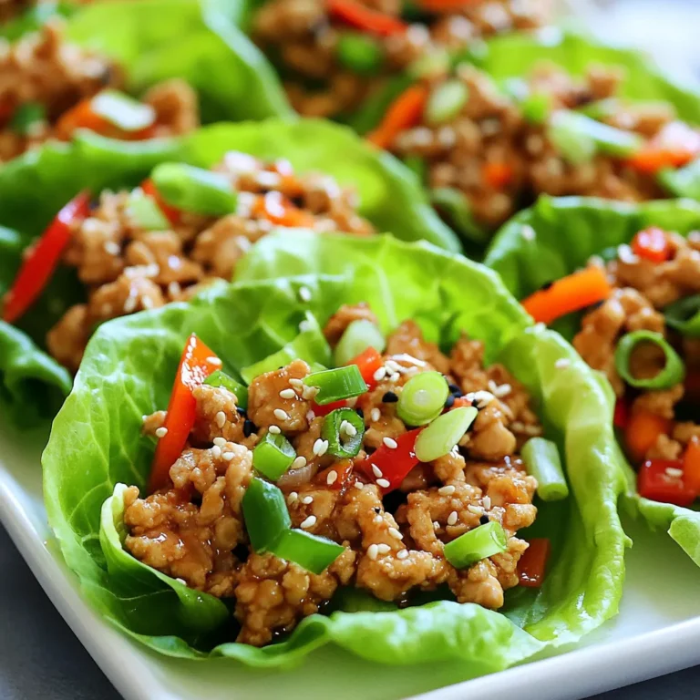 To make savory sesame chicken lettuce wraps, gather these ingredients: - 1 pound ground chicken - 2 tablespoons sesame oil - 3 cloves garlic, minced - 1 tablespoon fresh ginger, minced - 1 red bell pepper, diced - 1 carrot, shredded - 1 cup water chestnuts, diced - 3 tablespoons soy sauce (or tamari for gluten-free) - 2 tablespoons hoisin sauce - 1 tablespoon rice vinegar - 1 teaspoon sriracha (optional for heat) - 1 head of butter or iceberg lettuce, leaves separated - 2 green onions, sliced - Sesame seeds for garnish You can easily change some ingredients to fit dietary needs. Here are some ideas: - Use ground turkey or tofu instead of ground chicken for a lighter dish. - For a gluten-free option, choose tamari instead of regular soy sauce. - If you want less heat, skip the sriracha or reduce the amount. - Swap out water chestnuts for diced cucumbers for a crunchy texture. - Use agave syrup instead of hoisin sauce for a sweeter taste. Fresh ingredients make a big difference in this dish. Here are tips to choose the best: - Look for bright red bell peppers with smooth skin. They should feel firm. - Choose carrots that are crisp and free of soft or dark spots. - Pick lettuce heads that are heavy and have crisp, green leaves. - For garlic and ginger, select firm bulbs with no signs of sprouting. - When picking green onions, choose ones with bright green tops and no wilting. Now you’re ready to gather the perfect ingredients for your wraps! {{ingredient_image_1}} Start by heating sesame oil in a large skillet over medium heat. Add minced garlic and ginger. Sauté for about one minute until fragrant. Next, add ground chicken. Break it apart with a spatula. Cook until it's no longer pink, which takes about five to seven minutes. Once the chicken cooks, stir in diced red bell pepper, shredded carrot, and diced water chestnuts. Sauté for another three to four minutes until the veggies become tender. This step adds crunch and color. In a small bowl, whisk together soy sauce, hoisin sauce, rice vinegar, and sriracha if you want some heat. Pour this sauce over the chicken mixture. Stir well to combine and cook for an additional two to three minutes. This sauce brings all the flavors together. While the chicken cooks, prepare your veggies. Dice the red bell pepper and shred the carrot. You can use a box grater for the carrot. Chop the water chestnuts finely for a nice crunch. Slice the green onions, keeping the white and green parts separate. The white part gives great flavor when cooked. The green part is perfect for garnishing. This prep work helps the dish come together quickly. Once your chicken mixture cools slightly, it’s time to assemble. Take a leaf of butter or iceberg lettuce. Spoon some of the chicken mixture into the center. Garnish with sliced green onions and a sprinkle of sesame seeds. Roll the lettuce around the filling. Tuck in the sides if you like. This creates a neat little package that’s fun to eat. Arrange the filled lettuce wraps on a platter. Serve with extra sesame seeds and chopped green onions for a beautiful presentation. Enjoy these tasty wraps fresh for a light and satisfying meal! To get the best taste, use fresh garlic and ginger. They add great depth. I like to sauté these first in sesame oil. This step wakes up the flavors. Make sure you cook the chicken until it's no longer pink. This keeps it safe and tasty. Add diced red bell pepper, shredded carrot, and water chestnuts for crunch. These veggies give the dish more texture and color. Finally, mix the sauce well. It combines soy sauce, hoisin, rice vinegar, and sriracha for a rich flavor. One mistake is not cooking the garlic and ginger long enough. They need to be fragrant but not burnt. Another mistake is overcooking the chicken. Once it turns white and crumbly, it’s done. Also, don’t skip the sesame seeds and green onions on top. They add both taste and a nice look. Lastly, avoid using too much sauce. It can make the wraps soggy, which isn’t fun to eat. Serve the wraps on a nice platter. This makes them look inviting. Place extra sesame seeds and chopped green onions on the side. You can add some chili sauce for those who like heat. For drinks, try serving iced tea or a light soda. It pairs well with the flavors. Enjoy these wraps fresh for the best taste. Pro Tips Use Fresh Ingredients: Always opt for fresh vegetables and herbs to enhance the flavor and texture of your wraps. Customize the Heat: Adjust the amount of sriracha to suit your taste preference, or omit it for a milder version. Chill the Filling: Allow the chicken mixture to cool before serving; it makes the wraps easier to handle and more refreshing. Experiment with Greens: Try using different types of lettuce or even cabbage leaves for a unique twist on the wrap. {{image_2}} You can easily swap out ground chicken for plant-based proteins. Try using crumbled tofu, tempeh, or even lentils. These options provide great texture and flavor. Just sauté them the same way you would cook the chicken. Add soy sauce and hoisin sauce to keep the dish flavorful. For more protein, mix in chopped mushrooms or diced eggplant. These ingredients will soak up the tasty sauce well. To make this recipe gluten-free, use tamari instead of regular soy sauce. Tamari has a similar taste and is perfect for those avoiding gluten. Check that your hoisin sauce is gluten-free, too, as some brands add wheat. Using fresh ingredients, like veggies and chicken, keeps the dish healthy and safe. Always read labels to ensure your sauces are gluten-free. You can customize the flavors to suit your taste. If you like heat, add more sriracha or a dash of chili flakes. For a sweeter touch, mix in a tablespoon of honey or maple syrup into the sauce. You can also add pineapple chunks for a fruity twist. Don’t be shy to experiment with other spices, too, like five-spice powder or lemon zest. These can elevate your wraps and make them unique to your palate. After enjoying your sesame chicken lettuce wraps, store leftovers properly. First, let the chicken mixture cool down. Then, place it in an airtight container. Keep the lettuce leaves separate. This will help them stay crisp. Store the chicken mixture in the fridge for up to three days. If you mix them, the lettuce will become soggy. To reheat, take the chicken mixture out of the fridge. Place it in a pan over medium heat. Stir often until it’s hot. You can also use the microwave. Heat in short bursts of 30 seconds, stirring in between. Make sure it’s heated all the way through. Avoid reheating the lettuce leaves. They taste best fresh. You can freeze the chicken mixture for later meals. Place it in a freezer-safe container. Make sure to leave some space for expansion. It can last up to three months in the freezer. When ready to use, thaw it in the fridge overnight. Then, reheat as mentioned earlier. Enjoy fresh lettuce with it when serving. Yes, you can use different proteins. Ground turkey, beef, or pork work well. You can also use tofu for a vegetarian option. Each protein gives a unique taste and texture, making the dish fun to explore. Just cook them the same way as the chicken. This keeps the recipe simple and delicious. To add heat, use more sriracha. You can also add diced jalapeños or red pepper flakes. If you want it really spicy, try a hot chili sauce. Mix the spice into the sauce for even heat. Adjust it to your taste. This way, you control the heat level and make it just right for you. Some great side dishes include jasmine rice or steamed vegetables. You can also serve a light soup, like hot and sour soup. A fresh salad with a zesty dressing pairs well. Fruit, like pineapple or mango, adds a sweet touch. These sides balance the wraps and make your meal complete and satisfying. This blog post covered all you need to make tasty lettuce wraps. We looked at key ingredients and fresh produce tips. I shared step-by-step instructions to cook and assemble the wraps. We discussed ways to enhance flavors and avoid mistakes. You can also try various dietary options and store leftovers easily. In the end, lettuce wraps are fun and versatile. Enjoy creating your own unique versions!