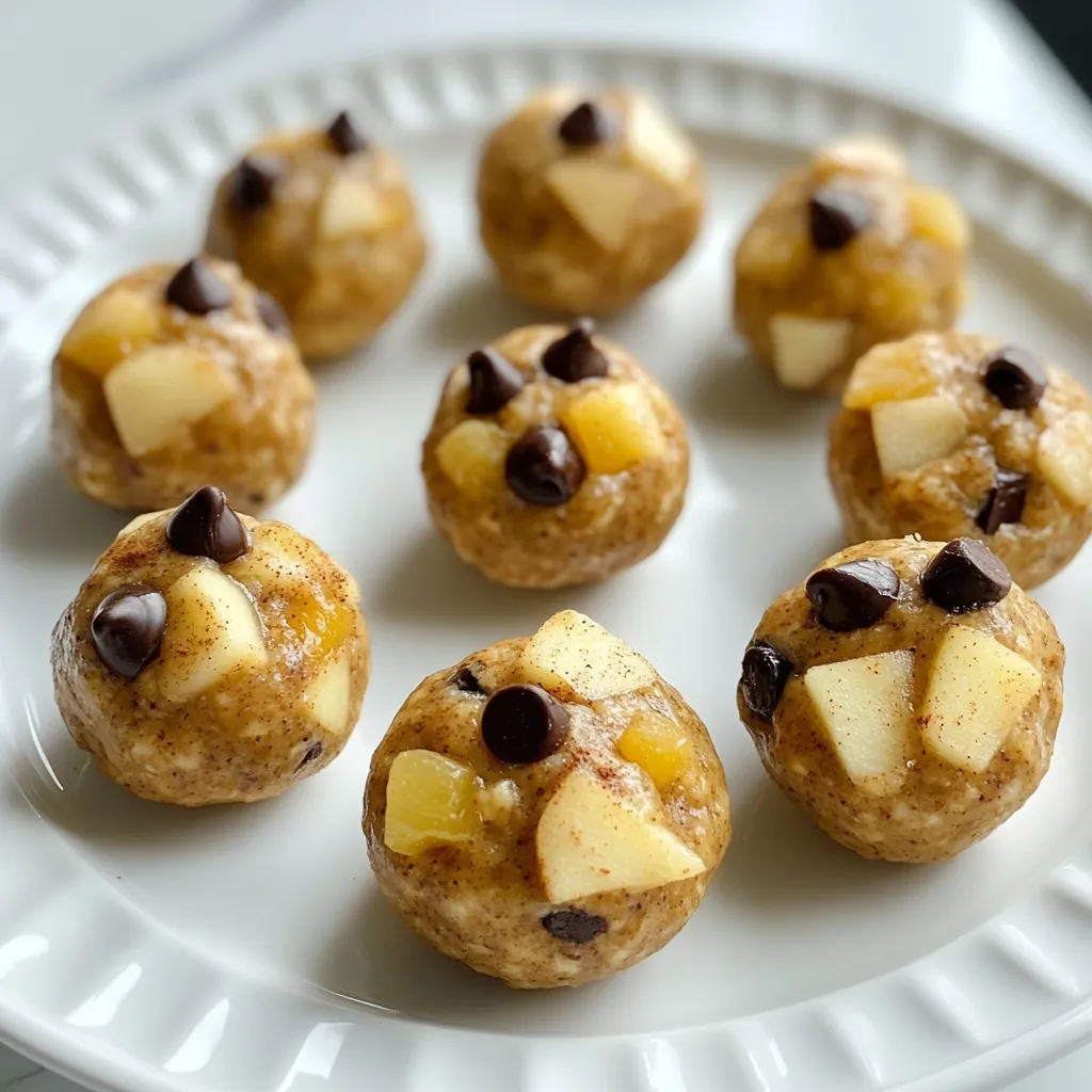 To make Cinnamon Apple Energy Bites, you need some key ingredients. Here’s what I use: - 1 cup rolled oats - 1/2 cup almond butter (or peanut butter) - 1/2 cup finely chopped dried apples - 1/4 cup honey (or maple syrup) - 1 teaspoon cinnamon - 1/4 teaspoon nutmeg - 1/4 cup ground flaxseed - A pinch of salt These ingredients work together to create a tasty and healthy snack. The oats give a chewy texture, while the dried apples add a sweet touch. You can add a little extra fun with these optional ingredients: - 1/4 cup mini chocolate chips Including chocolate chips makes the bites even more delightful! They add a hint of sweetness and a fun surprise in each bite. Measuring your ingredients correctly is key. Here are some tips: - Use dry measuring cups for oats and ground flaxseed. Fill the cup and level it off. - For sticky items like almond butter and honey, use a liquid measuring cup. This helps you pour it out easily. - When you chop dried apples, try to make them small. This ensures a good mix in each bite. Using these tips will help you create perfect energy bites every time. Enjoy your cooking! {{ingredient_image_1}} First, gather your ingredients. You need rolled oats, almond butter, dried apples, honey, and spices. In a large bowl, mix the rolled oats, ground flaxseed, cinnamon, nutmeg, and a pinch of salt. Stir everything well until it is even. This step makes sure the spices spread throughout the mix. Next, add the almond butter and honey to the dry mix. Use a sturdy spoon or spatula to combine them. The mix will be a bit sticky, but that is perfect. Then, fold in the chopped dried apples and mini chocolate chips if you want. Make sure they are spread out well in the mixture. When mixing, use a gentle hand. You want to combine the ingredients without breaking up the apples too much. If the mix feels too dry, add a little more almond butter. If it feels too wet, sprinkle in a bit more oats. The goal is a sticky but moldable mixture. Use your hands to ensure everything is well mixed. This also helps you feel the texture. You want it to hold together when you roll it into balls. Now it is time to roll the mixture. Take about a tablespoon of the mix and roll it into a small ball. Repeat this until you finish the mixture. Place each ball on a baking sheet lined with parchment paper. Once all the bites are rolled, put them in the fridge. Chill them for at least 30 minutes. This step firms them up, making them easier to eat. After chilling, store your energy bites in an airtight container in the fridge. Enjoy them throughout the week as a tasty snack! You can easily change ingredients in this recipe. If you have nut allergies, try sunflower seed butter instead of almond or peanut butter. For a vegan option, swap honey for maple syrup. If you cannot find dried apples, use raisins or another dried fruit you like. Each swap keeps the bites tasty and healthy. These energy bites fit many events. For a snack at home, serve them on a plate with a sprinkle of cinnamon. If you have guests, package them in small jars tied with ribbon. They make great gifts too! At a picnic, bring these bites instead of cake. They are easy to share and fun to eat. Want to boost flavor? Add a dash of vanilla or a bit of cocoa powder. For more nutrition, mix in chia seeds or hemp seeds. You can also use different spices like ginger or cardamom for a unique twist. These changes keep the bites exciting and full of good stuff! Pro Tips Use Fresh Ingredients: Opt for fresh dried apples to enhance the flavor and texture of your energy bites. Customize Your Mix-ins: Feel free to add nuts, seeds, or other dried fruits to personalize your energy bites further. Chill for Best Texture: Allow the energy bites to chill for a longer time for a firmer texture that holds up better. Perfect Portioning: Use a cookie scoop for evenly sized energy bites, ensuring consistent taste and texture in each bite. {{image_2}} To make these bites gluten-free, I swap rolled oats for certified gluten-free oats. This small change keeps the taste and texture. Always check labels to ensure no gluten sneaks in. The rest of the ingredients are naturally gluten-free, so you’re good to go! For a vegan version, use maple syrup instead of honey. Almond butter and dried apples are already vegan, so you won’t miss a beat. If you want extra protein, add a scoop of plant-based protein powder. This keeps them delicious and plant-based! Feel free to mix up the flavors! You can use dried cranberries or raisins instead of dried apples. Try almond extract for a nutty twist. You can also add a bit of cocoa powder for a chocolate version. The options are endless, so get creative! To keep your Cinnamon Apple Energy Bites fresh, store them in an airtight container. This helps prevent moisture from ruining their texture. I like to place a piece of parchment paper between layers if I stack them. This way, they do not stick together. These bites last about one week in the fridge. If you want to keep them longer, freezing works well. Just place them in a freezer-safe bag. They can last up to three months in the freezer. When you are ready to eat, let them thaw in the fridge overnight. To maintain flavor and texture, avoid leaving bites out at room temperature for too long. Instead, only take out what you plan to eat. If you notice any moisture, dry the container with a paper towel before storing. This simple step can keep your bites tasting great! Yes, you can make these energy bites ahead of time. I suggest preparing them a few days in advance. Just roll the bites and store them in an airtight container. Keep them in the fridge for up to one week. You will have a tasty snack ready when you need it! Cinnamon Apple Energy Bites are packed with nutrition. Each bite contains healthy fats, fiber, and protein. Here’s a quick look at the key nutrients: - Calories: About 70 calories per bite - Protein: 2 grams - Fat: 3 grams - Carbohydrates: 10 grams - Fiber: 1.5 grams - Sugar: 3 grams (from honey and apples) These bites can fuel your day and satisfy your sweet tooth without guilt. You can easily modify this recipe for different diets. Here are some ideas: - Nut-Free: Use sunflower seed butter instead of almond or peanut butter. - Vegan: Replace honey with maple syrup for a plant-based option. - Gluten-Free: Make sure to use certified gluten-free oats. Feel free to adjust the mix-ins too! You can swap dried apples for raisins or add seeds for crunch. Cinnamon Apple Energy Bites are tasty and easy to make. We covered the key ingredients, cooking steps, and how to get the best texture. Remember to customize the recipe to fit your needs. Use substitutions for allergies, try different flavors, and store them properly for freshness. These bites are great for snacks or meals on the go. I hope you’re excited to try this simple yet delicious recipe! Your energy boost awaits.