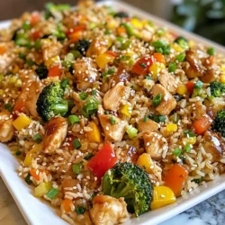 To make teriyaki chicken fried rice, gather these ingredients: - 2 cups cooked jasmine rice (preferably chilled) - 1 pound boneless, skinless chicken thighs, cut into bite-sized pieces - 1 cup broccoli florets - 1 cup bell peppers (any color), diced - 1 medium carrot, diced - 2 green onions, chopped - 3 cloves garlic, minced - 2 tablespoons fresh ginger, minced - 4 tablespoons teriyaki sauce - 1 tablespoon soy sauce - 1 tablespoon sesame oil - 2 tablespoons vegetable oil - Salt and pepper to taste - Optional: sesame seeds for garnish You can swap ingredients based on what you have. For chicken, use boneless chicken breast. For a vegetarian option, try tofu or tempeh. You can use frozen mixed vegetables instead of fresh ones. If you lack teriyaki sauce, mix soy sauce with honey for a quick substitute. Chilled rice works best for fried rice. Freshly cooked rice is too soft and sticky. It clumps together and won't fry well. Chilled rice, on the other hand, is firmer. This helps each grain separate when frying. It gives you that perfect, crispy texture in your dish. Make sure to cool your rice before frying for the best results. {{ingredient_image_1}} To make teriyaki chicken fried rice, start with the chicken. Use boneless, skinless chicken thighs for the best flavor. Cut the chicken into small pieces. Heat 1 tablespoon of vegetable oil in a large skillet or wok over medium-high heat. Add the chicken pieces to the skillet. Season with salt and pepper. Cook for 5 to 7 minutes until the chicken is golden brown and cooked through. Once done, remove the chicken from the skillet and set it aside. This step adds a nice, savory flavor to your dish. Next, it's time for the vegetables. In the same skillet, add 1 more tablespoon of vegetable oil. Then, add minced garlic and ginger. Sauté these for about 30 seconds until fragrant. Now, add the broccoli florets, bell peppers, and diced carrots. Stir and cook for 3 to 4 minutes. You want them to be tender but still crisp. This mix adds color and nutrition to your fried rice. Now we fry the rice. Push the cooked vegetables to one side of the skillet. Pour in 2 cups of chilled jasmine rice. Let it sit undisturbed for about 1 minute. This helps the rice get slightly crispy. Then, stir the rice with the vegetables. Next, add the cooked chicken back into the skillet. Pour in 4 tablespoons of teriyaki sauce and 1 tablespoon of soy sauce. Stir everything together. Heat for an additional 2 to 3 minutes until well mixed. This will coat the rice in that delicious sauce. Finally, drizzle 1 tablespoon of sesame oil over the mixture and give it a good stir. Serve your teriyaki chicken fried rice hot, and enjoy! For the best teriyaki chicken fried rice, use boneless, skinless chicken thighs. They stay juicy and cook fast. Cut the chicken into small pieces. This helps them cook evenly. Season the chicken with salt and pepper before cooking. Use a hot skillet or wok for a nice sear. Cook the chicken for about 5-7 minutes. The chicken should be golden brown and fully cooked. To get crispy rice, always use chilled jasmine rice. Fresh rice can clump together and become mushy. Spread the rice out on a tray and chill it for at least an hour. When you fry the rice, leave it alone for a minute. This gives it time to get crispy. Stir it gently to mix with the veggies. Avoid over-stirring; you want some crispy bits. Add more flavor with simple tricks. Use fresh garlic and ginger for a strong taste. You can also sprinkle sesame seeds on top for a nice crunch. If you like heat, add a bit of chili sauce. For a touch of sweetness, stir in some extra teriyaki sauce before serving. This makes your fried rice even more delicious! Pro Tips Use Chilled Rice: Using chilled jasmine rice helps to prevent the rice from becoming mushy when frying, allowing for a better texture in your fried rice. Customize Your Veggies: Feel free to substitute or add your favorite vegetables like snap peas or corn to enhance the flavor and nutrition of your fried rice. Control the Heat: Adjust the heat level while cooking to avoid burning the garlic and ginger, which can result in a bitter taste. Garnish for Flavor: Top your dish with sesame seeds and more green onions just before serving for an extra pop of flavor and visual appeal. {{image_2}} You can make teriyaki chicken fried rice vegetarian or vegan. Replace the chicken with tofu or tempeh. Both options soak up flavors well. Use firm tofu for a great texture. Simply press and cube it before cooking. For a vegan sauce, choose a teriyaki sauce without honey. This keeps it plant-based and tasty. Feel free to switch up sauces and seasonings. Try sweet chili sauce for a spicy twist. Hoisin sauce also works well if you want a sweeter taste. Add some sriracha for heat. You can even mix soy sauce with a splash of rice vinegar for a tangy flavor. Experiment with these options to find your favorite mix. You can customize this dish with many vegetables. Use snap peas, corn, or mushrooms for extra color and flavor. Zucchini or spinach can add more nutrients. Just make sure to chop them small for quick cooking. Mix and match based on what you have at home. This way, every time you make it, it feels fresh and new! After making teriyaki chicken fried rice, let it cool down. Place it in an airtight container. This will keep it fresh. Store it in the fridge. It’s best to eat leftovers within three days. If you want to keep it longer, consider freezing instead. When you are ready to eat leftovers, you can reheat them easily. Use a microwave-safe dish. Heat on high for 1-2 minutes. Stir halfway through to help it heat evenly. If you prefer, you can reheat it in a skillet. Add a splash of water to keep it moist. Heat over medium until hot. Freezing is a great option for teriyaki chicken fried rice. Place cooled rice in a freezer-safe bag or container. Remove as much air as possible. Label the date on the bag. It can last up to three months in the freezer. When you are ready to use it, thaw it in the fridge overnight. Then, reheat as mentioned above. Yes, you can use brown rice instead of jasmine rice. Brown rice has more fiber and nutrients. It adds a nutty flavor and a chewy texture. Just note that brown rice takes longer to cook. If you use it, make sure to adjust the cooking time. Making teriyaki chicken fried rice takes about 20 minutes. You will spend 10 minutes prepping and cooking the chicken and veggies. The other 10 minutes are for frying the rice and combining everything. It’s a quick meal that tastes great! You can use many proteins in this recipe. Chicken is great, but you can also try shrimp, tofu, or beef. Each option gives a different taste and texture. Just make sure to adjust the cooking time for each protein. In this blog post, we explored the key ingredients for teriyaki chicken fried rice. We covered substitutions, the need for chilled rice, and step-by-step cooking instructions. Tips for perfect chicken and crispy rice were shared, along with variations for vegetarian options and storage methods. To sum up, cooking this dish is fun and flexible. Use the tips to make it your own. Enjoy your delicious meals and share the joy of cooking with others!