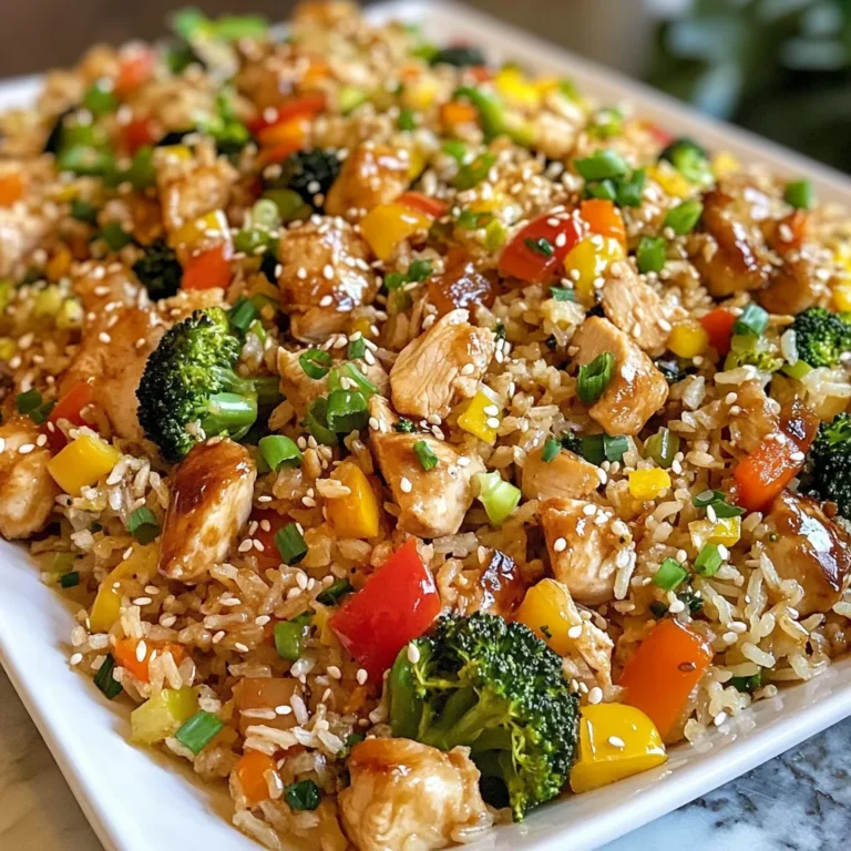 To make teriyaki chicken fried rice, gather these ingredients: - 2 cups cooked jasmine rice (preferably chilled) - 1 pound boneless, skinless chicken thighs, cut into bite-sized pieces - 1 cup broccoli florets - 1 cup bell peppers (any color), diced - 1 medium carrot, diced - 2 green onions, chopped - 3 cloves garlic, minced - 2 tablespoons fresh ginger, minced - 4 tablespoons teriyaki sauce - 1 tablespoon soy sauce - 1 tablespoon sesame oil - 2 tablespoons vegetable oil - Salt and pepper to taste - Optional: sesame seeds for garnish You can swap ingredients based on what you have. For chicken, use boneless chicken breast. For a vegetarian option, try tofu or tempeh. You can use frozen mixed vegetables instead of fresh ones. If you lack teriyaki sauce, mix soy sauce with honey for a quick substitute. Chilled rice works best for fried rice. Freshly cooked rice is too soft and sticky. It clumps together and won't fry well. Chilled rice, on the other hand, is firmer. This helps each grain separate when frying. It gives you that perfect, crispy texture in your dish. Make sure to cool your rice before frying for the best results. {{ingredient_image_1}} To make teriyaki chicken fried rice, start with the chicken. Use boneless, skinless chicken thighs for the best flavor. Cut the chicken into small pieces. Heat 1 tablespoon of vegetable oil in a large skillet or wok over medium-high heat. Add the chicken pieces to the skillet. Season with salt and pepper. Cook for 5 to 7 minutes until the chicken is golden brown and cooked through. Once done, remove the chicken from the skillet and set it aside. This step adds a nice, savory flavor to your dish. Next, it's time for the vegetables. In the same skillet, add 1 more tablespoon of vegetable oil. Then, add minced garlic and ginger. Sauté these for about 30 seconds until fragrant. Now, add the broccoli florets, bell peppers, and diced carrots. Stir and cook for 3 to 4 minutes. You want them to be tender but still crisp. This mix adds color and nutrition to your fried rice. Now we fry the rice. Push the cooked vegetables to one side of the skillet. Pour in 2 cups of chilled jasmine rice. Let it sit undisturbed for about 1 minute. This helps the rice get slightly crispy. Then, stir the rice with the vegetables. Next, add the cooked chicken back into the skillet. Pour in 4 tablespoons of teriyaki sauce and 1 tablespoon of soy sauce. Stir everything together. Heat for an additional 2 to 3 minutes until well mixed. This will coat the rice in that delicious sauce. Finally, drizzle 1 tablespoon of sesame oil over the mixture and give it a good stir. Serve your teriyaki chicken fried rice hot, and enjoy! For the best teriyaki chicken fried rice, use boneless, skinless chicken thighs. They stay juicy and cook fast. Cut the chicken into small pieces. This helps them cook evenly. Season the chicken with salt and pepper before cooking. Use a hot skillet or wok for a nice sear. Cook the chicken for about 5-7 minutes. The chicken should be golden brown and fully cooked. To get crispy rice, always use chilled jasmine rice. Fresh rice can clump together and become mushy. Spread the rice out on a tray and chill it for at least an hour. When you fry the rice, leave it alone for a minute. This gives it time to get crispy. Stir it gently to mix with the veggies. Avoid over-stirring; you want some crispy bits. Add more flavor with simple tricks. Use fresh garlic and ginger for a strong taste. You can also sprinkle sesame seeds on top for a nice crunch. If you like heat, add a bit of chili sauce. For a touch of sweetness, stir in some extra teriyaki sauce before serving. This makes your fried rice even more delicious! Pro Tips Use Chilled Rice: Using chilled jasmine rice helps to prevent the rice from becoming mushy when frying, allowing for a better texture in your fried rice. Customize Your Veggies: Feel free to substitute or add your favorite vegetables like snap peas or corn to enhance the flavor and nutrition of your fried rice. Control the Heat: Adjust the heat level while cooking to avoid burning the garlic and ginger, which can result in a bitter taste. Garnish for Flavor: Top your dish with sesame seeds and more green onions just before serving for an extra pop of flavor and visual appeal. {{image_2}} You can make teriyaki chicken fried rice vegetarian or vegan. Replace the chicken with tofu or tempeh. Both options soak up flavors well. Use firm tofu for a great texture. Simply press and cube it before cooking. For a vegan sauce, choose a teriyaki sauce without honey. This keeps it plant-based and tasty. Feel free to switch up sauces and seasonings. Try sweet chili sauce for a spicy twist. Hoisin sauce also works well if you want a sweeter taste. Add some sriracha for heat. You can even mix soy sauce with a splash of rice vinegar for a tangy flavor. Experiment with these options to find your favorite mix. You can customize this dish with many vegetables. Use snap peas, corn, or mushrooms for extra color and flavor. Zucchini or spinach can add more nutrients. Just make sure to chop them small for quick cooking. Mix and match based on what you have at home. This way, every time you make it, it feels fresh and new! After making teriyaki chicken fried rice, let it cool down. Place it in an airtight container. This will keep it fresh. Store it in the fridge. It’s best to eat leftovers within three days. If you want to keep it longer, consider freezing instead. When you are ready to eat leftovers, you can reheat them easily. Use a microwave-safe dish. Heat on high for 1-2 minutes. Stir halfway through to help it heat evenly. If you prefer, you can reheat it in a skillet. Add a splash of water to keep it moist. Heat over medium until hot. Freezing is a great option for teriyaki chicken fried rice. Place cooled rice in a freezer-safe bag or container. Remove as much air as possible. Label the date on the bag. It can last up to three months in the freezer. When you are ready to use it, thaw it in the fridge overnight. Then, reheat as mentioned above. Yes, you can use brown rice instead of jasmine rice. Brown rice has more fiber and nutrients. It adds a nutty flavor and a chewy texture. Just note that brown rice takes longer to cook. If you use it, make sure to adjust the cooking time. Making teriyaki chicken fried rice takes about 20 minutes. You will spend 10 minutes prepping and cooking the chicken and veggies. The other 10 minutes are for frying the rice and combining everything. It’s a quick meal that tastes great! You can use many proteins in this recipe. Chicken is great, but you can also try shrimp, tofu, or beef. Each option gives a different taste and texture. Just make sure to adjust the cooking time for each protein. In this blog post, we explored the key ingredients for teriyaki chicken fried rice. We covered substitutions, the need for chilled rice, and step-by-step cooking instructions. Tips for perfect chicken and crispy rice were shared, along with variations for vegetarian options and storage methods. To sum up, cooking this dish is fun and flexible. Use the tips to make it your own. Enjoy your delicious meals and share the joy of cooking with others!