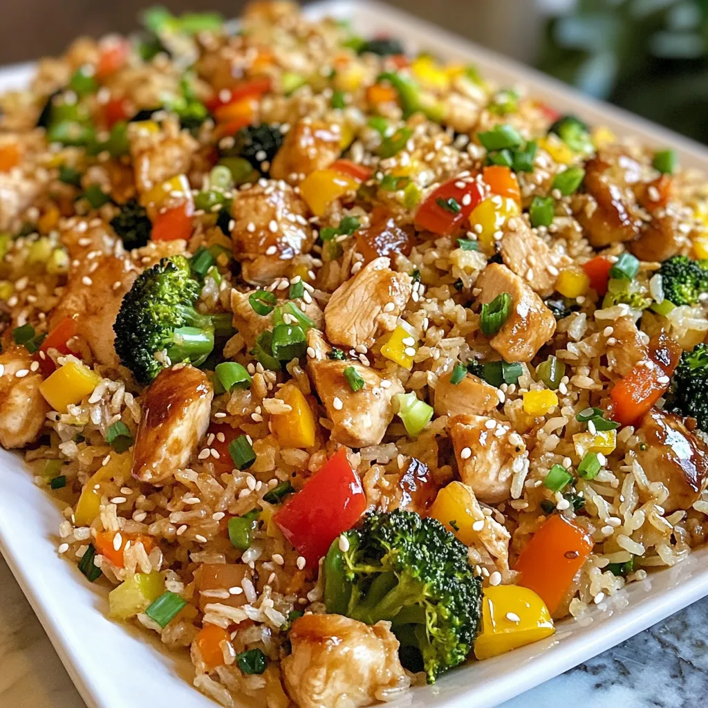 To make teriyaki chicken fried rice, gather these ingredients: - 2 cups cooked jasmine rice (preferably chilled) - 1 pound boneless, skinless chicken thighs, cut into bite-sized pieces - 1 cup broccoli florets - 1 cup bell peppers (any color), diced - 1 medium carrot, diced - 2 green onions, chopped - 3 cloves garlic, minced - 2 tablespoons fresh ginger, minced - 4 tablespoons teriyaki sauce - 1 tablespoon soy sauce - 1 tablespoon sesame oil - 2 tablespoons vegetable oil - Salt and pepper to taste - Optional: sesame seeds for garnish You can swap ingredients based on what you have. For chicken, use boneless chicken breast. For a vegetarian option, try tofu or tempeh. You can use frozen mixed vegetables instead of fresh ones. If you lack teriyaki sauce, mix soy sauce with honey for a quick substitute. Chilled rice works best for fried rice. Freshly cooked rice is too soft and sticky. It clumps together and won't fry well. Chilled rice, on the other hand, is firmer. This helps each grain separate when frying. It gives you that perfect, crispy texture in your dish. Make sure to cool your rice before frying for the best results. {{ingredient_image_1}} To make teriyaki chicken fried rice, start with the chicken. Use boneless, skinless chicken thighs for the best flavor. Cut the chicken into small pieces. Heat 1 tablespoon of vegetable oil in a large skillet or wok over medium-high heat. Add the chicken pieces to the skillet. Season with salt and pepper. Cook for 5 to 7 minutes until the chicken is golden brown and cooked through. Once done, remove the chicken from the skillet and set it aside. This step adds a nice, savory flavor to your dish. Next, it's time for the vegetables. In the same skillet, add 1 more tablespoon of vegetable oil. Then, add minced garlic and ginger. Sauté these for about 30 seconds until fragrant. Now, add the broccoli florets, bell peppers, and diced carrots. Stir and cook for 3 to 4 minutes. You want them to be tender but still crisp. This mix adds color and nutrition to your fried rice. Now we fry the rice. Push the cooked vegetables to one side of the skillet. Pour in 2 cups of chilled jasmine rice. Let it sit undisturbed for about 1 minute. This helps the rice get slightly crispy. Then, stir the rice with the vegetables. Next, add the cooked chicken back into the skillet. Pour in 4 tablespoons of teriyaki sauce and 1 tablespoon of soy sauce. Stir everything together. Heat for an additional 2 to 3 minutes until well mixed. This will coat the rice in that delicious sauce. Finally, drizzle 1 tablespoon of sesame oil over the mixture and give it a good stir. Serve your teriyaki chicken fried rice hot, and enjoy! For the best teriyaki chicken fried rice, use boneless, skinless chicken thighs. They stay juicy and cook fast. Cut the chicken into small pieces. This helps them cook evenly. Season the chicken with salt and pepper before cooking. Use a hot skillet or wok for a nice sear. Cook the chicken for about 5-7 minutes. The chicken should be golden brown and fully cooked. To get crispy rice, always use chilled jasmine rice. Fresh rice can clump together and become mushy. Spread the rice out on a tray and chill it for at least an hour. When you fry the rice, leave it alone for a minute. This gives it time to get crispy. Stir it gently to mix with the veggies. Avoid over-stirring; you want some crispy bits. Add more flavor with simple tricks. Use fresh garlic and ginger for a strong taste. You can also sprinkle sesame seeds on top for a nice crunch. If you like heat, add a bit of chili sauce. For a touch of sweetness, stir in some extra teriyaki sauce before serving. This makes your fried rice even more delicious! Pro Tips Use Chilled Rice: Using chilled jasmine rice helps to prevent the rice from becoming mushy when frying, allowing for a better texture in your fried rice. Customize Your Veggies: Feel free to substitute or add your favorite vegetables like snap peas or corn to enhance the flavor and nutrition of your fried rice. Control the Heat: Adjust the heat level while cooking to avoid burning the garlic and ginger, which can result in a bitter taste. Garnish for Flavor: Top your dish with sesame seeds and more green onions just before serving for an extra pop of flavor and visual appeal. {{image_2}} You can make teriyaki chicken fried rice vegetarian or vegan. Replace the chicken with tofu or tempeh. Both options soak up flavors well. Use firm tofu for a great texture. Simply press and cube it before cooking. For a vegan sauce, choose a teriyaki sauce without honey. This keeps it plant-based and tasty. Feel free to switch up sauces and seasonings. Try sweet chili sauce for a spicy twist. Hoisin sauce also works well if you want a sweeter taste. Add some sriracha for heat. You can even mix soy sauce with a splash of rice vinegar for a tangy flavor. Experiment with these options to find your favorite mix. You can customize this dish with many vegetables. Use snap peas, corn, or mushrooms for extra color and flavor. Zucchini or spinach can add more nutrients. Just make sure to chop them small for quick cooking. Mix and match based on what you have at home. This way, every time you make it, it feels fresh and new! After making teriyaki chicken fried rice, let it cool down. Place it in an airtight container. This will keep it fresh. Store it in the fridge. It’s best to eat leftovers within three days. If you want to keep it longer, consider freezing instead. When you are ready to eat leftovers, you can reheat them easily. Use a microwave-safe dish. Heat on high for 1-2 minutes. Stir halfway through to help it heat evenly. If you prefer, you can reheat it in a skillet. Add a splash of water to keep it moist. Heat over medium until hot. Freezing is a great option for teriyaki chicken fried rice. Place cooled rice in a freezer-safe bag or container. Remove as much air as possible. Label the date on the bag. It can last up to three months in the freezer. When you are ready to use it, thaw it in the fridge overnight. Then, reheat as mentioned above. Yes, you can use brown rice instead of jasmine rice. Brown rice has more fiber and nutrients. It adds a nutty flavor and a chewy texture. Just note that brown rice takes longer to cook. If you use it, make sure to adjust the cooking time. Making teriyaki chicken fried rice takes about 20 minutes. You will spend 10 minutes prepping and cooking the chicken and veggies. The other 10 minutes are for frying the rice and combining everything. It’s a quick meal that tastes great! You can use many proteins in this recipe. Chicken is great, but you can also try shrimp, tofu, or beef. Each option gives a different taste and texture. Just make sure to adjust the cooking time for each protein. In this blog post, we explored the key ingredients for teriyaki chicken fried rice. We covered substitutions, the need for chilled rice, and step-by-step cooking instructions. Tips for perfect chicken and crispy rice were shared, along with variations for vegetarian options and storage methods. To sum up, cooking this dish is fun and flexible. Use the tips to make it your own. Enjoy your delicious meals and share the joy of cooking with others!