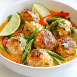 - 1 lb ground chicken - 1/4 cup breadcrumbs - 1/4 cup fresh cilantro, chopped - 1 tablespoon red curry paste - 1 tablespoon fish sauce - 1 teaspoon garlic powder - 1/2 teaspoon onion powder - Salt and pepper to taste - 1 can (14 oz) coconut milk - 2 tablespoons red curry paste - 1 tablespoon fish sauce - 1 tablespoon brown sugar - 1/2 cup chicken broth - 1 red bell pepper, sliced - 1 cup snap peas or green beans - Additional cilantro for garnish - Lime wedges for a zesty touch For the meatballs, you need ground chicken, breadcrumbs, and fresh cilantro. The red curry paste gives it a nice kick. Fish sauce adds depth, while garlic and onion powders give flavor. Don't forget salt and pepper to taste. For the sauce, coconut milk makes it creamy. More red curry paste gives it a bold flavor. Fish sauce and brown sugar balance the taste. Chicken broth keeps the sauce smooth. Sliced red bell pepper and snap peas add color and crunch. You can garnish the dish with more cilantro and lime wedges. This adds freshness and brightness to the meal. Enjoy the vibrant colors and flavors of your Thai Red Curry Chicken Meatballs! {{ingredient_image_1}} Start by gathering a large bowl. In this bowl, combine the ground chicken, breadcrumbs, and chopped cilantro. Next, add the red curry paste, fish sauce, garlic powder, onion powder, salt, and pepper. Mix everything together using your hands. Make sure all the ingredients blend well. You want the mixture to be smooth and easy to shape. Once your mixture is ready, it’s time to form the meatballs. Take small amounts of the mixture and roll them into balls about one inch wide. Place each meatball on a baking sheet lined with parchment paper. This will help them cook evenly. Preheat your oven to 400°F (200°C). Bake the meatballs for 15 to 20 minutes. They should be golden brown and fully cooked inside. While the meatballs bake, let’s make the sauce. Heat a large skillet over medium heat. Pour in the coconut milk and add more red curry paste. Then, stir in the fish sauce and brown sugar. Add the chicken broth next. Mix well and bring this to a gentle simmer. After the meatballs are done, it’s time to bring everything together. Carefully add the meatballs to the skillet with the curry sauce. Gently stir them to coat with the sauce. Heat for about 2 to 3 minutes. This will help the meatballs soak up the delicious flavors. Now, it’s time to serve! I recommend plating the meatballs over steamed jasmine rice or rice noodles. For a bright touch, add fresh cilantro and lime wedges on top. This makes the dish pop with color and flavor. Enjoy your tasty Thai Red Curry Chicken Meatballs! To get meatballs that are just right, follow these steps: - Mix Well: Combine all ingredients evenly. This helps meatballs hold together. - Size Matters: Make meatballs about one inch wide. This size cooks evenly. - Oven Temperature: Bake at 400°F (200°C) for 15-20 minutes. This gives them a nice brown color. - Check Doneness: Use a meat thermometer. The center should reach 165°F (74°C) for safety. Using fresh ingredients boosts flavor a lot. Here’s what to do: - Fresh Herbs: Add more cilantro for extra brightness. Fresh herbs make a big difference. - Veggies: Try bell peppers and snap peas. They add crunch and color. - Coconut Milk: Use full-fat coconut milk. It makes the sauce rich and creamy. - Lime Juice: A squeeze of lime brightens the dish. Add it right before serving for a fresh taste. Watch out for these common errors: - Overmixing: Don’t mix the meatball mixture too much. This can make them tough. - Skipping the Sauce: The sauce is key! Don’t skip it; it adds flavor and moisture. - Not Preheating: Always preheat your oven. This ensures even cooking. - Forgetting to Garnish: Garnish with cilantro and lime. It makes the dish look appealing and adds flavor. Pro Tips Use Fresh Ingredients: Fresh herbs and vegetables enhance the flavor of the meatballs and sauce, making your dish more vibrant and aromatic. Adjust Spice Level: If you prefer a milder curry, reduce the amount of red curry paste or add coconut milk to balance the heat. Meatball Texture: Make sure to not overmix the meatball mixture; this will help keep them tender and juicy after baking. Rest Before Serving: Allow the meatballs to rest in the sauce for a few minutes before serving to let the flavors meld together. {{image_2}} You can switch out ground chicken for other meats. Ground turkey works well and keeps it lean. You could also use beef or pork for a richer flavor. For a twist, try ground lamb. Each meat brings its own taste and texture to the dish. If you want a meat-free option, try plant-based proteins. Use lentils or chickpeas as a base. You can mash them and mix in breadcrumbs and spices. For an even simpler option, use store-bought veggie meatballs. Just make sure they are packed with flavor to match the sauce. Feel free to mix up the veggies in the sauce. You can add carrots, zucchini, or mushrooms. Each vegetable adds a unique taste and keeps the dish colorful. You can also use frozen vegetables for convenience. Just toss them in during the last few minutes of cooking. This keeps them fresh and bright. Store any leftover Thai red curry chicken meatballs in an airtight container. Keep them in the fridge for up to three days. If you want to keep them longer, freezing is a great option. To reheat, place the meatballs in a skillet over medium heat. Add a splash of coconut milk or chicken broth to keep them moist. Stir occasionally until heated through. You can also use the microwave. Heat them in a bowl for about one to two minutes, checking every 30 seconds. For freezing, place the cooked meatballs in a single layer on a baking sheet. Freeze them for about an hour until firm. Then, transfer them to a freezer bag. You can store them for up to three months. To thaw, move the meatballs to the fridge overnight. Reheat them as mentioned earlier for the best taste. Thai red curry is a rich, flavorful dish made with red curry paste. It features coconut milk, which adds creaminess and sweetness. The blend of spices gives it a unique taste. You can find red curry in many Thai meals. It often includes vegetables and proteins, making it hearty and satisfying. Yes, you can use store-bought meatballs for this recipe. They save time and can taste good. Look for chicken meatballs to keep the flavors consistent. Just ensure they are cooked fully before adding them to the curry sauce. This method cuts down on prep time and still delivers great taste. You can serve these meatballs over steamed jasmine rice or rice noodles. Both options soak up the curry sauce well. You can also pair them with a fresh salad or steamed vegetables for a balanced meal. For a special touch, add lime wedges, cilantro, or chopped peanuts on top. This recipe has a mild to medium spice level. The red curry paste adds flavor without overwhelming heat. If you like it spicier, you can add more curry paste or fresh chili peppers. Always taste as you go to find the heat that works for you. Yes, you can make this dish ahead of time. Prepare the meatballs and sauce, then store them separately. You can keep them in the fridge for up to three days. When ready to eat, reheat the meatballs in the sauce on the stove. This can enhance the flavors, making it even more delicious! We explored how to make Thai Red Curry Meatballs with easy steps and tips. You learned about the key ingredients, cooking methods, and storage options. I shared ways to enhance flavor and offered meatball variations. With these tips, you can enjoy a tasty dish that's fun to make. Try it out and impress your friends and family with this delicious meal!