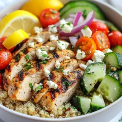 To make Greek Chicken Power Bowls, you need these key ingredients: - 2 cups cooked quinoa - 1 lb boneless, skinless chicken breast - 2 tablespoons olive oil - 2 teaspoons dried oregano - 1 teaspoon garlic powder - Salt and pepper to taste - 1 cup cherry tomatoes, halved - 1 cucumber, diced - 1/2 red onion, thinly sliced - 1 cup Kalamata olives, pitted and halved - 1 cup feta cheese, crumbled - 1/4 cup fresh parsley, chopped - Lemon wedges for serving These ingredients bring a mix of taste and nutrition. The quinoa acts as a solid base. The chicken adds protein, while the veggies provide crunch and freshness. You can make your bowls even better with these optional garnishes: - Avocado slices - Extra feta cheese - Hummus drizzled on top - Sliced bell peppers - Fresh mint or dill These toppings add more flavor and color. You can mix and match based on your mood or what you have at home. If you don’t have some ingredients, here are easy swaps: - Use brown rice or couscous instead of quinoa. - Swap chicken for grilled shrimp or tofu for a vegetarian option. - Replace Kalamata olives with green olives if you prefer. - Use goat cheese instead of feta for a tangy twist. These substitutes work well and keep the dish tasty. Feel free to get creative with what you have! {{ingredient_image_1}} Start by rinsing 1 cup of quinoa under cold water. This step removes any bitterness. Next, cook it according to the package instructions. Usually, that means using 2 cups of water for 1 cup of quinoa. Bring the water to a boil, then add the quinoa. Reduce the heat and cover. Cook until all the water is absorbed. This should take about 15 minutes. Once cooked, fluff the quinoa with a fork and let it cool. Grab a small bowl and mix together 2 tablespoons of olive oil, 2 teaspoons of dried oregano, 1 teaspoon of garlic powder, salt, and pepper. Coat 1 pound of boneless, skinless chicken breast in this marinade. Make sure it's well-covered. Let the chicken marinate for at least 20 minutes. This step adds great flavor to the chicken. Heat a grill pan or skillet over medium-high heat. Once hot, add the marinated chicken. Cook the chicken for about 6 to 7 minutes on each side. You want it to reach an internal temperature of 165°F. When it’s fully cooked, take it off the heat. Let it rest before slicing. This helps keep it juicy. While the chicken is resting, prepare your vegetables. Slice 1 cup of cherry tomatoes in half. Dice 1 cucumber. Thinly slice 1/2 red onion. Also, halve 1 cup of Kalamata olives. These fresh veggies add crunch and color to your bowl. In each bowl, start with a base of cooked quinoa. Then, top it with sliced chicken, cherry tomatoes, cucumber, red onion, and Kalamata olives. Finish it off with crumbled feta cheese. This combination looks bright and appetizing. For a final touch, sprinkle fresh parsley on top of the bowls. Serve with lemon wedges on the side. A squeeze of lemon adds a fresh zing. Enjoy your Greek Chicken Power Bowls packed with flavor! To get juicy chicken, start with good marination. The olive oil keeps the chicken moist. Oregano and garlic powder add flavor that makes every bite special. Cook the chicken on medium-high heat for 6-7 minutes per side. Use a meat thermometer to check that it reaches 165°F. Let the chicken rest for a few minutes before slicing. This helps keep the juices inside. Rinse the quinoa before cooking. This removes the bitter coating and makes it taste better. Use a 2:1 ratio of water to quinoa. Bring the water to a boil, then reduce the heat and cover. Cook for about 15 minutes, or until the water is gone. Fluff the quinoa with a fork after cooking. Let it cool a bit before using it in your bowls. Meal prep makes life easier. You can cook a big batch of quinoa and chicken ahead of time. Store the quinoa and chicken in separate containers. This keeps them fresh longer. Pre-chop your veggies and store them in the fridge. When you’re ready to eat, just assemble your bowl. Add a squeeze of lemon on top for a fresh taste. Enjoy your healthy meal without any fuss! Pro Tips Marinate Longer for Flavor: For an even richer flavor, marinate the chicken for at least 1 hour or overnight in the refrigerator. This allows the spices to penetrate the meat better. Use Fresh Herbs: Fresh parsley not only adds a burst of color but also enhances the flavor profile. Consider adding fresh dill or mint for an authentic Greek touch. Cook Quinoa Perfectly: To enhance quinoa's flavor, cook it in vegetable or chicken broth instead of water. This adds depth and richness to your power bowls. Customize Your Toppings: Feel free to add other toppings such as roasted red peppers, artichoke hearts, or avocado for extra texture and flavor. Personalize it to your taste! {{image_2}} If you want a meat-free option, try chickpeas or lentils. Both provide protein and fiber. You can use canned chickpeas for ease. Just rinse and heat them before adding to your bowl. Lentils cook fast and add a nice texture. To spice things up, try grilled tofu or tempeh. Marinate them in the same mix as the chicken. This gives them great flavor. Crumbled feta cheese is still a nice touch for these options. While quinoa is tasty, you can swap it for many grains. Try brown rice for a nutty flavor. It’s filling and rich in nutrients. You can also use farro or barley for something different. Both have a chewy texture that many love. For a lighter option, consider cauliflower rice. It’s low in carbs and adds bulk. Just make sure to season it well. Each grain brings its own charm to the bowl. Dressings can elevate your bowl. A classic Greek dressing is a great choice. Just mix olive oil, lemon juice, garlic, and dried oregano. Drizzle this over your bowl for extra zing. For a creamy touch, try tzatziki sauce. Made with yogurt, cucumber, and dill, it adds coolness. You can also use hummus as a base for a richer flavor. Don’t forget to mix in some hot sauce if you like heat. A little spice can wake up the flavors and make your meal even more exciting! After enjoying your Greek Chicken Power Bowls, store any leftovers in airtight containers. This keeps the flavors fresh and tasty. You can take the chicken, quinoa, and veggies and place them all in one container. If you prefer, you can keep the components separate. This helps maintain the texture of the veggies and chicken. Always remember to let the bowls cool to room temperature before sealing them. Store in the fridge for up to three days. To reheat your Greek Chicken Power Bowls, I recommend using the microwave. Place the bowl in the microwave and heat for 1-2 minutes. Stir halfway through to ensure even heating. If you want a crispy texture, you can also use a skillet. Heat the skillet over medium heat, add a splash of olive oil, and cook for about 5 minutes. Be sure to check that the chicken reaches at least 165°F when reheating. If you want to freeze your Greek Chicken Power Bowls, separate the chicken and quinoa from the fresh veggies and cheese. This keeps the veggies crisp and the cheese fresh. Place the chicken and quinoa in freezer-safe bags or containers. They will last for up to three months in the freezer. When ready to eat, thaw overnight in the fridge. Reheat as mentioned above for the best results. Yes, you can make Greek Chicken Power Bowls ahead. Prepare the quinoa and chicken in advance. You can store them in the fridge for up to three days. Just wait to add fresh veggies and cheese until you're ready to eat. This keeps them crisp and tasty. To cook quinoa, rinse it under cold water first. This removes bitterness. Use two cups of water for every cup of quinoa. Bring it to a boil, then reduce heat to low. Cover and cook for about 15 minutes. When it's done, fluff it with a fork. You can use other cheeses if you like. Feta is traditional, but crumbled goat cheese works well too. If you prefer a milder taste, try mozzarella or even shredded cheddar. Each cheese adds a unique flavor to your bowl. To keep your meal bowls fresh, store each part separately. Use airtight containers for chicken, quinoa, and veggies. Keep the dressing in a small container. This way, all flavors stay fresh and tasty. When you're ready to eat, just combine everything! Greek chicken power bowls offer a tasty, healthy meal packed with flavor. We covered key ingredients, how to prepare and cook everything, and tips for perfect results. You can even change the recipe with different proteins and grains. Remember, storing leftovers properly keeps them fresh. Enjoy experimenting with these bowls for a nutritious boost! Dive in and make this dish your own. Your taste buds will thank you.