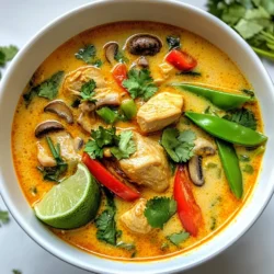 When making Thai Red Curry Chicken Soup, you need fresh and tasty ingredients. Here’s a list of what you will use: - 1 lb boneless, skinless chicken thighs, cut into bite-sized pieces - 1 can (14 oz) coconut milk - 2 tablespoons red curry paste - 3 cups chicken broth - 1 tablespoon fish sauce - 1 tablespoon lime juice - 1 tablespoon brown sugar - 1 cup mushrooms, sliced - 1 red bell pepper, sliced - 1 cup snow peas - 1 tablespoon fresh ginger, minced - 3 cloves garlic, minced - Fresh cilantro, for garnish - Lime wedges, for serving Each ingredient plays a key role in the flavor of the soup. The chicken provides protein, while coconut milk adds richness. Red curry paste gives it that spicy kick we love. Fish sauce brings in umami, and lime juice adds brightness. The vegetables not only add color but also texture. Mushrooms, red bell pepper, and snow peas are all great choices. They cook quickly and stay crisp in the soup. Fresh ginger and garlic are must-haves for depth of flavor. Finally, cilantro and lime wedges make the dish pop when served. Use high-quality ingredients for the best taste. Fresh herbs and good chicken make a big difference. Enjoy cooking! {{ingredient_image_1}} - Sautéing Aromatics Start by heating a splash of oil in a large pot over medium heat. Add minced garlic and ginger. Stir them for about 1-2 minutes. They should smell great. - Cooking Chicken Next, add bite-sized chicken pieces to the pot. Cook until the chicken is lightly browned on all sides. This takes about 5 minutes. The chicken should look golden and tasty. - Mixing in Curry Paste Now, stir in the red curry paste. Mix it well with the chicken. Cook for about 1 minute. This helps the chicken soak up that rich flavor. - Adding Liquids and Vegetables Pour in the chicken broth and coconut milk. Bring this mixture to a gentle simmer. Then, add fish sauce, lime juice, and brown sugar. Toss in sliced mushrooms, red bell pepper, and snow peas. Mix everything well. - Simmering for Flavor Allow the soup to simmer on low for about 10-15 minutes. This helps the chicken cook through and the veggies become tender. You want all the flavors to blend nicely. - Adjusting Seasoning After simmering, taste the soup. Adjust the seasoning if needed. You can add more fish sauce or lime juice for extra flavor. - Garnishing Serve the soup hot. Garnish with fresh cilantro on top. This adds a nice pop of color and flavor. - Accompaniments Offer lime wedges on the side. A squeeze of lime gives the soup a bright, fresh taste. Enjoy your meal! - Selecting Quality Ingredients Start with fresh chicken thighs. They bring great flavor and tenderness. Choose high-quality coconut milk for creaminess. Look for red curry paste with a rich color. Fresh vegetables add crunch and color. - Balancing Flavors Adjust the soup's taste by adding fish sauce. It adds umami and depth. Use lime juice to brighten the flavors. Brown sugar balances spice and acidity. Taste as you go to find your perfect mix. - Stir-frying Tips Heat your pot before adding oil. This helps the garlic and ginger sizzle. Stir them often to avoid burning. Add chicken once the aromatics are fragrant. Cook until lightly browned for extra flavor. - How to Avoid Overcooking Keep an eye on the chicken while it simmers. Cook it just until it’s no longer pink. Remove the pot from heat once the veggies are tender. This keeps everything juicy and delicious. - Pairing Options Serve the soup with jasmine rice for a hearty meal. A side of spring rolls makes a great snack. Fresh lime wedges add a zesty touch to each bowl. - Ideal Serving Temperature Serve the soup hot for the best experience. The warmth enhances the flavors. Enjoy it right after cooking for a comforting meal. Pro Tips Fresh Ingredients: Using fresh vegetables and herbs will enhance the flavors of your Thai Red Curry Chicken Soup. Always opt for the freshest produce you can find. Adjusting Spice Level: If you prefer a spicier soup, add more red curry paste or a pinch of red pepper flakes. Conversely, for a milder version, reduce the amount of curry paste. Cooking Chicken: Ensure not to overcrowd the pot when browning the chicken. This allows for even cooking and helps achieve a nice color. Serving Suggestions: Serve the soup with jasmine rice or rice noodles for a heartier meal. The addition of lime wedges gives a refreshing zest to each bowl. {{image_2}} You can change the protein in this soup easily. If you want a meatless option, try tofu. It absorbs flavors well and adds a nice texture. Shrimp is also a great choice. Just add it in the last few minutes of cooking to avoid overcooking. You can switch up the veggies, too. Carrots add a sweet crunch, while broccoli provides a nice color. Feel free to mix and match your favorites. This soup is all about what you love! Want a milder soup? Use less red curry paste. Start with one tablespoon, then taste. You can always add more if you want heat. For spice lovers, try adding sliced fresh chili peppers. They give a fiery kick and brighten the dish. If you follow a vegan diet, replace chicken with mushrooms or tofu. Use vegetable broth instead of chicken broth. This keeps the soup rich and tasty without any animal products. For gluten-free options, check your red curry paste and fish sauce. Some brands may contain gluten. Use a gluten-free soy sauce if needed. Enjoy a delicious soup that fits your diet! To store leftovers of your Thai red curry chicken soup, let it cool first. Place it in an airtight container. This keeps the flavors fresh. You can store it in the fridge for up to three days. Always check for any signs of spoilage before eating. If you want to keep the soup longer, freezing works well. Pour the cooled soup into freezer bags. Squeeze out excess air to prevent freezer burns. You can freeze it for up to three months. To reheat, thaw in the fridge overnight. Then, warm it on the stove over low heat. Stir often to ensure even warming. Add a splash of chicken broth if it seems too thick. Preparing this soup in advance saves time. You can cook it up to a day ahead. Store it in the fridge and reheat when ready to serve. For the best flavor, reheat slowly. This helps the spices bloom again. Serve it hot and garnish with fresh cilantro and lime wedges. This adds brightness to every bowl! How can I make it less spicy? To make this soup less spicy, use less red curry paste. You can start with one tablespoon instead of two. You can also add more coconut milk to tone down the heat. This sweet creaminess helps balance the spice. Can I use other meats? Yes, you can use other meats like shrimp or tofu. Chicken is great, but shrimp cooks faster. If you use tofu, press it first to remove extra water. This helps it absorb the flavors better. Is it possible to make this soup in advance? Yes, you can make this soup in advance. It tastes even better after sitting in the fridge for a day. Just store it in an airtight container. Reheat it on the stove before serving. What other dishes pair well with Thai Red Curry Chicken Soup? This soup pairs well with Thai jasmine rice or spring rolls. You can also serve it with a fresh Thai salad. These sides add nice textures and flavors to your meal. How can I incorporate more Thai flavors into my cooking? To add more Thai flavors, try using fresh herbs like basil or cilantro. Use lime juice for brightness. Fish sauce adds depth. You can also explore other Thai dishes, like Pad Thai or green curry. Can I substitute coconut milk? Yes, you can substitute coconut milk with almond milk or soy milk. However, these alternatives will change the flavor and creaminess. If you want a similar taste, look for coconut cream. What are the best types of curry paste to use? For this soup, use high-quality red curry paste. Some good brands include Thai Kitchen or Mae Ploy. These brands have a rich flavor and blend well with other ingredients. This blog covered the main ingredients for Thai red curry chicken soup and offered steps to make it. You learned about aromatics, cooking tips, and ways to serve. We discussed ingredient swaps and storage options too. In final thoughts, this soup is easy to adapt and packed with flavor. Enjoy the process of cooking and finding what works for you. Happy cooking!