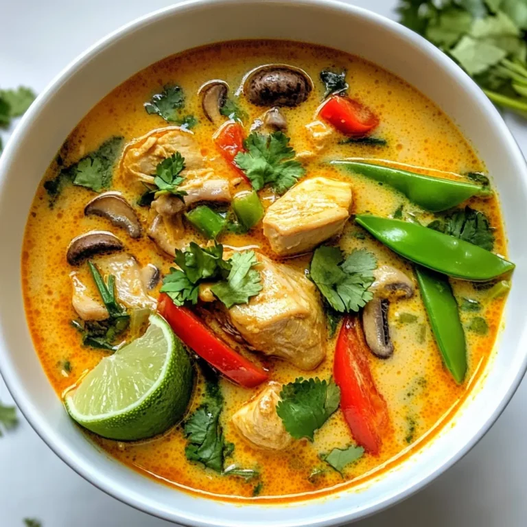 When making Thai Red Curry Chicken Soup, you need fresh and tasty ingredients. Here’s a list of what you will use: - 1 lb boneless, skinless chicken thighs, cut into bite-sized pieces - 1 can (14 oz) coconut milk - 2 tablespoons red curry paste - 3 cups chicken broth - 1 tablespoon fish sauce - 1 tablespoon lime juice - 1 tablespoon brown sugar - 1 cup mushrooms, sliced - 1 red bell pepper, sliced - 1 cup snow peas - 1 tablespoon fresh ginger, minced - 3 cloves garlic, minced - Fresh cilantro, for garnish - Lime wedges, for serving Each ingredient plays a key role in the flavor of the soup. The chicken provides protein, while coconut milk adds richness. Red curry paste gives it that spicy kick we love. Fish sauce brings in umami, and lime juice adds brightness. The vegetables not only add color but also texture. Mushrooms, red bell pepper, and snow peas are all great choices. They cook quickly and stay crisp in the soup. Fresh ginger and garlic are must-haves for depth of flavor. Finally, cilantro and lime wedges make the dish pop when served. Use high-quality ingredients for the best taste. Fresh herbs and good chicken make a big difference. Enjoy cooking! {{ingredient_image_1}} - Sautéing Aromatics Start by heating a splash of oil in a large pot over medium heat. Add minced garlic and ginger. Stir them for about 1-2 minutes. They should smell great. - Cooking Chicken Next, add bite-sized chicken pieces to the pot. Cook until the chicken is lightly browned on all sides. This takes about 5 minutes. The chicken should look golden and tasty. - Mixing in Curry Paste Now, stir in the red curry paste. Mix it well with the chicken. Cook for about 1 minute. This helps the chicken soak up that rich flavor. - Adding Liquids and Vegetables Pour in the chicken broth and coconut milk. Bring this mixture to a gentle simmer. Then, add fish sauce, lime juice, and brown sugar. Toss in sliced mushrooms, red bell pepper, and snow peas. Mix everything well. - Simmering for Flavor Allow the soup to simmer on low for about 10-15 minutes. This helps the chicken cook through and the veggies become tender. You want all the flavors to blend nicely. - Adjusting Seasoning After simmering, taste the soup. Adjust the seasoning if needed. You can add more fish sauce or lime juice for extra flavor. - Garnishing Serve the soup hot. Garnish with fresh cilantro on top. This adds a nice pop of color and flavor. - Accompaniments Offer lime wedges on the side. A squeeze of lime gives the soup a bright, fresh taste. Enjoy your meal! - Selecting Quality Ingredients Start with fresh chicken thighs. They bring great flavor and tenderness. Choose high-quality coconut milk for creaminess. Look for red curry paste with a rich color. Fresh vegetables add crunch and color. - Balancing Flavors Adjust the soup's taste by adding fish sauce. It adds umami and depth. Use lime juice to brighten the flavors. Brown sugar balances spice and acidity. Taste as you go to find your perfect mix. - Stir-frying Tips Heat your pot before adding oil. This helps the garlic and ginger sizzle. Stir them often to avoid burning. Add chicken once the aromatics are fragrant. Cook until lightly browned for extra flavor. - How to Avoid Overcooking Keep an eye on the chicken while it simmers. Cook it just until it’s no longer pink. Remove the pot from heat once the veggies are tender. This keeps everything juicy and delicious. - Pairing Options Serve the soup with jasmine rice for a hearty meal. A side of spring rolls makes a great snack. Fresh lime wedges add a zesty touch to each bowl. - Ideal Serving Temperature Serve the soup hot for the best experience. The warmth enhances the flavors. Enjoy it right after cooking for a comforting meal. Pro Tips Fresh Ingredients: Using fresh vegetables and herbs will enhance the flavors of your Thai Red Curry Chicken Soup. Always opt for the freshest produce you can find. Adjusting Spice Level: If you prefer a spicier soup, add more red curry paste or a pinch of red pepper flakes. Conversely, for a milder version, reduce the amount of curry paste. Cooking Chicken: Ensure not to overcrowd the pot when browning the chicken. This allows for even cooking and helps achieve a nice color. Serving Suggestions: Serve the soup with jasmine rice or rice noodles for a heartier meal. The addition of lime wedges gives a refreshing zest to each bowl. {{image_2}} You can change the protein in this soup easily. If you want a meatless option, try tofu. It absorbs flavors well and adds a nice texture. Shrimp is also a great choice. Just add it in the last few minutes of cooking to avoid overcooking. You can switch up the veggies, too. Carrots add a sweet crunch, while broccoli provides a nice color. Feel free to mix and match your favorites. This soup is all about what you love! Want a milder soup? Use less red curry paste. Start with one tablespoon, then taste. You can always add more if you want heat. For spice lovers, try adding sliced fresh chili peppers. They give a fiery kick and brighten the dish. If you follow a vegan diet, replace chicken with mushrooms or tofu. Use vegetable broth instead of chicken broth. This keeps the soup rich and tasty without any animal products. For gluten-free options, check your red curry paste and fish sauce. Some brands may contain gluten. Use a gluten-free soy sauce if needed. Enjoy a delicious soup that fits your diet! To store leftovers of your Thai red curry chicken soup, let it cool first. Place it in an airtight container. This keeps the flavors fresh. You can store it in the fridge for up to three days. Always check for any signs of spoilage before eating. If you want to keep the soup longer, freezing works well. Pour the cooled soup into freezer bags. Squeeze out excess air to prevent freezer burns. You can freeze it for up to three months. To reheat, thaw in the fridge overnight. Then, warm it on the stove over low heat. Stir often to ensure even warming. Add a splash of chicken broth if it seems too thick. Preparing this soup in advance saves time. You can cook it up to a day ahead. Store it in the fridge and reheat when ready to serve. For the best flavor, reheat slowly. This helps the spices bloom again. Serve it hot and garnish with fresh cilantro and lime wedges. This adds brightness to every bowl! How can I make it less spicy? To make this soup less spicy, use less red curry paste. You can start with one tablespoon instead of two. You can also add more coconut milk to tone down the heat. This sweet creaminess helps balance the spice. Can I use other meats? Yes, you can use other meats like shrimp or tofu. Chicken is great, but shrimp cooks faster. If you use tofu, press it first to remove extra water. This helps it absorb the flavors better. Is it possible to make this soup in advance? Yes, you can make this soup in advance. It tastes even better after sitting in the fridge for a day. Just store it in an airtight container. Reheat it on the stove before serving. What other dishes pair well with Thai Red Curry Chicken Soup? This soup pairs well with Thai jasmine rice or spring rolls. You can also serve it with a fresh Thai salad. These sides add nice textures and flavors to your meal. How can I incorporate more Thai flavors into my cooking? To add more Thai flavors, try using fresh herbs like basil or cilantro. Use lime juice for brightness. Fish sauce adds depth. You can also explore other Thai dishes, like Pad Thai or green curry. Can I substitute coconut milk? Yes, you can substitute coconut milk with almond milk or soy milk. However, these alternatives will change the flavor and creaminess. If you want a similar taste, look for coconut cream. What are the best types of curry paste to use? For this soup, use high-quality red curry paste. Some good brands include Thai Kitchen or Mae Ploy. These brands have a rich flavor and blend well with other ingredients. This blog covered the main ingredients for Thai red curry chicken soup and offered steps to make it. You learned about aromatics, cooking tips, and ways to serve. We discussed ingredient swaps and storage options too. In final thoughts, this soup is easy to adapt and packed with flavor. Enjoy the process of cooking and finding what works for you. Happy cooking!