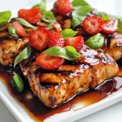 To make the Strawberry Balsamic Chicken, you will need: - 4 boneless, skinless chicken breasts - 1 cup fresh strawberries, hulled and sliced - 1/2 cup balsamic vinegar - 1/4 cup honey - 3 tablespoons olive oil - 2 cloves garlic, minced - Salt and pepper to taste - Fresh basil leaves for garnish Each ingredient plays a key role in this dish. If you need to make changes, here are some ideas: - Use chicken thighs instead of breasts for a richer flavor. - Swap honey with maple syrup for a different sweetness. - If balsamic vinegar is not available, try red wine vinegar mixed with a little sugar. - Use any oil you prefer, like avocado oil, instead of olive oil. I always recommend using fresh strawberries for this recipe. They give better flavor and texture. Fresh strawberries add a juicy and bright taste. If you have frozen strawberries, they will work too. Just remember to thaw them and drain excess water. This will help keep the dish balanced and not watery. {{ingredient_image_1}} To start, grab a small saucepan. Add 1/2 cup balsamic vinegar and 1/4 cup honey. Stir them together. Heat over medium until it simmers. Keep stirring gently. You want it to thicken a little, which takes about 5-7 minutes. Once it thickens, take it off the heat. Set it aside to cool while you prepare the chicken. Next, take 4 boneless, skinless chicken breasts. Season both sides with salt and pepper. This adds great flavor. Heat 3 tablespoons of olive oil in a large skillet over medium-high heat. Add 2 cloves of minced garlic. Sauté it for about 1 minute until it smells good. Now, add the chicken breasts to the skillet. Sear them for 5-6 minutes on each side. They should be golden brown and cooked through. Once the chicken is done, lower the heat. Pour the balsamic glaze over the chicken. Then, add 1 cup of sliced strawberries to the skillet. Gently toss them with the chicken and glaze. Cook for another 2-3 minutes until the strawberries warm up. After that, take it off the heat. Let the dish rest for a couple of minutes. Serve it on a platter with extra glaze and fresh basil leaves. This makes it look beautiful and taste amazing! To make the balsamic glaze just right, use high-quality balsamic vinegar. This gives the dish rich flavor. Mix the balsamic vinegar and honey in a small pot. Heat it over medium heat and stir often. Let it simmer for about 5-7 minutes. Watch for it to thicken slightly. This thickness helps the glaze stick to the chicken. Once ready, let it cool. This cooling step is key to a great finish. Start by seasoning your chicken well. Use salt and pepper on both sides. Heat olive oil in a large skillet over medium-high heat. Add minced garlic and let it cook for one minute. Place the chicken in the skillet. Sear for 5-6 minutes on each side. The chicken should look golden brown and be cooked through. To check, cut a piece to see if it is no longer pink inside. This ensures safety and taste. When serving, put the chicken on a nice platter. Drizzle extra balsamic glaze on top for a beautiful look. Add fresh basil leaves for a pop of color. This dish pairs well with a side of rice or a fresh salad. You can also serve it with roasted vegetables. The sweetness of the strawberries balances nicely with savory sides. Enjoy your meal with family and friends for a delightful experience. Pro Tips Use Fresh Ingredients: Always opt for fresh strawberries and high-quality balsamic vinegar to enhance the flavor of your dish. Let the Chicken Rest: Allow the chicken to rest for a few minutes after cooking to retain its juices and keep it tender. Adjust Sweetness: Feel free to adjust the amount of honey in the glaze based on your personal preference for sweetness. Experiment with Herbs: Try adding other herbs like thyme or rosemary for an additional layer of flavor in your dish. {{image_2}} You can mix in other fruits to change the flavor. Blueberries or raspberries work well. They add a nice tartness. Just add them like you do with the strawberries. You could also try peaches for a sweet twist. Each fruit brings a new taste to the dish. If you want to try a different protein, go for it! Chicken thighs can add more flavor. They stay juicy and tender. For a lighter option, use fish like salmon. The balsamic glaze pairs nicely with seafood. You can also use pork tenderloin, which will absorb the glaze well. Want a vegetarian version? Use portobello mushrooms instead of chicken. They have a meaty texture and soak up flavors. You can also use firm tofu. Just press it to remove extra water. Then, marinate it in the balsamic glaze before cooking. This gives it a rich taste. Serve it with the same strawberries for a fresh touch. After enjoying your Strawberry Balsamic Chicken, let any leftovers cool down. Place them in an airtight container. This keeps the chicken moist and fresh. Store it in the fridge for up to three days. If you want to eat it later, make sure to check for any signs of spoilage. You can freeze Strawberry Balsamic Chicken too. First, allow it to cool completely. Wrap each piece in plastic wrap. Then, place them in a freezer-safe bag or container. This helps prevent freezer burn. The chicken stays good for up to three months. Label the bags with dates to keep track. When you're ready to eat your leftovers, take them out of the fridge or freezer. If frozen, let the chicken thaw in the fridge overnight. For reheating, use a skillet over medium heat. Add a splash of water or broth to keep the chicken juicy. Heat for about 5-7 minutes or until warm. You can also use the microwave, but do it in short bursts to avoid drying it out. Enjoy your tasty meal again! Yes, you can use chicken thighs. They stay juicy and tender. The cooking time may change. Thighs usually take a bit longer to cook than breasts. Just ensure they reach 165°F to be safe. To check if the chicken is done, use a meat thermometer. Insert it into the thickest part of the chicken. It should read 165°F. If you don’t have a thermometer, cut into the chicken. The meat should be white, with no pink inside. If you don’t have balsamic vinegar, you can use red wine vinegar. Mix it with a bit of honey to add sweetness. Apple cider vinegar is another option but is more tart. Adjust the honey amount to fit your taste. Yes, this dish is great for meal prep. You can cook the chicken ahead of time and store it in the fridge. Just reheat it gently before serving. The flavors will still be delicious. Enjoy it over rice or salad for a quick meal. This blog post covered everything you need to know for a tasty chicken dish. We explored the right ingredients, their measurements, and options for fresh or frozen strawberries. I shared step-by-step instructions, tips for perfecting the glaze, and smart serving ideas. We even looked at fun variations and how to store leftovers. Feel confident to try this recipe! You can mix flavors and make it your own. Enjoy creating a meal that's both simple and delicious.