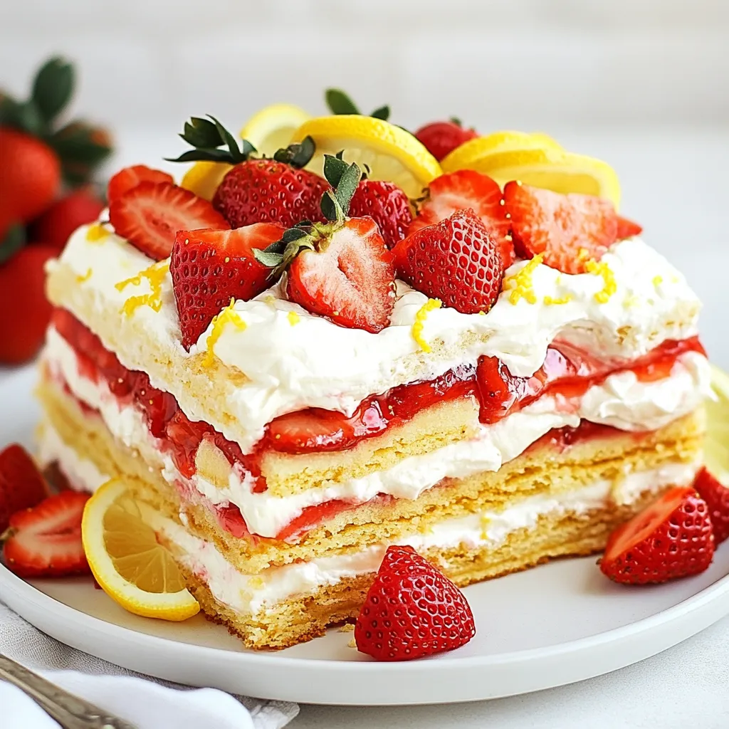 To make this Strawberry Shortcake Icebox Cake, you will need: - 2 cups fresh strawberries, hulled and sliced - 1 cup heavy whipping cream - 1/2 cup powdered sugar - 1 teaspoon vanilla extract - 1 package (14 oz) of store-bought ladyfinger cookies or sponge cake layers - 1 cup mascarpone cheese - Zest of 1 lemon - Additional strawberries for garnish If you need substitutions, here are some ideas: - You can use whipped topping instead of heavy whipping cream. - Cream cheese can replace mascarpone cheese. - Any soft cookies can replace ladyfingers. Consider sponge cake or pound cake. - For a lighter touch, use less powdered sugar or a sugar substitute. Fresh strawberries are key to this recipe. They bring natural sweetness and vibrant flavor. You’ll taste the difference when using fresh fruit instead of frozen. Fresh berries add a nice texture too. They give the cake a juicy layer that enhances each bite. Look for bright red, ripe strawberries for the best results. They not only taste good but also look great on your cake! {{ingredient_image_1}} To make this cake, start with the strawberries. In a medium bowl, mix the sliced strawberries with 2 tablespoons of powdered sugar. Toss them well, then let them sit for about 15-20 minutes. This helps the strawberries release their sweet juices. Next, grab another bowl for the whipped cream. Whip the heavy cream until soft peaks form. Slowly add the remaining powdered sugar and vanilla extract. Keep whipping until you see stiff peaks. This means it will hold its shape well in the cake. Now, gently fold in the mascarpone cheese and lemon zest into the whipped cream. Mix until it is smooth and creamy. Get an 8x8-inch rectangular dish. Lay down a layer of ladyfinger cookies or sponge cake. Overlap them slightly if needed. This will be the base of your cake. Spread half of the mascarpone cream mixture over the ladyfingers. Then, add half of the macerated strawberries on top. Make sure to include those tasty juices! Repeat with another layer of ladyfingers and the rest of the cream mixture. Top it off with the remaining strawberries and their juices. Cover the dish with plastic wrap. Refrigerate for at least 4 hours, but overnight is even better. This lets all the flavors mix and helps the cake set. Whipping cream is easy but requires some attention. Use a chilled bowl and beaters to help the cream whip faster. Start at a low speed to avoid splattering. Gradually increase the speed as the cream thickens. Watch closely for soft peaks first. This means the cream will hold a soft shape. For stiff peaks, keep whipping until the cream stands straight up when you lift the beaters. This step is key for the right texture in your cake. Layering is an art in this cake. Start with a solid base of ladyfingers. Make sure they cover the bottom well. Use a spatula to spread the cream evenly. This helps each bite be creamy and balanced. When adding the strawberries, be generous with the juices. They add flavor and moisture. For the second layer, repeat the process carefully. Align the ladyfingers so they sit nicely and don’t slide. Let the cake chill properly. This helps all layers meld together. When you cut into it, you want clean, beautiful layers showing. This makes the cake look as good as it tastes! For the best flavor, chill the cake for at least 4 hours. This time allows the layers to meld well. If you can, chill it overnight. The longer it sits, the better it tastes! This cake serves about 8 to 10 people. Each slice is rich and satisfying. You can cut smaller pieces for kids or if you serve with other desserts. To make your cake look stunning, serve it on individual plates. Drizzle some of the reserved strawberry juices over each slice. Add a few fresh strawberries on top for color and charm. Zest some lemon over it for a lovely touch! Pro Tips Choose Ripe Strawberries: Opt for strawberries that are bright red and slightly firm for the best flavor and texture. Whip to Stiff Peaks: Ensure your heavy cream is whipped to stiff peaks; this helps the cake hold its shape when sliced. Layering Technique: For even layers, gently press down each layer of ladyfingers before adding the cream and strawberries. Chill Overnight: Allowing the cake to chill overnight enhances the flavors and ensures a firmer texture. {{image_2}} You can switch out strawberries for other fruits. Try blueberries, raspberries, or peaches. Each fruit adds a unique taste. For example, blueberries give a sweet burst. Raspberries add a nice tartness. Peaches offer a soft and juicy bite. You can even mix fruits for more fun. Just remember to slice them small, so they layer well. To make this cake gluten-free, use gluten-free ladyfingers or sponge cake. Many stores sell these now. You can also make your own if you prefer. For a dairy-free option, try coconut cream instead of heavy whipping cream. Make sure the mascarpone cheese is a dairy-free version, too. These swaps keep the cake creamy without dairy. You can add extra flavors to make your cake special. A splash of orange or lemon juice brightens the taste. Zest from citrus fruits, like limes or oranges, can add a fresh zing. If you love chocolate, swirl in some chocolate ganache or dust cocoa powder on top. These flavors mix well with the fruits and cream. Experiment and find your favorite twist! To keep your Strawberry Shortcake Icebox Cake fresh, cover it tightly with plastic wrap. This helps keep moisture in and prevents it from absorbing other fridge smells. You can also use an airtight container if you have one. Just be gentle when placing it in the container to avoid squishing the layers. When stored properly, this cake lasts about 3 to 4 days in the fridge. The flavors get better as it sits, but the strawberries may start to break down. If you notice any changes in texture, consider finishing the cake first! You can freeze the cake if you can’t eat it all right away. Just cut it into individual slices, wrap each slice in plastic wrap, and then place them in a freezer bag. The cake can last up to a month in the freezer. To enjoy, let each slice thaw in the fridge overnight before serving. This way, you’ll have a refreshing treat ready for any day! Yes, you can make this cake a day ahead. It needs time to chill. This helps the flavors mix well. The longer it chills, the better it tastes. Just cover it tightly with plastic wrap. If you can't find mascarpone, you can use cream cheese. Mix it with a bit of heavy cream. This will give a similar texture. You may also try ricotta cheese for a lighter feel. Just make sure to blend it well for smoothness. To keep the cake from getting soggy, use fresh ladyfinger cookies. They soak up less moisture than sponge cake. Also, let the strawberries sit for only a short time. This way, you keep some of their juice. When layering, spread the cream quickly to avoid too much soaking. This blog post covered all you need to know for making a delicious strawberry cake. We went over the essential ingredients, substitutions, and why fresh strawberries matter. I shared step-by-step instructions, tips for perfect cream, and layering techniques. You learned about key chilling times, serving sizes, and how to make it look great. Finally, we explored variations like other fruits and gluten-free options. Now, you can store your cake correctly and enjoy it longer. With these tips, you'll create a stunning cake every time. Happy baking!