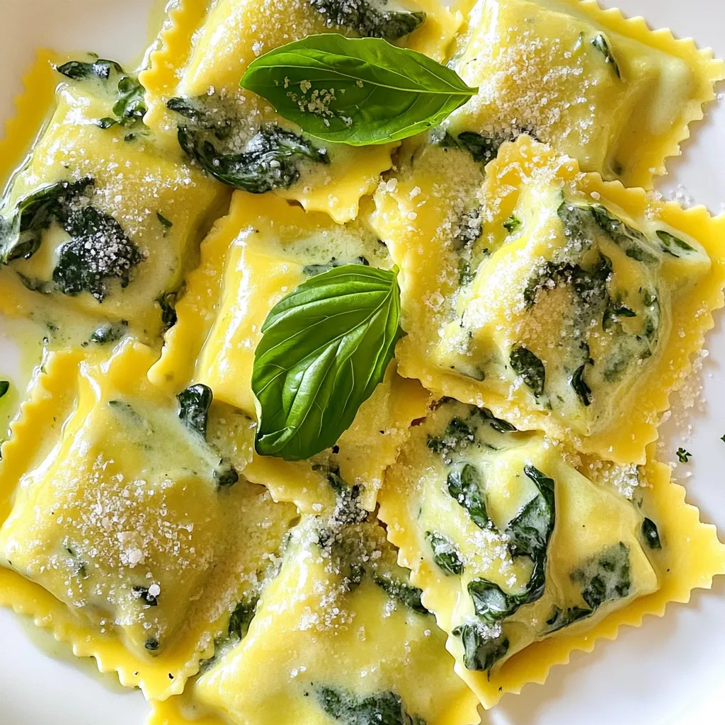 To make creamy spinach ricotta ravioli, you need the right ingredients. Each one plays an important role in the flavor and texture. Here’s what you will need: - 2 cups all-purpose flour - 3 large eggs - 1 tablespoon olive oil - 1/4 teaspoon salt - 1 cup ricotta cheese - 1 cup fresh spinach, chopped - 1/2 cup grated Parmesan cheese - 1/4 teaspoon nutmeg - 1/4 teaspoon black pepper - 1 cup heavy cream - 2 tablespoons butter - Fresh basil leaves for garnish Each ingredient adds its own unique flavor. Flour is the base for the dough. Eggs bring richness and help bind the dough. Olive oil adds depth. Salt enhances all flavors. Ricotta cheese offers creaminess, while spinach adds freshness. Parmesan gives a salty kick, and nutmeg adds warmth. Black pepper brings a bit of spice. Heavy cream makes the sauce rich, and butter adds smoothness. Finally, fresh basil gives a bright finish. When you gather these ingredients, you set the stage for a delicious meal. It’s all about balance and quality. Choose fresh spinach and good cheese for the best taste. Enjoy the process of making this dish from scratch! {{ingredient_image_1}} - First, make a mound with the flour on your clean surface. - Create a well in the center and crack three eggs into it. - Add one tablespoon of olive oil and a pinch of salt. - Using a fork, gently beat the eggs, then mix in the flour slowly. - When the dough gets too hard to mix with a fork, knead it with your hands. - Knead for about 5-7 minutes until the dough feels smooth and elastic. - Wrap the dough in plastic wrap and let it rest for 30 minutes. - In a bowl, mix one cup of ricotta cheese and one cup of chopped spinach. - Add half a cup of grated Parmesan cheese, a pinch of nutmeg, and black pepper. - Stir well until all the ingredients are combined. - Taste the filling and adjust the seasoning if needed. - After the dough rests, divide it into four equal parts. - Roll each part into thin sheets using a pasta maker or rolling pin. - Dust with flour to prevent sticking and aim for a thickness of about 1/16 inch. - Lay one sheet of pasta on a floured surface. - Use a teaspoon to place small mounds of filling about 2 inches apart. - Brush the edges of the pasta sheet with water to help seal it. - Carefully place another sheet on top and press down around each filling mound. - Cut into squares or your desired shapes with a pasta cutter or knife. - Seal the edges with your fingers or a fork. - Bring a large pot of salted water to a gentle boil. - Add the ravioli and cook for 4-5 minutes, or until they float. - Use a slotted spoon to transfer the cooked ravioli to a plate. - In a pan over medium heat, melt two tablespoons of butter. - Add one cup of heavy cream and bring it to a gentle simmer. - Let it thicken slightly for about 3-5 minutes. - Season with salt and pepper to taste. - Add the cooked ravioli to the cream sauce and gently toss to coat. - For a lovely presentation, serve the ravioli on a large plate. - Drizzle with extra cream sauce and garnish with fresh basil leaves. - Sprinkle some additional Parmesan cheese for a delicious finish. Resting the dough is key to great ravioli. It helps relax the gluten. When you knead the dough, do not overwork it. Overworking can make it tough. A smooth, elastic dough is what you want. After kneading, wrap it in plastic wrap. Let it rest for at least 30 minutes. This makes rolling it out much easier. You can add herbs or spices to the filling. Fresh basil or oregano adds great flavor. Feel free to experiment with different cheeses. Try adding feta or goat cheese for a twist. These changes can make the dish unique. Taste the filling before sealing. Adjust the seasoning if needed. To ensure the ravioli cook evenly, don’t crowd the pot. Boil a large pot of salted water. Add ravioli gently and let them float. This takes about 4-5 minutes. For serving, use a large plate. Drizzle extra cream sauce on top. Garnish with fresh basil leaves and more Parmesan for a beautiful touch. Pro Tips Use Fresh Ingredients: Fresh spinach and high-quality ricotta will elevate the flavor and texture of your ravioli. Chill the Filling: For easier handling, chill the filling for about 15 minutes before assembling the ravioli. Don't Overcrowd the Pot: Cook the ravioli in batches to prevent them from sticking together and ensure even cooking. Experiment with Sauces: While a cream sauce is delicious, try serving with a simple marinara or sage brown butter for variety. {{image_2}} To make a vegan version of creamy spinach ricotta ravioli, you can swap out cheese and cream. For the ricotta, use silken tofu blended with nutritional yeast and a bit of lemon juice. It gives a nice creamy texture. Instead of heavy cream, try using coconut cream or cashew cream. Both add richness and flavor without dairy. If you need a gluten-free option, you have a couple of choices. You can use gluten-free flour to make your pasta dough. Look for a blend that works well for pasta. Alternatively, you can buy pre-made gluten-free ravioli. Many stores offer these now, making it easy to enjoy this dish without the gluten. You can get creative with fillings. Try using mushrooms or roasted butternut squash for a twist. Both bring unique flavors and textures. For sauces, you don’t have to stick with cream. Marinara sauce adds a nice tang, while pesto brings a fresh herbal taste. Both options work great with the ravioli. To store uncooked ravioli, follow these tips: - Short-term storage: Keep ravioli on a floured tray. Cover them with a clean kitchen towel to avoid drying out. You can store them this way for up to 2 hours. - Freezing methods: For longer storage, freeze the ravioli on a tray for about 30 minutes. Once firm, transfer them to a freezer bag. This method prevents sticking. They can last in the freezer for up to 3 months. To keep cooked ravioli fresh, here are some best practices: - Best practices for refrigeration: Place the ravioli in an airtight container. Store them in the fridge for up to 3 days. Make sure they are cooled before sealing to avoid steam buildup. - Reheating tips: To reheat, put the ravioli in a pan over medium heat. Add a splash of water or cream to keep them moist. Heat gently for about 5 minutes until warmed through. How long can creamy spinach ricotta ravioli be stored? - Uncooked ravioli: Uncooked ravioli can be kept for 2 hours at room temperature or up to 3 months in the freezer. - Cooked ravioli: Cooked ravioli lasts about 3 days in the refrigerator. Always check for any signs of spoilage before eating. Making creamy spinach ricotta ravioli takes about 1 hour. You will spend around 30 minutes preparing the dough and filling. Cooking the ravioli takes an extra 4 to 5 minutes. You can enjoy your meal in no time! Yes, you can freeze homemade ravioli! To do this, lay the uncooked ravioli on a baking sheet. Make sure they do not touch each other. Freeze them for about 1 hour. Then, transfer the ravioli to a freezer bag. They will stay fresh for up to 3 months. To thaw, leave them in the fridge overnight or cook them from frozen. Just add a few extra minutes to your cooking time. A creamy sauce works best with spinach ricotta ravioli. You can use a simple butter and cream sauce. A light marinara or pesto also pairs well. If you want something richer, try a garlic cream sauce. Each option enhances the flavors of the ravioli. Yes, you can use store-bought pasta! It saves time and effort, especially if you’re busy. However, homemade pasta has a fresher taste and texture. Store-bought pasta may not hold the filling as well. If you choose store-bought, look for fresh pasta for the best results. In this blog post, we covered how to make creamy spinach ricotta ravioli from scratch. You learned about key ingredients like flour, ricotta, and fresh spinach. I shared step-by-step instructions for making the dough, filling, and sauce. You also gained tips for perfecting your ravioli and options for storage and flavor variations. Making fresh ravioli is fun and rewarding. With these methods, you can impress your family and friends with homemade pasta. Enjoy your cooking adventure!