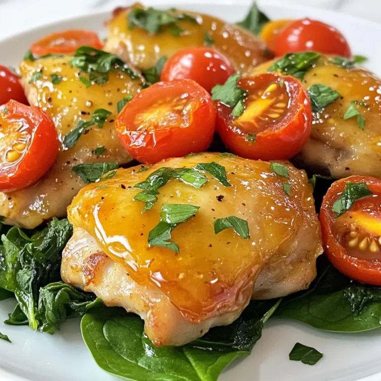 For this tasty honey mustard chicken skillet, you will need: - 4 boneless, skinless chicken thighs - 2 tablespoons olive oil - 1/4 cup honey - 1/4 cup Dijon mustard - 2 tablespoons apple cider vinegar - 2 garlic cloves, minced - 1 teaspoon dried thyme - Salt and pepper to taste - 1 cup cherry tomatoes, halved - 1 cup fresh spinach - Fresh parsley, chopped (for garnish) You can swap some ingredients if you need. Use chicken breasts instead of thighs for a leaner option. If you want a milder taste, you can use yellow mustard in place of Dijon mustard. Maple syrup can replace honey for a different flavor. If you don’t have apple cider vinegar, white vinegar works too. For a fresh twist, add basil instead of thyme. If you need to convert measurements, remember: - 1 tablespoon equals 3 teaspoons. - 1 cup equals 8 ounces. - 1/4 cup equals 4 tablespoons. Using these tips will help ensure you get the right amounts for your dish. {{ingredient_image_1}} First, gather your ingredients. You need: - 4 boneless, skinless chicken thighs - 2 tablespoons olive oil - 1/4 cup honey - 1/4 cup Dijon mustard - 2 tablespoons apple cider vinegar - 2 garlic cloves, minced - 1 teaspoon dried thyme - Salt and pepper to taste - 1 cup cherry tomatoes, halved - 1 cup fresh spinach - Fresh parsley, chopped (for garnish) In a small bowl, mix the honey, Dijon mustard, apple cider vinegar, minced garlic, dried thyme, salt, and pepper. Make sure everything blends well. Set this sauce aside for later. Heat a large skillet over medium-high heat. Pour in the olive oil. Once the oil is hot, season the chicken thighs with salt and pepper. Place them into the skillet. Cook for 5-6 minutes on each side. Look for a nice golden brown color, which means they are done. After browning the chicken, reduce the heat to medium-low. Pour the honey mustard sauce over the chicken. Stir it well to coat each piece evenly. Now, add the halved cherry tomatoes. Let everything simmer for 3-4 minutes. This will help the sauce thicken and the tomatoes soften. Finally, add the fresh spinach. Stir until it wilts, which takes about 1-2 minutes. Remove the skillet from the heat and garnish with fresh parsley. Enjoy your tasty meal! To get juicy chicken, start with thighs. They stay moist better than breasts. Season your chicken with salt and pepper before cooking. This helps build flavor. Cook the chicken over medium-high heat for a nice sear. Searing locks in juices. Flip the chicken only once. This avoids losing moisture. Use a meat thermometer to check doneness. Chicken should reach 165°F. If you want a thicker sauce, try a simple trick. After adding the honey mustard sauce, simmer it longer. Let it bubble gently. This helps reduce the sauce and makes it thick. You can also add a cornstarch slurry. Mix one tablespoon of cornstarch with two tablespoons of water. Stir this into the sauce and cook until it thickens. Honey Mustard Chicken Skillet pairs well with many sides. Try serving it with rice or quinoa. These grains soak up the sauce nicely. You can also serve it with a fresh salad. A mix of greens adds crunch and freshness. For a heartier meal, add roasted potatoes. They complement the flavors in the dish. Don't forget to sprinkle extra parsley on top for color! Pro Tips Chicken Thighs vs. Breasts: Chicken thighs are more flavorful and remain moist during cooking, making them ideal for this dish. Honey Substitution: If you're out of honey, maple syrup can be used as a delicious alternative for sweetness. Fresh Herbs: For an extra layer of flavor, consider adding fresh thyme or rosemary instead of dried herbs. Serving Suggestions: Serve this dish over rice or quinoa to soak up the delicious sauce and enhance the meal. {{image_2}} You can easily add veggies to your honey mustard chicken skillet. Cherry tomatoes and spinach work great, but you can try other vegetables too. Add bell peppers, zucchini, or broccoli for color and taste. Just chop them up and add them when you stir in the sauce. This way, you make your meal more nutritious and colorful. If you like some heat, make a spicy version. Add red pepper flakes or sriracha to the sauce. Start with a little and taste it as you go. You can also mix in jalapeños for a fresh kick. This gives your dish a bold flavor that brings excitement to every bite. For a gluten-free honey mustard chicken skillet, use gluten-free mustard. Most Dijon mustards are gluten-free, but check the label to be sure. You can also use a gluten-free soy sauce or coconut aminos in place of regular soy sauce if you want that umami flavor. This way, you can enjoy this dish without worrying about gluten. To store leftovers, let the chicken cool to room temperature. Place the chicken in an airtight container. Add any extra sauce and veggies. This keeps the flavors fresh. Store it in the fridge for up to three days. To reheat, take the chicken out of the fridge. Place it in a skillet over medium heat. Add a splash of water or broth to keep it moist. Cook for about 5-7 minutes until hot. You can also use the microwave. Heat it in short bursts, about 30 seconds each. For freezing, wrap each piece of chicken in plastic wrap. Then, place it in a freezer bag. Remove as much air as you can. This helps prevent freezer burn. It can last up to three months in the freezer. When ready to eat, thaw it in the fridge overnight. Reheat as mentioned above. Honey Mustard Chicken Skillet lasts about 3 to 4 days in the fridge. Store it in an airtight container. This keeps the chicken moist and the flavors fresh. Always let the dish cool before sealing it up. Yes, you can use chicken breasts instead of thighs. Chicken breasts cook faster, so check them sooner. Use the same cooking time, about 5-6 minutes per side. They will soak up the honey mustard flavor just as well. You can serve Honey Mustard Chicken Skillet with a few tasty sides. Here are some great options: - Rice or quinoa for a hearty base - Steamed broccoli or green beans for a healthy crunch - A light salad to balance the meal - Mashed potatoes for a comfort food twist Feel free to mix and match your favorite sides! This post covered how to make a delicious honey mustard chicken skillet. We went through the key ingredients, tips for cooking juicy chicken, and variations to try. You learned how to store leftovers and reheat them properly. In closing, this dish is easy and versatile. Experiment with your favorite flavors. Enjoy your cooking adventure!