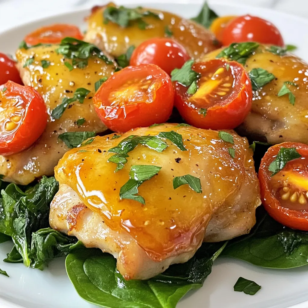 For this tasty honey mustard chicken skillet, you will need: - 4 boneless, skinless chicken thighs - 2 tablespoons olive oil - 1/4 cup honey - 1/4 cup Dijon mustard - 2 tablespoons apple cider vinegar - 2 garlic cloves, minced - 1 teaspoon dried thyme - Salt and pepper to taste - 1 cup cherry tomatoes, halved - 1 cup fresh spinach - Fresh parsley, chopped (for garnish) You can swap some ingredients if you need. Use chicken breasts instead of thighs for a leaner option. If you want a milder taste, you can use yellow mustard in place of Dijon mustard. Maple syrup can replace honey for a different flavor. If you don’t have apple cider vinegar, white vinegar works too. For a fresh twist, add basil instead of thyme. If you need to convert measurements, remember: - 1 tablespoon equals 3 teaspoons. - 1 cup equals 8 ounces. - 1/4 cup equals 4 tablespoons. Using these tips will help ensure you get the right amounts for your dish. {{ingredient_image_1}} First, gather your ingredients. You need: - 4 boneless, skinless chicken thighs - 2 tablespoons olive oil - 1/4 cup honey - 1/4 cup Dijon mustard - 2 tablespoons apple cider vinegar - 2 garlic cloves, minced - 1 teaspoon dried thyme - Salt and pepper to taste - 1 cup cherry tomatoes, halved - 1 cup fresh spinach - Fresh parsley, chopped (for garnish) In a small bowl, mix the honey, Dijon mustard, apple cider vinegar, minced garlic, dried thyme, salt, and pepper. Make sure everything blends well. Set this sauce aside for later. Heat a large skillet over medium-high heat. Pour in the olive oil. Once the oil is hot, season the chicken thighs with salt and pepper. Place them into the skillet. Cook for 5-6 minutes on each side. Look for a nice golden brown color, which means they are done. After browning the chicken, reduce the heat to medium-low. Pour the honey mustard sauce over the chicken. Stir it well to coat each piece evenly. Now, add the halved cherry tomatoes. Let everything simmer for 3-4 minutes. This will help the sauce thicken and the tomatoes soften. Finally, add the fresh spinach. Stir until it wilts, which takes about 1-2 minutes. Remove the skillet from the heat and garnish with fresh parsley. Enjoy your tasty meal! To get juicy chicken, start with thighs. They stay moist better than breasts. Season your chicken with salt and pepper before cooking. This helps build flavor. Cook the chicken over medium-high heat for a nice sear. Searing locks in juices. Flip the chicken only once. This avoids losing moisture. Use a meat thermometer to check doneness. Chicken should reach 165°F. If you want a thicker sauce, try a simple trick. After adding the honey mustard sauce, simmer it longer. Let it bubble gently. This helps reduce the sauce and makes it thick. You can also add a cornstarch slurry. Mix one tablespoon of cornstarch with two tablespoons of water. Stir this into the sauce and cook until it thickens. Honey Mustard Chicken Skillet pairs well with many sides. Try serving it with rice or quinoa. These grains soak up the sauce nicely. You can also serve it with a fresh salad. A mix of greens adds crunch and freshness. For a heartier meal, add roasted potatoes. They complement the flavors in the dish. Don't forget to sprinkle extra parsley on top for color! Pro Tips Chicken Thighs vs. Breasts: Chicken thighs are more flavorful and remain moist during cooking, making them ideal for this dish. Honey Substitution: If you're out of honey, maple syrup can be used as a delicious alternative for sweetness. Fresh Herbs: For an extra layer of flavor, consider adding fresh thyme or rosemary instead of dried herbs. Serving Suggestions: Serve this dish over rice or quinoa to soak up the delicious sauce and enhance the meal. {{image_2}} You can easily add veggies to your honey mustard chicken skillet. Cherry tomatoes and spinach work great, but you can try other vegetables too. Add bell peppers, zucchini, or broccoli for color and taste. Just chop them up and add them when you stir in the sauce. This way, you make your meal more nutritious and colorful. If you like some heat, make a spicy version. Add red pepper flakes or sriracha to the sauce. Start with a little and taste it as you go. You can also mix in jalapeños for a fresh kick. This gives your dish a bold flavor that brings excitement to every bite. For a gluten-free honey mustard chicken skillet, use gluten-free mustard. Most Dijon mustards are gluten-free, but check the label to be sure. You can also use a gluten-free soy sauce or coconut aminos in place of regular soy sauce if you want that umami flavor. This way, you can enjoy this dish without worrying about gluten. To store leftovers, let the chicken cool to room temperature. Place the chicken in an airtight container. Add any extra sauce and veggies. This keeps the flavors fresh. Store it in the fridge for up to three days. To reheat, take the chicken out of the fridge. Place it in a skillet over medium heat. Add a splash of water or broth to keep it moist. Cook for about 5-7 minutes until hot. You can also use the microwave. Heat it in short bursts, about 30 seconds each. For freezing, wrap each piece of chicken in plastic wrap. Then, place it in a freezer bag. Remove as much air as you can. This helps prevent freezer burn. It can last up to three months in the freezer. When ready to eat, thaw it in the fridge overnight. Reheat as mentioned above. Honey Mustard Chicken Skillet lasts about 3 to 4 days in the fridge. Store it in an airtight container. This keeps the chicken moist and the flavors fresh. Always let the dish cool before sealing it up. Yes, you can use chicken breasts instead of thighs. Chicken breasts cook faster, so check them sooner. Use the same cooking time, about 5-6 minutes per side. They will soak up the honey mustard flavor just as well. You can serve Honey Mustard Chicken Skillet with a few tasty sides. Here are some great options: - Rice or quinoa for a hearty base - Steamed broccoli or green beans for a healthy crunch - A light salad to balance the meal - Mashed potatoes for a comfort food twist Feel free to mix and match your favorite sides! This post covered how to make a delicious honey mustard chicken skillet. We went through the key ingredients, tips for cooking juicy chicken, and variations to try. You learned how to store leftovers and reheat them properly. In closing, this dish is easy and versatile. Experiment with your favorite flavors. Enjoy your cooking adventure!