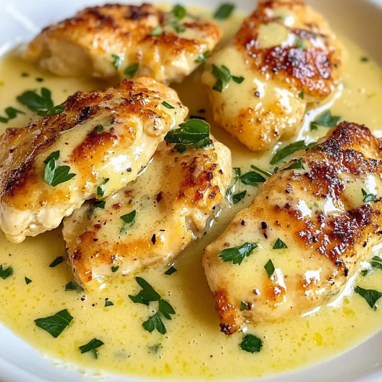 To make Creamy Garlic Parmesan Chicken, you will need: - 4 boneless, skinless chicken breasts - 2 tablespoons olive oil - 4 cloves garlic, minced - 1 cup heavy cream - 1 cup grated Parmesan cheese - 1 teaspoon Italian seasoning - Salt and pepper to taste - Fresh parsley, chopped (for garnish) Each ingredient adds unique flavor and texture. The chicken breasts are the star, while garlic and Parmesan provide rich taste. You can swap ingredients if needed. Here are some ideas: - Chicken: Use thighs for more flavor. - Olive oil: Use butter for a richer taste. - Heavy cream: Substitute with half-and-half for a lighter sauce. - Fresh parsley: Use dried parsley if fresh is not available. These swaps keep the dish tasty while meeting your pantry needs. Measuring accurately helps ensure the best results. Here are some tips: - Use a kitchen scale for chicken to get even sizes. - Measure liquids with a clear measuring cup for precision. - Grate your Parmesan cheese fresh for better melting. Following these notes will help your dish turn out perfect every time. {{ingredient_image_1}} First, take your chicken breasts and season them. Use salt, pepper, and Italian seasoning. Make sure to cover both sides well. This adds great flavor. Next, get a large skillet and heat two tablespoons of olive oil over medium-high heat. When the oil is hot, add the seasoned chicken to the skillet. Sear the chicken for about 5-7 minutes on each side. You want it to be golden brown and cooked through. Once done, remove the chicken and place it on a plate. In the same skillet, lower the heat to medium. Add four minced garlic cloves to the pan. Sauté the garlic for about one minute until it smells great. Now, pour in one cup of heavy cream. Stir it well with the garlic. Let it simmer gently for about 2-3 minutes. Slowly whisk in one cup of grated Parmesan cheese. Keep stirring until it melts and the sauce gets smooth. This is where the creamy magic happens! Return the chicken to the skillet. Make sure each piece gets coated in the creamy sauce. Cook for an extra 2-3 minutes. This heats the chicken through. Finally, remove the skillet from the heat. Garnish with chopped fresh parsley before serving. This adds a nice touch and some color. Enjoy your creamy garlic Parmesan chicken! To get the best creamy sauce, use heavy cream. It makes the sauce rich. You can also let the sauce simmer gently. This helps it thicken. Stir in the grated Parmesan cheese slowly. This ensures it melts well. If your sauce seems too thick, add a splash of chicken broth or milk. Cook the chicken on medium-high heat. This gives a nice sear and keeps it juicy. When adding the garlic, lower the heat to medium. Garlic cooks fast, and you don’t want it to burn. After adding the cream and cheese, keep the heat low. This helps the sauce stay smooth and creamy. Watch out for overcooking the chicken. It can dry out quickly. Always season your chicken before cooking. This adds flavor. Do not rush the sauce; let it simmer. If you skip this step, the sauce may not be as thick. Lastly, avoid using pre-grated cheese. It often has additives that stop it from melting smoothly. Pro Tips Perfectly Sear Your Chicken: Ensure your skillet is hot enough before adding the chicken. This will help achieve a nice golden crust. Use Fresh Garlic: Fresh garlic will give you a more intense flavor compared to pre-minced garlic. Make sure to sauté it just until fragrant to avoid bitterness. Thicken Your Sauce: If you prefer a thicker sauce, let it simmer a bit longer after adding the Parmesan cheese to achieve your desired consistency. Garnish for Flavor: Don’t skip the fresh parsley! It adds a pop of color and a fresh flavor that brightens the dish. {{image_2}} You can boost the taste by adding veggies. Try spinach, broccoli, or bell peppers. These add color and nutrients. To start, sauté the vegetables in the same skillet after cooking the garlic. This way, they soak up all the flavors. Cook them for 3-5 minutes until tender. Then, mix them with the creamy sauce and chicken. This method makes every bite more enjoyable. If you want to switch up the protein, try using shrimp or tofu. Both options work well with the creamy sauce. For shrimp, cook them for about 3-4 minutes per side until they turn pink. For tofu, use firm tofu and sauté it until golden. Follow the same steps for the sauce, and you will have a new dish that still tastes great. To make this dish lighter, you can make simple swaps. Use low-fat milk instead of heavy cream. This change cuts calories but keeps some creaminess. You can also reduce the cheese or use nutritional yeast for a cheese-like flavor. Lastly, season with lemon juice for zest. These changes make the dish healthier without losing taste. Enjoy a guilt-free version of creamy garlic parmesan chicken! Store leftovers in an airtight container. Make sure to let the chicken cool first. Place the chicken with sauce in the container. This method helps keep the flavors intact. You can keep it in the fridge for up to three days. If you want to enjoy it later, consider freezing. To reheat, take the chicken out of the fridge. Place it in a skillet over low heat. Add a splash of cream or broth to keep it moist. Heat for about 5-7 minutes until warm. Stir occasionally to avoid burning. You can also use a microwave for a quick option. Just cover it and heat in 30-second bursts. Check often to avoid overcooking. If you want to freeze the chicken, do so before reheating. Place the cooled chicken and sauce in a freezer-safe bag. Remove as much air as possible before sealing. This will help prevent freezer burn. You can freeze it for up to three months. When ready to eat, thaw in the fridge overnight. Reheat as mentioned above for the best results. You can serve this dish with many sides. Here are some ideas: - Steamed broccoli for crunch and color. - Mashed potatoes to soak up the creamy sauce. - Rice, which pairs well with the rich flavors. - A simple salad for a fresh touch. - Garlic bread to enjoy every bit of sauce. These sides add balance and make the meal complete. Yes, you can make this recipe ahead of time. Cook the chicken and sauce as directed. Let it cool, then store it in an airtight container. Keep it in the fridge for up to three days. When you are ready to eat, just reheat it on the stove. Add a splash of cream to keep it creamy. This makes meal prep easy. To serve more people, just increase the ingredients. For every extra two servings, add one more chicken breast. You should also increase cream and cheese. Keep the seasoning the same for flavor. Make sure your skillet is large enough to hold everything. If needed, cook in batches to keep it easy. This way, everyone gets to enjoy this tasty dish. This blog post covered how to make Creamy Garlic Parmesan Chicken. We looked at key ingredients, substitutes, and measurements. I shared step-by-step instructions for preparing the chicken and cooking the sauce. You learned tips for making the sauce creamy and avoiding common mistakes. We explored tasty variations and how to store leftovers. In the end, this dish is easy and fun to make. Enjoy your cooking!